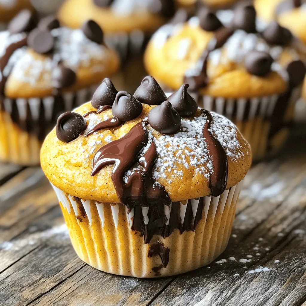 To make delicious pumpkin chocolate chip muffins, you need key ingredients. Here’s what you will need: - 1 cup pumpkin puree - 1/2 cup brown sugar - 1/4 cup granulated sugar - 1/2 cup vegetable oil - 2 large eggs - 1 teaspoon vanilla extract - 1 1/2 cups all-purpose flour - 1 teaspoon baking powder - 1/2 teaspoon baking soda - 1 teaspoon ground cinnamon - 1/2 teaspoon ground nutmeg - 1/4 teaspoon salt - 1/2 cup chocolate chips These ingredients blend well to create a moist and tasty muffin. The pumpkin adds moisture and flavor. The sugars give sweetness, while the chocolate chips bring joy in every bite. You can enhance the flavor with fun add-ins. Consider these options: - Chopped nuts, like walnuts or pecans - Dried fruit, such as cranberries or raisins - A dash of ginger or cloves for warmth These add-ins can make your muffins unique. Feel free to experiment with what you love! If you need to swap out ingredients, it’s easy! Here are some substitutions: - Use applesauce for half the oil for a lighter muffin. - Substitute whole wheat flour for all-purpose flour for more fiber. - Use maple syrup instead of brown sugar for a richer taste. These substitutions can change the muffins while keeping them tasty. You can adjust based on your needs or what you have at home. For the full recipe, check the earlier section. Start by gathering all your ingredients. You need pumpkin puree, sugars, oil, eggs, and more. Preheat your oven to 350°F (175°C). This step is key! Line your muffin tin with paper liners or grease it lightly. This helps prevent sticking. 1. In a large bowl, whisk together pumpkin puree, brown sugar, granulated sugar, vegetable oil, eggs, and vanilla extract. Mix until everything is well blended. 2. In another bowl, combine all-purpose flour, baking powder, baking soda, cinnamon, nutmeg, and salt. 3. Gradually add the dry mix to the pumpkin mix. Stir gently until just combined. A few lumps are fine! 4. Fold in the chocolate chips. Make sure they spread evenly through the batter. 5. Spoon the batter into your prepared muffin tin, filling each cup about two-thirds full. 6. Bake for 18-20 minutes. Test doneness by inserting a toothpick in the center of a muffin. If it comes out clean, they’re ready! 7. Let the muffins cool in the pan for 5 minutes. Then, transfer them to a wire rack to cool completely. To check if your muffins are done, use a toothpick. Insert it into the center of a muffin. If it comes out clean, the muffins are ready. If it has wet batter, bake a few more minutes. Muffins can be tricky, so check them around 18 minutes. Each oven is a bit different, so keep an eye on them! When baking pumpkin chocolate chip muffins, avoid overmixing the batter. This makes the muffins tough. Mix just enough so the dry and wet ingredients blend well. Another mistake is not measuring ingredients correctly. Use measuring cups for accuracy. If you skip the spices, you lose flavor. Always add cinnamon and nutmeg for warmth. For fluffy muffins, use room-temperature eggs and oil. This helps the batter combine better. Make sure your baking powder and baking soda are fresh. Old leavening agents can lead to dense muffins. Fill each muffin cup about two-thirds full. This allows the muffins to rise without spilling over. Serve your muffins warm for the best taste. You can dust them with powdered sugar for flair. A drizzle of melted chocolate makes them extra special. Pair these muffins with a hot cup of coffee or tea. For a fun twist, try them with vanilla ice cream. Enjoy these delicious treats any time of day! For the full recipe, check the earlier section. {{image_2}} You can easily make gluten-free pumpkin chocolate chip muffins. Use gluten-free flour instead of regular flour. This swap keeps the muffins light and tasty. Make sure to check that your baking powder is gluten-free as well. You can also add a bit of xanthan gum to help with texture. This makes the muffins rise nicely and keeps them fluffy. For dairy-free muffins, swap out the vegetable oil for coconut oil. You can also use a dairy-free milk like almond or oat milk in place of any milk. There are many dairy-free chocolate chips on the market now. These will give you the same rich chocolate flavor without any dairy. You can add fun spices and mix-ins to change the flavor. Try adding a pinch of ginger or allspice for a warm kick. Chopped nuts, like walnuts or pecans, add a nice crunch. You could also fold in some dried cranberries or raisins for a fruity touch. Want a chocolate overload? Use double chocolate chips. You can even drizzle melted chocolate on top for extra sweetness. Check out the Full Recipe for these delicious muffins and start your baking adventure! To keep your pumpkin chocolate chip muffins fresh, store them in an airtight container. Place a piece of parchment paper between layers to prevent sticking. They can last up to three days at room temperature. For longer storage, keep them in the fridge. Just make sure to seal them well. This helps avoid drying out. Freezing muffins is easy and smart. Wrap each muffin in plastic wrap. Then, place them in a freezer bag or airtight container. They can stay fresh for up to three months in the freezer. When you want one, just remove it from the bag and let it thaw at room temperature. You can also warm it up in the microwave for a quick treat. To enjoy your muffins warm, reheat them in the oven. Set it to 350°F (175°C) and heat for about 5 to 10 minutes. This brings back their soft texture. You can also use the microwave for about 15 to 20 seconds. Just be careful not to overheat them, or they may become dry. For added fun, top with a bit of butter or more chocolate chips when warm. To make pumpkin chocolate chip muffins, gather your ingredients first. You need pumpkin puree, sugars, oil, eggs, vanilla, flour, baking powder, baking soda, spices, salt, and chocolate chips. Mix the wet ingredients in one bowl. In another bowl, combine the dry ingredients. Gradually add dry to wet. Stir gently until just mixed. Then, fold in the chocolate chips. Pour the batter into a muffin tin and bake. For the full recipe, check the section above. Yes, you can use fresh pumpkins. First, you need to cook the pumpkin. Cut it in half and remove the seeds. Roast or steam it until soft. Then, scoop out the flesh and mash it. Make sure to measure out the right amount for your recipe. Fresh pumpkin may have a different taste, but it adds great flavor to your muffins. Pumpkin chocolate chip muffins stay fresh for about three days when stored at room temperature. Keep them in an airtight container to prevent drying out. If you want to keep them longer, you can freeze them. They can last up to three months in the freezer. Just make sure to wrap them well! If you want a different flavor, you can use nuts or dried fruit instead of chocolate chips. Chopped walnuts or pecans add crunch. Dried cranberries or raisins bring a nice sweetness. You can also use white chocolate chips or butterscotch chips for a fun twist. Be creative and choose what you like! You learned the key ingredients for making tasty pumpkin chocolate chip muffins. We covered both must-haves and fun add-ins. I shared detailed steps for baking and tips to avoid common mistakes. You can also find gluten-free and dairy-free options to suit your needs. These muffins can be stored well and reheated easily. I hope you feel inspired to bake your own delicious batch. Enjoy every bite and share them with friends and family!
