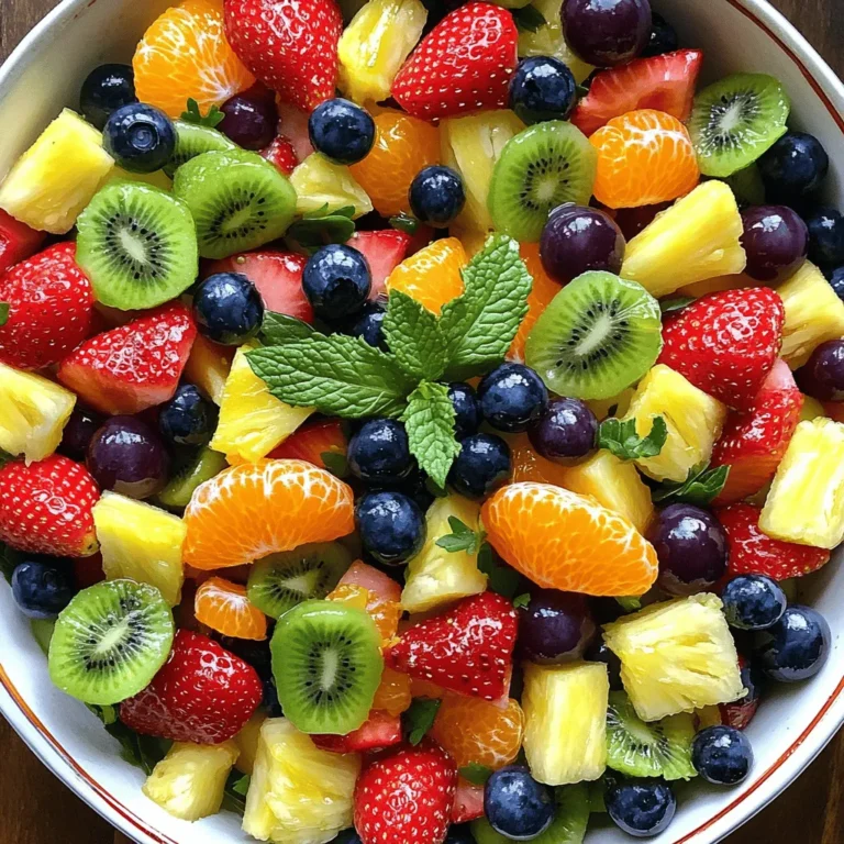 To create a vibrant rainbow fruit salad, you need a mix of colorful fruits. Here’s what I use: - 1 cup strawberries, hulled and quartered - 1 cup orange segments - 1 cup pineapple chunks - 1 cup kiwifruit, peeled and sliced - 1 cup blueberries - 1 cup purple grapes, halved Each fruit adds its own color and flavor. Strawberries bring a bright red, while oranges add a sunny hue. Pineapple gives a tropical twist, and kiwifruit adds a pop of green. Blueberries and grapes complete the rainbow, making it fun to eat! The dressing is simple but tasty. You will need: - 2 tablespoons honey - 1 tablespoon fresh lime juice This mix of honey and lime juice makes the fruits shine. The honey adds sweetness, and the lime juice gives a nice tang. Together, they enhance the flavors of the fruits. For an extra touch, add a few garnishes. Here are my favorites: - Fresh mint leaves Mint adds a refreshing flavor and bright color. It makes the salad look even better. You can sprinkle some on top right before serving. For the complete recipe, refer to the section labeled Full Recipe. Start by washing all the fruits well. This keeps them fresh and clean. - Cut the strawberries into quarters after hulling them. - Peel and slice the kiwifruit into rounds. - Segment the oranges and remove any seeds. - Chop the pineapple into bite-sized chunks. - Halve the grapes and keep the blueberries whole. Now, gather all the prepared fruits in a large mixing bowl. This colorful mix sets the stage for your rainbow fruit salad. In a small bowl, mix together honey and fresh lime juice. - Use two tablespoons of honey for sweetness. - Add one tablespoon of lime juice for tang. Whisk these ingredients until they blend smoothly. This dressing adds a zesty kick to your fruit salad. Pour the honey-lime dressing over the fruit in the large bowl. Gently toss the fruits together to coat them evenly. Be careful not to mash the fruits as you mix. Cover the bowl and refrigerate for 15 to 20 minutes. This chilling time lets the flavors blend well. Before serving, give the salad another gentle toss. Garnish with fresh mint leaves for a bright touch. Enjoy your colorful and tasty delight! For full instructions, check the Full Recipe. To make a great rainbow fruit salad, select fresh, ripe fruits. Look for strawberries that are bright and firm. Choose oranges that feel heavy for their size. Pineapples should smell sweet and have a slight give when pressed. For kiwi, pick ones that yield slightly to pressure. Blueberries and grapes should be plump and shiny. Avoid any fruits with bruises or soft spots. Cut your fruits in uniform sizes. This helps them mix well. For strawberries, remove the green tops and slice them into quarters. Peel the kiwi and slice it into rounds, then cut the rounds into half. For oranges, remove the peel and cut them into segments. Pineapple needs to be cored and chopped into chunks. Grapes can be halved or left whole, depending on your preference. Always wash your fruits well to remove dirt and pesticides. Make your salad look appealing. Use a clear bowl to show off the colors. Layer the fruits in the bowl for a beautiful rainbow effect. Add mint leaves on top for a fresh touch. You can also serve the salad in individual cups for a fun twist. For extra flair, drizzle some honey-lime dressing on top just before serving. This makes each bite pop with flavor. For the full recipe, check out the detailed instructions. {{image_2}} You can mix up your rainbow fruit salad with different fruits. Try adding mango for a sweet twist. Raspberries bring a tart flavor that contrasts nicely. Peaches or nectarines add a juicy layer. For a touch of crunch, include apples. You can also use pomegranate seeds for a burst of color. Each fruit adds its own unique taste and fun texture. If you want a vegan version, skip the honey. Use maple syrup or agave nectar instead. This keeps the salad sweet and plant-based. For those with allergies, leave out the grapes or substitute them with sliced bananas. You can also use any fruit that is safe for your guests. This way, everyone can enjoy the salad without worry. Want to get creative? Try a tropical theme with fruits like coconut and papaya. For a holiday twist, use cranberries and figs. A breakfast theme can include berries with yogurt. Each theme adds fun and helps create a special event. You can make the rainbow fruit salad fit any occasion. Use your imagination and have fun with it! For the full recipe, check out the details provided earlier. To keep your rainbow fruit salad fresh, store it in the fridge. Place any leftovers in a clean bowl. Cover it tightly with plastic wrap or a lid. This helps keep the fruits crisp and tasty. Avoid leaving it out for a long time, as fruits can spoil quickly. The right container makes a big difference. Use glass or plastic containers with tight lids. These materials help keep air out and moisture in. If you plan to take the salad on a picnic, choose a sturdy container. A large mason jar can also work well for single servings. A prepared fruit salad can last about 2-3 days in the fridge. After that, the fruits may become mushy. If you notice any browning or off smells, it’s best to toss it. For the freshest taste, enjoy your rainbow fruit salad within the first day or two. For the full recipe, check out the Rainbow Fruit Salad section. The best fruits for a rainbow fruit salad include strawberries, oranges, pineapples, kiwis, blueberries, and grapes. These fruits provide bright colors and great taste. You can also add bananas or raspberries for extra flavor. Each fruit adds its unique sweetness and texture, making your salad fun and vibrant. Yes, you can prepare fruit salad in advance! I often make it a few hours before serving. To keep it fresh, store the salad in the fridge. Cover it tightly to prevent air from getting in. This keeps the fruit crisp and tasty until it's time to eat. Rainbow fruit salad is packed with vitamins and minerals. It is low in calories and high in fiber. Each fruit contributes different nutrients. Strawberries have vitamin C, while kiwis are rich in potassium. This mix helps keep you healthy and energized. To prevent fruit from browning, use lemon or lime juice. The acid in the juice slows down the browning process. Mix the juice with your fruit right after cutting it. This keeps your salad looking fresh and colorful. You can also store it in airtight containers to minimize exposure to air. This blog post explored how to create a vibrant rainbow fruit salad. We discussed the best fruits, a simple honey-lime dressing, and optional garnishes to enhance your dish. I shared tips on picking fresh fruits and cutting them correctly. You learned about fun variations to keep things exciting, plus how to store your leftovers properly. Fruit salad is not just a tasty treat, but a fun way to enjoy healthy snacks. With these steps, you can impress anyone and make colorful meals. Enjoy creating your own rainbow fruit salad!
