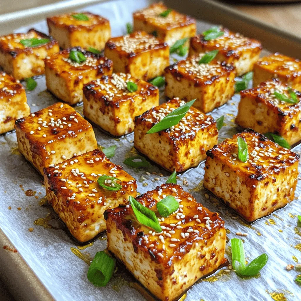 To make crispy baked tofu, you need a few key items. Here’s the list: - 1 block (14 oz) firm tofu - 2 tablespoons cornstarch - 3 tablespoons soy sauce (or tamari for gluten-free) - 1 tablespoon sesame oil - 1 tablespoon rice vinegar - 1 teaspoon garlic powder - 1 teaspoon smoked paprika - Salt and pepper to taste These ingredients work together to create a savory, crispy snack or meal. You can add extra taste with these optional items: - 2 tablespoons sesame seeds - Green onions for garnish Sesame seeds give a nice crunch, and green onions add a fresh touch. If you have specific dietary needs, don’t worry! You can swap some ingredients: - Use tamari instead of soy sauce for gluten-free. - Replace sesame oil with olive oil if you prefer. - Use apple cider vinegar instead of rice vinegar for a different taste. - For a nut-free option, skip the sesame seeds. These swaps keep the dish tasty while meeting your dietary needs. You can find the [Full Recipe] for more detailed cooking steps. Start by preheating your oven to 400°F (200°C). This temperature gives the tofu a nice crisp. Next, take your block of firm tofu and drain it well. Press the tofu between paper towels to remove excess water. I like to place a heavy object on top for about 15 minutes. This step helps the tofu soak up flavors better later. Once the tofu is pressed, cut it into bite-sized cubes or rectangles. Choose a size you enjoy. Smaller pieces get crispier, while larger ones stay a bit softer. In a large bowl, mix the following ingredients: - 3 tablespoons soy sauce (or tamari for gluten-free) - 1 tablespoon sesame oil - 1 tablespoon rice vinegar - 1 teaspoon garlic powder - 1 teaspoon smoked paprika - Salt and pepper to taste Stir the marinade well until it combines. Add the tofu pieces to the bowl. Gently toss them so every piece gets coated. Let the tofu marinate for about 10 minutes. This allows the tofu to absorb all those tasty flavors. Next, sprinkle 2 tablespoons of cornstarch over the marinated tofu. Toss again until each piece is well-coated. The cornstarch helps create that lovely crunch when baked. Spread the tofu pieces evenly on a parchment-lined baking sheet. Make sure they are not touching. This space allows hot air to circulate and crisp up the tofu. Bake the tofu in your preheated oven for 25 to 30 minutes. Flip the pieces halfway through baking to ensure even crispiness. If you like, sprinkle sesame seeds over the tofu in the last 5 minutes. This adds extra crunch and flavor. Once they are golden brown and crispy, remove them from the oven. Let the tofu cool for a few minutes before serving. Garnish with chopped green onions for a fresh touch. Enjoy your crispy baked tofu! For the full recipe, check out the earlier section. To get crispy baked tofu, start with firm or extra-firm tofu. This type holds its shape well. After draining the tofu, press it firmly. I like using paper towels and a heavy pan. This step removes extra water. Less moisture means more crunch! Coating the tofu in cornstarch is key. It helps create a crispy crust when baking. Make sure to spread the tofu pieces out on the baking sheet. They should not touch. This allows hot air to circulate around each piece, making them crispy. One common mistake is skipping the pressing step. If you don’t press, your tofu will be soggy. Another mistake is not letting the tofu marinate long enough. Ten minutes can make a big difference in flavor. Also, avoid overcrowding the baking sheet. This leads to steaming instead of baking. Lastly, resist opening the oven door often. Each time you do, the heat escapes. Crispy baked tofu pairs well with many sides. Serve it over rice or quinoa for a filling dish. Add steamed broccoli or a fresh salad for greens. You can also toss it in a stir-fry with your favorite veggies. Drizzle some soy sauce or a spicy sauce on top for extra flavor. Check the full recipe for more ideas on how to enjoy this tasty dish! {{image_2}} You can change the taste of your crispy baked tofu by using different marinades. For an Asian twist, try adding ginger and hoisin sauce. If you want it spicy, mix in some sriracha or chili paste. You can even go Italian with olive oil, balsamic vinegar, and Italian herbs. Experiment with flavors to find the one you love most. Adding veggies to your tofu can make it even better. You can toss in bell peppers, broccoli, or carrots. These add color and nutrients. Nuts and seeds also work well. They bring in healthy fats and protein. Consider adding a handful of spinach for more vitamins without changing the taste much. Dipping sauces can take your tofu to the next level. A simple soy sauce mix with lime juice is refreshing. You can also try a peanut sauce for a creamy texture. For something sweet, use a honey and mustard blend. These sauces add variety and make each bite exciting. For the full recipe to make crispy baked tofu, check the earlier sections. To store leftover crispy baked tofu, let it cool to room temperature. Next, place it in an airtight container. You can keep it in the fridge for up to three days. This helps to keep it fresh and safe to eat. If you want to keep it longer, consider freezing. Reheating crispy baked tofu can be tricky. To keep it crispy, use the oven. Preheat the oven to 375°F (190°C). Spread the tofu on a baking sheet. Heat for about 10-15 minutes, flipping halfway. You can also use an air fryer for crispiness. Just set it to 350°F (175°C) for 5-7 minutes. If you want to freeze crispy baked tofu, it’s best to do this before reheating. After cooling, spread the tofu on a baking sheet. Freeze it for 1-2 hours until solid. Then, transfer the pieces to a freezer bag. Remove any air to prevent freezer burn. You can store it for up to three months. When ready to use, bake directly from frozen. The best tofu for baking is firm or extra-firm tofu. This type holds its shape well. Soft or silken tofu can break apart during cooking. Firm tofu gives you that perfect crispy texture. Yes, you can make this recipe gluten-free. Just use tamari instead of soy sauce. Tamari tastes similar but does not contain gluten. Always check labels to ensure all ingredients are gluten-free. You can skip the oil and still get crispy tofu! Use cornstarch to coat the tofu pieces. Bake them with enough space in between. This will help them crisp up without oil. You can store crispy baked tofu in the fridge for about 3 to 5 days. Keep it in an airtight container to maintain freshness. Reheat it in the oven for the best texture. Absolutely! You can use any spices you like. Try curry powder, chili powder, or Italian herbs. Get creative and mix flavors to find what you enjoy best. Check the Full Recipe for a great base to start! This post covered making crispy baked tofu. You learned key ingredients, steps, and tips. I shared how to prepare, marinate, and bake tofu for the best results. Remember to avoid common mistakes and try different flavor variations. Always store leftovers properly for later enjoyment. With these ideas, you can make delicious, healthy meals. Enjoy your cooking journey with crispy baked tofu!