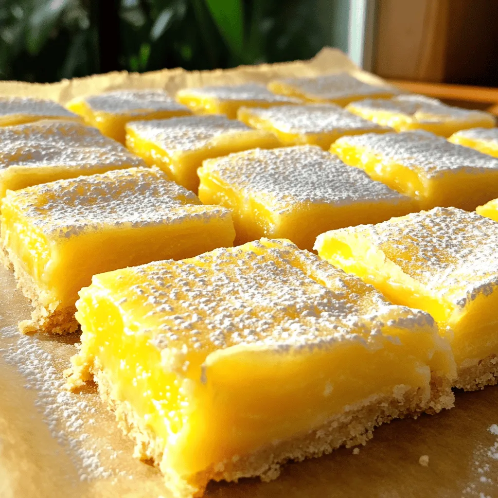 - 1 cup all-purpose flour - 1/2 cup powdered sugar - 1/2 cup unsalted butter, softened - 1 cup granulated sugar - 2 large eggs - 1/4 cup fresh lemon juice (about 2 lemons) - Zest of 1 lemon - 1 teaspoon baking powder - A pinch of salt - Extra powdered sugar for dusting When you choose lemons, pick the freshest ones. They give the best flavor. If you cannot use butter, try coconut oil. If you want to cut sugar, use a sugar substitute. Both will still work well in this recipe. You will need a 9x9-inch baking dish. It is perfect for this recipe. You also need mixing bowls and a whisk. These tools make the process easy and fun. 1. Preheat the oven to 350°F (175°C). Grease a 9x9-inch baking dish. This helps the bars come out easily. 2. In a mixing bowl, mix 1/2 cup of softened butter, 1/2 cup of powdered sugar, and 1 cup of all-purpose flour. Stir until the mixture looks crumbly and well blended. This forms the crust. 1. Press the mixture firmly into the bottom of your greased baking dish. Make sure it’s even. 2. Bake the crust in your preheated oven for 15 to 20 minutes. Look for lightly golden edges. Once done, take it out and let it cool slightly. 1. In a separate bowl, whisk together 1 cup of granulated sugar, 2 large eggs, 1/4 cup of fresh lemon juice, lemon zest, 1 teaspoon of baking powder, and a pinch of salt. Mix until smooth and fully combined. This creates the tangy filling. 2. Pour the lemon filling over the cooled crust. Place it back in the oven. Bake for 20 to 25 minutes until the filling is set and the edges are slightly puffed. Now, you have a delicious base and filling ready to shine in your Easy Lemon Bars. For a full recipe with all the steps, check out the Full Recipe link. Enjoy this refreshing treat! To make the best lemon bars, start with even mixing. This helps create a smooth filling. Use a whisk or electric mixer to blend your ingredients well. A well-mixed filling sets evenly. Always choose fresh lemon juice over bottled juice. Fresh juice gives a bright taste. It also adds a lovely aroma. Bottled juice can taste flat. So, grab some fresh lemons for the best flavor. To avoid a soggy crust, bake it fully. A golden edge means it’s ready for your filling. If you skip this step, the crust may not hold up. Overcooking the filling is another common issue. Watch your lemon bars closely in the oven. They should be set but still slightly jiggly in the center. This ensures a smooth texture. Dust your lemon bars with powdered sugar for a sweet touch. This adds a nice contrast to the tart filling. You can also cut them into fun shapes. For serving, pair your lemon bars with a cup of tea or coffee. This makes a delightful treat. You can also add fresh berries on the side for color and flavor. Enjoy your zesty lemon dream bars! For the full recipe, check above. {{image_2}} You can have fun with lemon bars by adding flavors. A hint of vanilla brightens the taste. Just mix in one teaspoon of vanilla extract when you make the filling. It adds warmth and depth. You can also combine lemon bars with berries. Blueberries or raspberries work well. Simply sprinkle them on top of the filling before baking. This adds color and a burst of flavor. If you need a gluten-free option, you can use almond flour or a gluten-free blend. Almond flour gives a nutty taste, while gluten-free blends work just like regular flour. Substitute the same amount in the recipe. Your lemon bars will still be tasty and satisfying. You can make lemon bars vegan by substituting eggs and butter. Use flax eggs instead of regular eggs. To make one flax egg, mix one tablespoon of ground flaxseed with three tablespoons of water. Let it sit for five minutes to thicken. For butter, use coconut oil or vegan butter. This keeps the texture rich without using animal products. Your lemon bars will still be delicious and fresh, perfect for everyone to enjoy. For the full recipe, check out the [Full Recipe]. To keep your lemon bars fresh, store them in an airtight container. Place parchment paper between layers to prevent sticking. The best temperature for storage is in the fridge. To freeze lemon bars, first cut them into squares. Wrap each piece in plastic wrap tightly. Then, place them in a freezer-safe bag or container. For thawing, move them to the fridge for a few hours or overnight. You can also leave them at room temperature for about an hour. Lemon bars last about a week in the fridge. If frozen, they can stay good for about three months. Always check for any signs of spoilage before eating. To cut lemon bars cleanly, use a hot knife. Run the knife under hot water, then dry it. This method helps you get neat edges. Cut straight down and avoid dragging the knife. A clean cut makes your bars look great on a plate. You can use bottled lemon juice, but it may change the taste. Fresh lemon juice offers a bright and zesty flavor. Bottled juice often lacks the same freshness. If you can, choose fresh lemons for the best results. Lemon bars are done when the filling is set. Look for a slight puff around the edges. The center should not jiggle much. A toothpick inserted in the center should come out mostly clean. Keep an eye on them as they bake. Yes, you can use other citrus fruits! Try limes, oranges, or grapefruit for a twist. The flavor will change, but it can be fun. Just use the same amount of juice as the lemon juice in the recipe. Lemon bars pair well with tea or coffee. A scoop of vanilla ice cream or whipped cream adds a nice touch. Fresh berries or mint leaves can brighten the plate. Enjoy them as a sweet snack or dessert! We covered how to make delicious lemon bars with simple steps and helpful tips. Fresh ingredients make a big difference in flavor. Remember to use quality lemons for the best taste. Try various twists, like adding berries or making it gluten-free. Store your bars properly to keep them fresh. By following these guidelines, you can create treats that everyone will enjoy. Happy baking!