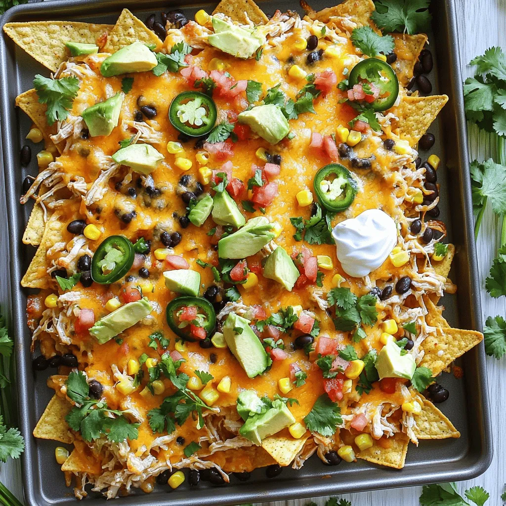 To make loaded nachos with chicken, you need a few simple ingredients. Here’s the list: - Tortilla chips - Cooked chicken (shredded) - Black beans - Corn - Shredded cheddar cheese - Sliced jalapeños - Avocado - Sour cream - Pico de gallo or salsa - Olive oil - Cumin - Chili powder - Salt and pepper - Fresh cilantro These ingredients create a tasty and filling dish. Start by gathering everything before you cook. It makes cooking easier and fun! Each ingredient adds a unique flavor. The shredded chicken gives protein, while black beans add fiber. The cheese melts beautifully and brings everything together. Don’t forget the fresh cilantro for a burst of flavor! If you want to see how to use these ingredients, check the Full Recipe. You'll find step-by-step instructions to guide you through. Enjoy creating your loaded nachos with chicken! Preheat and Prepare - Preheat oven to 350°F (175°C). - Heat 2 tablespoons of olive oil in a skillet over medium heat. Combine the Chicken Mixture - Add 2 cups shredded chicken, 1 cup black beans, and 1 cup corn to the skillet. - Season with 1 teaspoon cumin, 1 teaspoon chili powder, salt, and pepper to taste. - Stir well and cook for about 5-7 minutes until heated through. Assemble the Nachos - Spread 1 bag of tortilla chips evenly on a large baking sheet. - Distribute the chicken mixture over the tortilla chips. - Sprinkle 2 cups shredded cheddar cheese generously on top. - Add 1 cup sliced jalapeños for a spicy kick. - Bake in the preheated oven for about 15 minutes, until the cheese melts and bubbles. - Carefully take the nachos out, and let them cool for a couple of minutes. - Add 1 diced avocado, a dollop of 1/2 cup sour cream, and 1/2 cup pico de gallo or salsa on top. - Finish with fresh cilantro for a bright touch. You can find the full recipe above to see all the steps and details! To get the best cheese melt, use shredded cheese instead of slices. Shredded cheese melts faster and more evenly. Sprinkle it generously over your nachos for a gooey finish. Bake the nachos at 350°F until the cheese is bubbly, about 15 minutes. Layering is key to great nachos. Start with a base of chips. Then, add a layer of chicken and beans. Top with more cheese before adding jalapeños. This way, every bite is full of flavor. Presentation matters. Serve nachos directly on the baking sheet for a fun look. You can also use a large, colorful platter. Drizzle extra sour cream on top and sprinkle cilantro for a bright touch. Dips make nachos even better. Serve with salsa or guacamole for extra flavor. You can also try a creamy cheese dip on the side. It adds a nice twist to the dish. Use a large baking sheet for your nachos. It should be sturdy to hold all the layers. A half-sheet pan works great for this recipe. For cooking chicken, a non-stick skillet is ideal. It helps to keep the chicken from sticking and makes cleanup easy. Make sure it’s large enough for all your ingredients to mix well. {{image_2}} You can switch up the protein in your nachos. Instead of chicken, try beef or turkey. Both options bring a different taste and texture. If you want a lighter meal, consider a vegetarian version. Just skip the meat. Use more beans or add grilled veggies for a hearty dish. Want to add more flavor? Consider extra spices or toppings. Sliced olives can bring a salty kick. You might enjoy different salsas too. A zesty mango salsa or a smoky chipotle sauce can elevate your nachos. Feel free to mix and match your favorite flavors. Looking for healthier nachos? Use low-fat cheese for fewer calories. It will still melt nicely and taste great. You can also choose baked tortilla chips instead of fried ones. This simple swap helps cut down on fat while keeping that crunch you love. To store leftover nachos, place them in an airtight container. If you have toppings like sour cream or avocado, store them separately. Nachos are best eaten within two days for freshness. After that, they may lose their crunch and flavor. When reheating nachos, the oven is the best choice. Preheat the oven to 350°F (175°C). Place the nachos on a baking sheet. Heat them for about 10 minutes. This way, you keep them crispy. The microwave is quicker but can make them soggy. If you use a microwave, reheat in short bursts. Check often to avoid overheating. Yes, you can freeze loaded nachos, but it takes some care. Assemble the nachos without fresh toppings like avocado and sour cream. Wrap them tightly in plastic wrap and place them in a freezer bag. They can stay fresh for up to three months. When ready to eat, thaw them in the fridge overnight. Reheat in the oven to restore their crunch. For the full recipe, check out the Ultimate Cheesy Chicken Nachos. I love using shredded cheddar cheese for loaded nachos. It melts well and adds great flavor. You can also try Monterey Jack or a mix of cheeses for more taste. Each cheese brings its own twist to the dish. If you want a bit of a kick, pepper jack cheese is a fun choice too. Yes, you can prep some parts ahead. Cook the chicken and mix in the beans and corn. Store this mixture in the fridge. You can also slice the jalapeños and dice the avocado. Just keep them separate until you're ready to bake. This way, your nachos stay fresh and tasty when you serve them. To get crispy nachos, use thin tortilla chips. Spread them out on the baking sheet without overlapping. Bake them for a few minutes before adding your toppings. This helps them get hot and crisp. Also, avoid putting too much cheese on top; a little goes a long way for that crunchy texture. Loaded nachos go great with cold drinks. I suggest pairing them with a light beer or a fruity soda. If you prefer something non-alcoholic, try a limeade or iced tea. These drinks balance the rich flavors of the nachos. Absolutely! You can swap out ingredients to fit different diets. Use black beans and veggies for a vegetarian option. For gluten-free nachos, check the chip labels. You can also use dairy-free cheese if you're avoiding dairy. The fun part is making the dish your own. Just use the Full Recipe as a base and get creative! Loaded nachos are easy to make and fun to share. With simple steps, I showed you how to prepare a tasty dish using tortillas, chicken, beans, cheese, and more. Remember to layer your toppings for the best flavor. You can customize these nachos with your favorite ingredients. They’re perfect for parties or a cozy night in. Enjoy experimenting with different flavors and have fun crafting your perfect plate of nachos. You can make them crispy, spicy, or even healthier with a few tweaks. Get cooking!