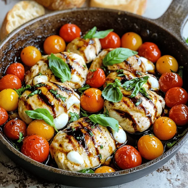 - 2 boneless, skinless chicken breasts - 1 tablespoon olive oil - Salt and pepper to taste - 1 cup cherry tomatoes, halved - 1 cup fresh basil leaves - 1 cup fresh mozzarella balls (bocconcini) - 1 tablespoon balsamic glaze - 1 teaspoon garlic powder - 1 tablespoon Italian seasoning When it comes to chicken, choose high-quality, fresh breasts. Look for organic or free-range options for better flavor and health benefits. Fresh mozzarella should be soft and moist. You want that creamy texture to melt beautifully. For tomatoes, pick bright, plump cherry tomatoes. They add sweetness and color to the dish. Fresh basil will give your meal that aromatic touch. Don't skip the balsamic glaze; it adds a sweet tang that lifts all the flavors. One serving of Chicken Caprese Skillet has about 400 calories. It provides 30 grams of protein, making it great for muscle health. Each serving has 25 grams of fat, mostly from olive oil and cheese. You also get vitamins from tomatoes and basil. This dish is rich in flavor without adding too many carbs, making it a balanced choice. For the full recipe, check [Full Recipe]. Start by getting your ingredients ready. You will need two boneless, skinless chicken breasts. Season them with salt, pepper, garlic powder, and Italian seasoning on both sides. This adds great flavor. Next, halve one cup of cherry tomatoes and set them aside. Also, gather one cup of fresh basil leaves and one cup of fresh mozzarella balls. These will give your dish its fresh taste. Heat one tablespoon of olive oil in a large skillet over medium-high heat. Once the oil is hot, add the seasoned chicken breasts. Cook them for about 5-7 minutes on each side. You want them golden brown and fully cooked, reaching an internal temperature of 165°F. Once cooked, take the chicken out and put it on a plate. In the same skillet, add the halved cherry tomatoes. Cook them for 2-3 minutes until they soften. Lower the heat and add the fresh mozzarella balls. Stir gently so the cheese can melt a bit. After that, return the chicken to the skillet and sprinkle the fresh basil on top. Drizzle with balsamic glaze for extra flavor. Cover the skillet for about 2 minutes. This helps all the flavors mix well and the cheese to melt fully. Serve your Chicken Caprese Skillet right away. You can serve it in the skillet for a nice rustic look. Add extra basil leaves and a splash of balsamic glaze on top. Enjoy it with some crusty bread to soak up those delicious juices! For a full recipe, check the link provided. Avoid overcooking the chicken. This makes it dry and tough. Cook until it reaches 165°F. Use a meat thermometer for best results. Don't forget to season your chicken well. A little salt, pepper, garlic powder, and Italian seasoning go a long way. Lastly, don’t skip the basil. It adds freshness and bright flavor. Add more herbs for extra depth. Fresh oregano or thyme pairs well with this dish. You can also mix in red pepper flakes for a kick. If you love tang, try a splash of lemon juice. It gives a nice balance to the rich mozzarella and olive oil. For a sweeter touch, drizzle in more balsamic glaze at the end. Timing is key for the best Chicken Caprese Skillet. Cook the chicken for 5-7 minutes on each side. When you add the tomatoes, keep an eye on them. They should soften but not turn mushy. When you add the mozzarella, let it melt just a bit. Cover the skillet for about 2 minutes. This melds the flavors nicely without overcooking. For the best taste, serve right away! For a detailed guide, check the Full Recipe. {{image_2}} You can swap out chicken for turkey or tofu. These options work well in this dish. If you want a twist, use zucchini or eggplant instead of chicken. For cheese, try goat cheese or feta. Both add a tangy flavor that pairs nicely with the tomatoes. You can also use balsamic vinegar if you don’t have glaze. It will still give that sweet and sour taste. You can bake the chicken in the oven instead of using a skillet. Preheat your oven to 400°F (200°C). Place the seasoned chicken on a baking dish, and bake for 20-25 minutes. You can also grill the chicken for a smoky flavor. Just cook on medium heat until the chicken reaches 165°F (75°C). Using a slow cooker is another great method. Cook on low for 4-6 hours for tender meat. Try adding different herbs to change the taste. You can use oregano or thyme for a new twist. For a spicy kick, add red pepper flakes or fresh chili. If you love sweet flavors, consider adding a sprinkle of brown sugar to the tomatoes. This can balance the acidity. For a Mediterranean vibe, add olives or artichokes to the dish. These will enhance the flavors and make the meal even more interesting. For the full recipe, check out the Chicken Caprese Skillet section earlier in the article. After cooking your Chicken Caprese Skillet, let it cool to room temp. Place it in an airtight container. Store it in the fridge for up to three days. Make sure to cover the dish well to keep it fresh. The flavors will meld together, making each bite even tastier. If you want to freeze the dish, let it cool completely first. Divide it into portions for easy thawing. Use freezer-safe containers or bags. Chicken Caprese Skillet can last in the freezer for up to three months. When you are ready to eat, thaw it in the fridge overnight before reheating. Reheating can be simple. Use the stove for best results. Heat a skillet on low and add a splash of water or broth. This will help keep the chicken moist. Stir gently as it warms up. You can also use the microwave. Place it in a microwave-safe dish and cover it. Heat in short bursts, stirring in between. Enjoy your meal hot and fresh! It takes about 25 minutes to make Chicken Caprese Skillet. You spend 10 minutes prepping the food. Cooking takes another 15 minutes. With quick steps, you can enjoy a tasty meal fast. Yes, you can use frozen chicken. However, you need to thaw it first. It’s best to let it sit in the fridge overnight. If you’re in a rush, you can use cold water to thaw it. After thawing, season and cook it just like fresh chicken. You can serve Chicken Caprese Skillet with crusty bread or a fresh salad. The bread helps soak up the tasty sauce. A side salad adds a nice crunch and bright flavor. This combo makes your meal even better and more balanced. For the full recipe, check out the section above. This blog post covered all you need for Chicken Caprese Skillet. We explored ingredients, quality, and nutrition. Step-by-step instructions made the cooking easy and clear. Tips helped avoid common mistakes and enhanced flavor. Variations showed how to customize the dish for your taste. Storage advice ensures your leftovers stay fresh. Enjoy making this recipe and having fun in the kitchen. The more you cook, the better you'll get!