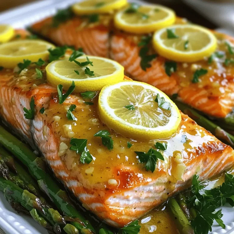 - 4 salmon fillets (6 oz each) - 4 tablespoons unsalted butter - 4 cloves garlic, minced - 1 lemon (juiced and zested) - 1 teaspoon dried thyme - 1 teaspoon dried oregano - Salt and pepper to taste - Fresh parsley, chopped (for garnish) - Lemon slices (for garnish) When you make Garlic Butter Lemon Salmon, these ingredients bring the dish to life. The salmon fillets are the star. Choose fresh, high-quality salmon for the best taste. The butter adds richness, while the garlic gives a deep flavor. The lemon juice and zest brighten the dish. Dried thyme and oregano add a nice herbal note. Don't forget the salt and pepper. They enhance all the flavors. Finally, fresh parsley and lemon slices make great garnishes. They look pretty on the plate and add flair. For the full recipe, check out the detailed steps above. Start by getting your salmon fillets ready. Pat each fillet dry with a paper towel. This step helps the seasoning stick. Next, season both sides with salt, pepper, thyme, and oregano. These spices add great flavor. Set the fillets aside while you prepare to cook. Grab a large skillet and place it over medium heat. Melt the butter in the skillet until it bubbles. This will make your kitchen smell amazing! Once the butter is ready, add the minced garlic. Sauté it for about one minute, just until it is fragrant. Now, carefully place the salmon fillets skin-side down into the skillet. Let them cook for about 4 to 5 minutes. This will give the skin a nice crisp. After that, flip the fillets over. Squeeze in the lemon juice and sprinkle the zest over the top. Cook for another 4 to 5 minutes. You will know the salmon is done when it flakes easily with a fork. As the salmon cooks, baste it with the garlic butter. This adds extra flavor and keeps it moist. Once the salmon is fully cooked, take the skillet off the heat. Garnish the fillets with fresh parsley and lemon slices. Your Garlic Butter Lemon Salmon is now ready to serve! If you want to see the full recipe, check out [Full Recipe]. To cook salmon perfectly, keep a few tips in mind. First, always start with dry fillets. Wet salmon will steam instead of sear. This can lead to dryness. Season both sides with salt, pepper, and herbs before cooking. Next, use medium heat. This allows the salmon to cook evenly without burning. Basting is key to keeping the salmon moist. As you cook, spoon the garlic butter over the fillets. This adds flavor and helps retain moisture. Flip the salmon carefully to avoid breaking it. Cook until it flakes easily with a fork. You can boost flavor with herbs and spices. Fresh dill or tarragon pairs well with salmon. They add a fresh taste. For a kick, try adding red pepper flakes. Adjust the lemon flavor to your liking. If you want it tangy, add more lemon juice. If you prefer milder, use less. Plating is important for a beautiful dish. Serve the salmon on a bed of bright green asparagus. This adds color and makes the dish pop. For garnish, sprinkle fresh parsley on top. Add lemon slices for a fresh look. Drizzling some extra garlic butter over the salmon makes it shine. For a restaurant-style finish, arrange the salmon with care on the plate. Enjoy your meal! {{image_2}} You can easily switch out the salmon for other fish. Trout and cod work great in this recipe. They have mild flavors that pair well with garlic and lemon. Use the same cooking method for these fish. Just make sure to adjust cooking times based on thickness. Trout cooks quickly, so check it sooner than cod. If you need a dairy-free option, simply swap out the butter for olive oil. Olive oil gives a nice flavor and keeps the fish moist. Use the same amount of olive oil as butter in the recipe. This change makes the dish lighter while still being tasty. Pair Garlic Butter Lemon Salmon with delicious sides to make a full meal. Quinoa adds a nutty flavor and is full of protein. Roasted vegetables like broccoli or asparagus add color and nutrients. You can also serve it with a fresh green salad for a crisp bite. These sides balance the richness of the salmon and keep the meal light. For the full recipe, check out the earlier section. To store leftover Garlic Butter Lemon Salmon, place it in an airtight container. Make sure the salmon cools down before sealing. Keep it in the fridge for up to three days. This helps keep the flavors fresh. If you want to freeze the salmon, wrap each fillet tightly in plastic wrap. Then place them in a freezer bag. This will help keep the salmon's texture. Use the frozen salmon within three months for the best taste. When reheating, use a skillet on low heat. Add a splash of water or broth to keep it moist. Cover the skillet to trap steam. You can also use the microwave, but do it in short bursts. This helps prevent drying out the salmon. Enjoy your meal like it was just cooked! To tell if salmon is cooked, look for a few signs. First, check the color. Salmon should look opaque and no longer bright pink. Second, you can test the texture. Use a fork to gently flake the salmon. If it flakes easily, it’s done. The internal temperature should reach 145°F. This means it's safe to eat. Remember, overcooking salmon can make it dry. So, keep an eye on it! Yes, you can cook Garlic Butter Lemon Salmon in the oven. Preheat your oven to 400°F. Start by preparing the salmon as you would for the skillet. Place the seasoned salmon fillets on a baking sheet lined with parchment paper. Melt the butter and mix it with minced garlic, lemon juice, and zest. Pour this mixture over the salmon. Bake for about 12-15 minutes, or until the salmon is cooked through. This method makes for easy cleanup and still keeps the fish moist. Several sides go well with Garlic Butter Lemon Salmon. Here are some great options: - Steamed asparagus - Roasted broccoli - Garlic mashed potatoes - Quinoa salad - Fresh green salad These sides enhance the meal and balance the flavors. You can mix and match based on your taste! For more ideas, check out the Full Recipe. This blog post covers how to make Garlic Butter Lemon Salmon. You learned about key ingredients like salmon, butter, and garlic. I shared step-by-step instructions for preparing, cooking, and garnishing the dish. Tips helped ensure perfect cooking and suggested flavor enhancements. You explored variations and storage tips for leftovers. Try this recipe to enjoy a tasty and easy meal. Simple steps lead to great flavors. Happy cooking!