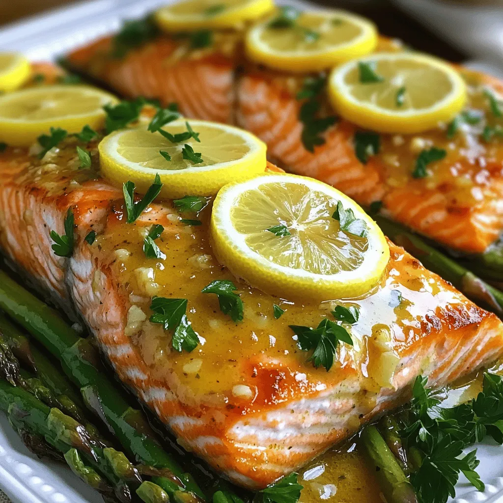 - 4 salmon fillets (6 oz each) - 4 tablespoons unsalted butter - 4 cloves garlic, minced - 1 lemon (juiced and zested) - 1 teaspoon dried thyme - 1 teaspoon dried oregano - Salt and pepper to taste - Fresh parsley, chopped (for garnish) - Lemon slices (for garnish) When you make Garlic Butter Lemon Salmon, these ingredients bring the dish to life. The salmon fillets are the star. Choose fresh, high-quality salmon for the best taste. The butter adds richness, while the garlic gives a deep flavor. The lemon juice and zest brighten the dish. Dried thyme and oregano add a nice herbal note. Don't forget the salt and pepper. They enhance all the flavors. Finally, fresh parsley and lemon slices make great garnishes. They look pretty on the plate and add flair. For the full recipe, check out the detailed steps above. Start by getting your salmon fillets ready. Pat each fillet dry with a paper towel. This step helps the seasoning stick. Next, season both sides with salt, pepper, thyme, and oregano. These spices add great flavor. Set the fillets aside while you prepare to cook. Grab a large skillet and place it over medium heat. Melt the butter in the skillet until it bubbles. This will make your kitchen smell amazing! Once the butter is ready, add the minced garlic. Sauté it for about one minute, just until it is fragrant. Now, carefully place the salmon fillets skin-side down into the skillet. Let them cook for about 4 to 5 minutes. This will give the skin a nice crisp. After that, flip the fillets over. Squeeze in the lemon juice and sprinkle the zest over the top. Cook for another 4 to 5 minutes. You will know the salmon is done when it flakes easily with a fork. As the salmon cooks, baste it with the garlic butter. This adds extra flavor and keeps it moist. Once the salmon is fully cooked, take the skillet off the heat. Garnish the fillets with fresh parsley and lemon slices. Your Garlic Butter Lemon Salmon is now ready to serve! If you want to see the full recipe, check out [Full Recipe]. To cook salmon perfectly, keep a few tips in mind. First, always start with dry fillets. Wet salmon will steam instead of sear. This can lead to dryness. Season both sides with salt, pepper, and herbs before cooking. Next, use medium heat. This allows the salmon to cook evenly without burning. Basting is key to keeping the salmon moist. As you cook, spoon the garlic butter over the fillets. This adds flavor and helps retain moisture. Flip the salmon carefully to avoid breaking it. Cook until it flakes easily with a fork. You can boost flavor with herbs and spices. Fresh dill or tarragon pairs well with salmon. They add a fresh taste. For a kick, try adding red pepper flakes. Adjust the lemon flavor to your liking. If you want it tangy, add more lemon juice. If you prefer milder, use less. Plating is important for a beautiful dish. Serve the salmon on a bed of bright green asparagus. This adds color and makes the dish pop. For garnish, sprinkle fresh parsley on top. Add lemon slices for a fresh look. Drizzling some extra garlic butter over the salmon makes it shine. For a restaurant-style finish, arrange the salmon with care on the plate. Enjoy your meal! {{image_2}} You can easily switch out the salmon for other fish. Trout and cod work great in this recipe. They have mild flavors that pair well with garlic and lemon. Use the same cooking method for these fish. Just make sure to adjust cooking times based on thickness. Trout cooks quickly, so check it sooner than cod. If you need a dairy-free option, simply swap out the butter for olive oil. Olive oil gives a nice flavor and keeps the fish moist. Use the same amount of olive oil as butter in the recipe. This change makes the dish lighter while still being tasty. Pair Garlic Butter Lemon Salmon with delicious sides to make a full meal. Quinoa adds a nutty flavor and is full of protein. Roasted vegetables like broccoli or asparagus add color and nutrients. You can also serve it with a fresh green salad for a crisp bite. These sides balance the richness of the salmon and keep the meal light. For the full recipe, check out the earlier section. To store leftover Garlic Butter Lemon Salmon, place it in an airtight container. Make sure the salmon cools down before sealing. Keep it in the fridge for up to three days. This helps keep the flavors fresh. If you want to freeze the salmon, wrap each fillet tightly in plastic wrap. Then place them in a freezer bag. This will help keep the salmon's texture. Use the frozen salmon within three months for the best taste. When reheating, use a skillet on low heat. Add a splash of water or broth to keep it moist. Cover the skillet to trap steam. You can also use the microwave, but do it in short bursts. This helps prevent drying out the salmon. Enjoy your meal like it was just cooked! To tell if salmon is cooked, look for a few signs. First, check the color. Salmon should look opaque and no longer bright pink. Second, you can test the texture. Use a fork to gently flake the salmon. If it flakes easily, it’s done. The internal temperature should reach 145°F. This means it's safe to eat. Remember, overcooking salmon can make it dry. So, keep an eye on it! Yes, you can cook Garlic Butter Lemon Salmon in the oven. Preheat your oven to 400°F. Start by preparing the salmon as you would for the skillet. Place the seasoned salmon fillets on a baking sheet lined with parchment paper. Melt the butter and mix it with minced garlic, lemon juice, and zest. Pour this mixture over the salmon. Bake for about 12-15 minutes, or until the salmon is cooked through. This method makes for easy cleanup and still keeps the fish moist. Several sides go well with Garlic Butter Lemon Salmon. Here are some great options: - Steamed asparagus - Roasted broccoli - Garlic mashed potatoes - Quinoa salad - Fresh green salad These sides enhance the meal and balance the flavors. You can mix and match based on your taste! For more ideas, check out the Full Recipe. This blog post covers how to make Garlic Butter Lemon Salmon. You learned about key ingredients like salmon, butter, and garlic. I shared step-by-step instructions for preparing, cooking, and garnishing the dish. Tips helped ensure perfect cooking and suggested flavor enhancements. You explored variations and storage tips for leftovers. Try this recipe to enjoy a tasty and easy meal. Simple steps lead to great flavors. Happy cooking!
