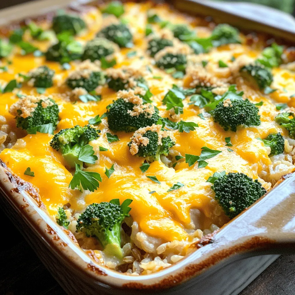 - 2 cups cooked brown rice - 1 pound boneless, skinless chicken breasts, diced - 2 cups fresh broccoli florets - 1 cup shredded cheddar cheese - 1/2 cup cream cheese, softened - 1 cup chicken broth - 1 cup milk - 1 teaspoon garlic powder - 1 teaspoon onion powder - 1/2 teaspoon paprika - Salt and pepper to taste - 1/2 cup breadcrumbs (optional for topping) To make this Cheesy Chicken Broccoli Rice Bake, you need some key ingredients. First, use cooked brown rice as your base. It adds great texture and is healthy. Next, add diced chicken breasts. They are the star of the dish. You want them tender and juicy. Now, let’s talk about the broccoli. Fresh florets add color and crunch. They also boost the nutrition of this dish. For the creamy part, you will need cheddar and cream cheese. The cheddar cheese melts beautifully, while the cream cheese makes it rich and smooth. Don’t forget the chicken broth and milk. They help blend all the flavors. Spices like garlic powder, onion powder, and paprika give the dish great taste. Adjust salt and pepper to your liking. Finally, if you want a crunchy topping, breadcrumbs are a nice option. They add a lovely texture contrast. All these ingredients create a warm and cozy dish. Make sure to check the Full Recipe for detailed steps! - Preheat your oven to 350°F (175°C). Grease a 9x13 inch baking dish with cooking spray or butter. - In a large skillet over medium heat, cook 1 pound of diced, boneless, skinless chicken breasts until golden brown, about 5-7 minutes. Season it with 1 teaspoon garlic powder, 1 teaspoon onion powder, 1/2 teaspoon paprika, and salt and pepper to taste. - In a large bowl, mix 2 cups of cooked brown rice, the cooked chicken, 2 cups of fresh broccoli florets, 1/2 cup of softened cream cheese, 1 cup of chicken broth, and 1 cup of milk. Stir until everything is evenly combined. - Once mixed, add 1/2 cup of shredded cheddar cheese and adjust the seasoning if needed. You want it to taste just right. - Pour the mixture into your prepared baking dish and spread it evenly. - Top with the remaining 1/2 cup of shredded cheddar cheese. If you like a crunch, sprinkle 1/2 cup of breadcrumbs on top. - Bake in the preheated oven for 25-30 minutes. You want the cheese to melt and bubble. The top should turn golden brown. - To check for doneness, look for a bubbly surface and a golden color. Let it cool for a few minutes before serving. For the full recipe, check the [Full Recipe]. To keep your chicken moist, cook it just until golden. Overcooking makes it dry. Use a meat thermometer to check for doneness at 165°F (74°C). This will help you serve juicy chicken every time. For perfect broccoli, steam it for just a few minutes. You want it bright green and tender-crisp. If you cook it too long, it gets mushy. You can also sauté broccoli in a pan with a bit of oil. This adds extra flavor. For a rich and creamy bake, I love using cheddar cheese. It melts well and provides a great flavor. You can also mix in mozzarella for extra stretchiness. If you want a sharp taste, try a bit of Gruyère. When melting cheese, add it near the end of cooking. This keeps it from clumping. Stir gently as it melts to create a smooth texture. You can also mix in a little milk for a creamier result. Pair your Cheesy Chicken Broccoli Rice Bake with a fresh salad. A simple green salad with a light vinaigrette works well. You can also serve it with garlic bread for a comforting meal. For garnishing, add fresh parsley on top right before serving. It adds color and freshness. You can also sprinkle more cheese on top once it comes out of the oven for that extra cheesy touch. For the full recipe, check the earlier section. {{image_2}} You can switch chicken for turkey or tofu. Turkey gives a leaner taste, while tofu suits plant lovers. Cooked sausage or ham also adds great flavor. Simply mix them in with the rice and broccoli. Feel free to add other vegetables. Carrots, peas, or bell peppers work well. Fresh veggies are tasty, but frozen ones save time and still taste good. Just toss them in without thawing. For a low-carb option, use cauliflower rice instead of brown rice. It’s light and still filling. If you need a gluten-free choice, skip the breadcrumbs or find gluten-free ones. Enjoy the same cheesy goodness without worry. To keep your Cheesy Chicken Broccoli Rice Bake fresh, store leftovers in the fridge. Use airtight containers to prevent drying out. I recommend glass or plastic containers with tight-fitting lids. These containers can help keep flavors intact and avoid spills. If you want to save some for later, freezing is easy. First, let the bake cool completely. Then, transfer it into freezer-safe containers or heavy-duty freezer bags. Label them with the date. When you want to eat it, thaw overnight in the fridge. Reheat in the oven at 350°F until hot. You can also use the microwave, but the oven keeps it crispy. In the fridge, your bake will stay good for about 3 to 4 days. If you freeze it, it can last up to 3 months. However, for best taste, try to eat it sooner. Always check for any signs of spoilage before eating. It takes about 15 minutes to prep. Baking takes 25-30 minutes. So, you can enjoy this dish in about 45 minutes. Yes, you can prep everything a day ahead. Just mix all the ingredients and store them in the fridge. When ready, bake it straight from the fridge. This way, you save time on busy days. You can use Greek yogurt for a lighter option. Sour cream works too, adding creaminess. Both will give a nice texture without changing the taste much. Absolutely! Swap out the chicken for chickpeas or tofu. Use vegetable broth instead of chicken broth. Add more veggies like bell peppers or carrots for a heartier meal. Yes, you can reheat leftovers easily. Use the oven at 350°F for about 15-20 minutes. This helps keep the dish moist. Microwaving works too, but it may dry out the rice. Enjoy your delicious Cheesy Chicken Broccoli Rice Bake! For the Full Recipe, check out the earlier sections. This blog post covered a delicious Cheesy Chicken Broccoli Rice Bake. We explored ingredients, step-by-step instructions, and useful tips. You learned about optional toppings and variations for different diets. We also discussed storage and reheating methods to keep your meals tasty. In summary, this dish is simple, versatile, and perfect for any occasion. Ready to make your own? Enjoy cooking!