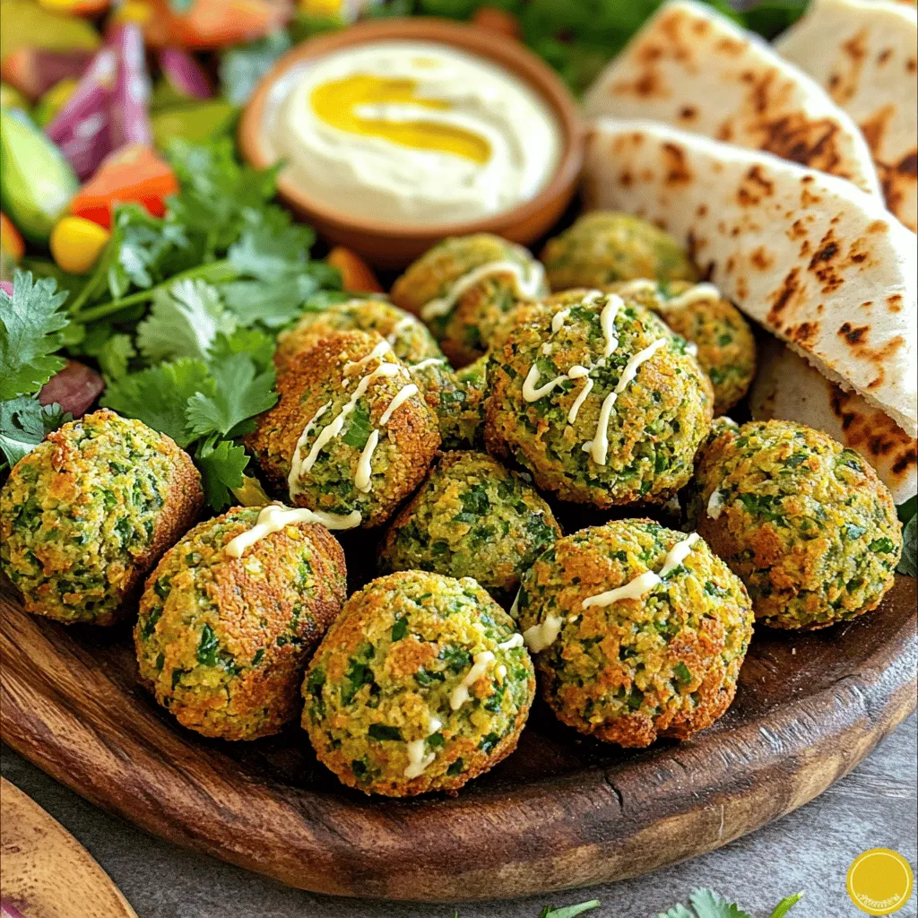 - 1 cup dried chickpeas, soaked overnight - 1 small onion, roughly chopped - 2 cloves garlic, minced - 1/4 cup fresh parsley, chopped - 1/4 cup fresh cilantro, chopped - 2 teaspoons ground cumin - 1 teaspoon ground coriander - 1/2 teaspoon baking powder - 1 tablespoon lemon juice - 1/4 cup flour (whole wheat or all-purpose) - Salt and pepper to taste - 3 tablespoons olive oil The key to making crispy baked falafel starts with dried chickpeas. Soaking them overnight makes them soft and easy to blend. Fresh herbs like parsley and cilantro bring brightness to your falafel. The spices, such as cumin and coriander, add deep flavors that make each bite delicious. - Additional vegetables - Different herbs for flavor You can add more fun to your falafel. For example, try adding grated zucchini or carrots for extra veggies. You can also swap in other herbs, like dill or mint, for a unique taste. These choices let you customize your falafel to fit your mood. - Gluten-free alternatives for flour - Low-sodium options If you need gluten-free falafel, use chickpea flour instead of regular flour. This gives a great texture and keeps it tasty. For a lower sodium dish, cut back on salt or use a salt-free seasoning blend. These swaps help make the dish fit your dietary needs while keeping it flavorful. For the Full Recipe, check out the detailed steps to create your crispy baked falafel! - Start by soaking 1 cup of dried chickpeas overnight. This step softens the beans. They will blend better in the food processor. - After soaking, drain and rinse the chickpeas under cold water. This removes any dirt or residue. - In a food processor, combine the soaked chickpeas, 1 small chopped onion, 2 cloves of minced garlic, 1/4 cup chopped parsley, and 1/4 cup chopped cilantro. Add 2 teaspoons ground cumin, 1 teaspoon ground coriander, salt, and pepper to taste. - Pulse the mixture until finely ground but not pureed. You want a texture that holds together but is not mushy. Scrape down the sides as needed to mix well. - Transfer the mixture to a bowl. Add 1/2 teaspoon baking powder, 1 tablespoon lemon juice, and 1/4 cup of flour. Stir until combined. If too wet, add more flour until it holds together. - Form the mix into small balls or patties, about the size of a golf ball. Place them on a baking sheet lined with parchment paper. - Drizzle 3 tablespoons of olive oil over the falafel or lightly brush it on for a crisp finish. - Bake in a preheated oven at 400°F (200°C) for about 25-30 minutes. Flip them halfway through baking for even crispiness. They should turn golden brown and crispy on both sides. For the full recipe, check out the earlier sections! To get that perfect crispy texture, oil is key. You should apply a light coat of olive oil on your falafel before baking. This helps the outside become golden and crunchy. Use a brush or drizzle it over the balls. Bake your falafel at a high temperature of 400°F (200°C). This heat will ensure they crisp up nicely. Flip them halfway through baking. This way, both sides get equal heat and crispness. To spice up your falafel, consider adding a pinch of cayenne for some heat. You can also mix in smoked paprika for a deeper flavor. These small changes can make a big difference. Fresh herbs add a burst of flavor. Besides parsley and cilantro, try adding dill or mint. These will brighten up your falafel and make them extra tasty. Falafel pairs well with many sides. Serve it with a fresh salad for a light meal. It also goes great with pita bread. You can stuff it in the bread for a fun wrap. For sauces, tahini is a classic choice. Its creaminess complements the crisp falafel. Tzatziki is another excellent option. The coolness of yogurt balances the spices perfectly. Don’t forget to check out the Full Recipe for more details! {{image_2}} You can make your falafel more exciting. Add some chili or cayenne pepper for heat. This gives your falafel a nice kick. You can also use Middle Eastern spice blends. Try za'atar or sumac for a new flavor. These spices boost the taste and make each bite special. Falafel makes a great filling for wraps. Use pita bread and add fresh veggies. You can also serve falafel in salads. Toss them on greens with a tasty dressing. This makes for a fresh and crunchy meal. You can mix and match your favorite toppings for variety. If you follow a vegan diet, this recipe is perfect. The chickpeas provide protein and fiber. For nut-free versions, avoid any nut-based sauces. Use tahini or yogurt as a dip instead. These options keep the meal safe and delicious for everyone. So, enjoy this crispy baked falafel as a healthy snack or meal. Find the full recipe above to get started! Store your crispy baked falafel in an airtight container. This keeps them fresh. Place a paper towel inside to absorb moisture. It helps maintain crispiness. Keep the container in the fridge. You can freeze falafel for longer storage. Place them in a freezer-safe bag. Make sure to remove as much air as possible. To reheat, bake them at 375°F (190°C) for about 10-15 minutes. This restores their crispiness. In the fridge, falafel lasts about 4-5 days. Look for signs of spoilage. If they smell sour or have a slimy texture, toss them out. If frozen, they can last for up to three months. Check for freezer burn before eating. You can store the falafel mixture before baking. Keep it in a bowl covered with plastic wrap. This mixture stays good for up to 24 hours in the fridge. If you want to pre-bake, shape the falafel and freeze them. Lay them flat on a baking sheet until frozen. Then transfer to a bag. You can bake them directly from frozen, adding a few extra minutes to the baking time. For the full recipe, check out the details above. To make crispy baked falafel, follow these key steps: - Soak 1 cup of dried chickpeas overnight. - Blend soaked chickpeas with onion, garlic, parsley, and spices. - Add baking powder, lemon juice, and flour to the mix. - Shape the mixture into small balls. - Bake at 400°F (200°C) for 25-30 minutes. - Flip halfway for even crispiness. These steps ensure you achieve a tasty, crispy texture. The right blend of herbs and spices makes the falafel flavorful. You can find the full recipe to guide you through the process. Yes, you can use canned chickpeas. However, adjustments are needed: - Drain and rinse the canned chickpeas before use. - Use about 1.5 cups of canned chickpeas. - Reduce the flour slightly, as canned chickpeas are moister. This helps maintain the right texture for your falafel. Remember that the flavor may vary a bit due to the different processing of canned chickpeas. Crispy baked falafel pairs well with several sides: - Serve with tahini sauce for a creamy dip. - Add a side of tzatziki for a refreshing touch. - Place them in pita bread with veggies for a wrap. - Enjoy with a salad for a lighter meal. These combinations make for a well-rounded meal. Each option enhances the falafel's flavor and adds to your dining experience. You can tell falafel is done by checking these signs: - Look for a golden-brown color on both sides. - The texture should be crispy on the outside. - The inside should feel firm and not mushy. These signs indicate that your falafel is ready to enjoy. Proper baking ensures a delicious crunch and a delightful bite. This recipe can be made gluten-free easily: - Substitute regular flour with chickpea flour or gluten-free flour. - Ensure all other ingredients are gluten-free. These options maintain the flavor while catering to gluten-free diets. It's a simple switch that keeps your falafel tasty and suitable for more people. In this article, we explored how to make crispy baked falafel with easy steps. We covered the main ingredients like chickpeas, fresh herbs, and spices. I shared tips for achieving the perfect texture and flavor. You also learned how to adapt the recipe for diets and different tastes. Try making falafel your way, with various herbs and spices. Enjoy the vibrant flavors and healthy benefits. Your kitchen will smell great, and your taste buds will be happy!