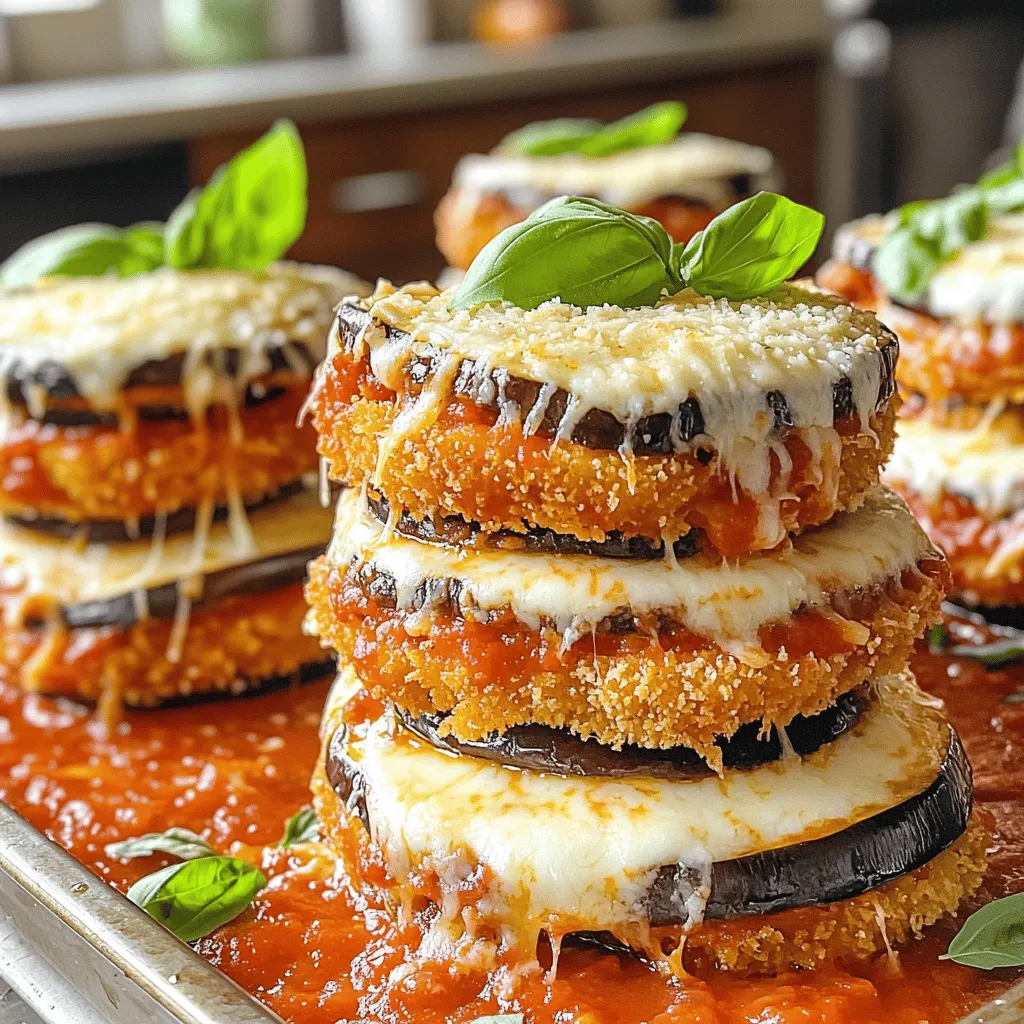 - 2 medium eggplants, sliced into 1/2-inch rounds - 1 cup all-purpose flour - 3 large eggs, beaten - 2 cups breadcrumbs (preferably Italian seasoned) - 2 cups marinara sauce - 3 cups shredded mozzarella cheese - 1 cup grated Parmesan cheese - 1 teaspoon dried oregano - 1 teaspoon garlic powder - Olive oil for frying - Salt and pepper to taste Eggplant Parmesan Stacks are a tasty dish that combines layers of flavor. Each ingredient plays a key role in creating a delicious meal. The eggplant is the star here. It soaks up flavors and has a great texture. The flour helps with the breading, giving it a nice crunch. You will use eggs to help the breadcrumbs stick. I like to use Italian seasoned breadcrumbs for extra flavor. Marinara sauce adds a rich, tangy taste, while mozzarella and Parmesan cheeses bring a creamy, cheesy goodness. Dried oregano and garlic powder add depth to the flavor. Olive oil is important for frying, giving that crispy finish. Finally, salt and pepper will enhance the taste of everything. This is a simple list, yet each item is important. If you want to see the full recipe, check out the Eggplant Parmesan Stacks section. Prepare your ingredients and get ready to create something wonderful! First, we need to prepare the eggplant. Start by slicing the eggplant into 1/2-inch rounds. Next, sprinkle salt on both sides of each slice. This step draws out moisture and removes bitterness. Let them rest for 30 minutes. After that, pat the slices dry with a clean towel. This will help them fry better. Now it’s time to set up your breading station. Grab three shallow dishes. In one, add all-purpose flour. In the next, beat three large eggs. In the last dish, mix breadcrumbs with oregano, garlic powder, salt, and pepper. This mix gives great flavor. Now for the fun part: breading! Take a slice of eggplant and dredge it in flour. Make sure to coat it evenly. Next, dip the floured slice into the beaten eggs. Let the excess egg drip off. Finally, coat it in the breadcrumb mixture. Press gently to ensure the breadcrumbs stick well. Repeat this for all the eggplant slices. For cooking, heat olive oil in a large skillet over medium heat. You want enough oil to cover the bottom. When the oil is hot, add the breaded eggplant slices in batches. Fry each side for about 3-4 minutes. Look for a golden brown color. Once done, remove them and place on paper towels to drain excess oil. It’s assembly time! Preheat your oven to 375°F (190°C). In a baking dish, spread a thin layer of marinara sauce on the bottom. Then, layer half of the fried eggplant slices over the sauce. Next, spoon half of the remaining marinara sauce over the eggplant. Sprinkle half of the mozzarella and Parmesan cheese on top. Repeat this layering with the rest of the eggplant, sauce, and cheese. Now, let’s bake! Place the assembled dish into the preheated oven. Bake for 25-30 minutes. You’ll know it’s ready when the cheese is bubbling and golden. Once baked, let it cool for a few minutes. This helps with slicing. For the full recipe, refer to the earlier section. To get the best texture, start with fresh eggplants. Look for ones that feel firm and have smooth skin. Slice them into 1/2-inch rounds. Salting the slices helps remove excess moisture. This step is key to avoiding sogginess later. After salting, let them sit for 30 minutes. Pat them dry with a clean towel. This will ensure your eggplant stays crisp after frying. Eggplant Parmesan Stacks pair well with a simple salad or garlic bread. A light arugula salad adds a fresh touch. For presentation, stack the layers high on a plate. Drizzle with olive oil and sprinkle with fresh basil. This adds color and boosts flavor. Use a large serving spoon for easy sharing. One common mistake is overcooking the eggplant. It should be golden brown, not dark brown. Undercooking can make it tough. Pay close attention while frying. Also, watch for assembly errors. Make sure to layer evenly. If you skip layers, some bites might lack flavor. Follow the layering instructions closely for the best results. {{image_2}} For a vegan twist on eggplant Parmesan stacks, you can swap out the cheese and eggs easily. Use cashew cheese or a store-bought vegan cheese. For the eggs, try a mixture of ground flaxseed and water. This mix binds well and adds a nutty flavor. When it comes to breadcrumbs, choose plant-based options. You can use crushed cornflakes or panko that is labeled vegan. This keeps your dish light and crunchy while staying true to vegan ideals. Want to add some protein? Chicken or sausage works great. You can layer cooked, sliced chicken breast or Italian sausage between the eggplant slices. This adds a hearty element to the dish. Make sure to season the protein well to enhance the overall flavor of the stacks. To boost the flavor, think about adding fresh herbs. Basil and parsley are great choices. You can mix these into the marinara sauce for extra depth. If you're feeling adventurous, restart the sauce with different spices. Try adding red pepper flakes for heat or a splash of balsamic vinegar for sweetness. Each adjustment can transform your dish and make it uniquely yours. To store your Eggplant Parmesan Stacks, let them cool first. Place them in an airtight container. You can keep them in the fridge for up to four days. If you want to store them longer, freeze them. Wrap each stack in plastic wrap, then place them in a freezer bag. They will last for about three months in the freezer. When reheating, avoid losing quality. The best method is to use the oven. Preheat your oven to 350°F (175°C). Place the stacks on a baking sheet. Cover them with foil to keep them moist. Heat for about 15-20 minutes, or until hot. You can also use a microwave, but the oven keeps the texture nice. Eggplant Parmesan Stacks can last in the fridge for four days. If frozen, they can last up to three months. After that, they may lose taste and texture. Always check for any signs of spoilage before eating. Enjoy your delicious layers of flavor! If you're looking for the full recipe, refer to the section above. When picking an eggplant, look for a few signs of ripeness: - The skin should be smooth and shiny. - Choose eggplants that feel heavy for their size. - Gently press the skin; it should spring back. - Avoid any eggplant with soft spots or blemishes. Fresh eggplants have a bright color, often purple or green. They should smell earthy, not sour. Yes, you can prepare Eggplant Parmesan Stacks in advance. Here’s how: 1. Cook the breaded eggplant as guided in the recipe. 2. Layer the eggplant with sauce and cheese in a baking dish. 3. Cover with plastic wrap and store in the fridge for one day. 4. When ready, bake it straight from the fridge. Add a few extra minutes to the cook time. This makes it easy for busy days. You can make this dish gluten-free. Here are some options: - Use gluten-free flour instead of all-purpose flour. - Look for gluten-free breadcrumbs at the store. - You can also make your own breadcrumbs from gluten-free bread. These swaps work well and keep the dish tasty. To check if your Eggplant Parmesan Stacks are done, look for these signs: - The cheese should be bubbling and golden on top. - Insert a fork into the eggplant; it should be soft and tender. - If you see a little sauce bubbling around the edges, that’s a good sign. These cues ensure that your dish is ready to enjoy! Eggplant Parmesan is a fun dish to make at home. We covered the key ingredients, step-by-step tips, and common mistakes. I shared variations for different diets, too. Remember, salting your eggplant is key to great texture. Serve it fresh with sides you love. Proper storage can help you enjoy leftovers later. Cook this dish well, and you’ll impress everyone. Enjoy trying out these tips!