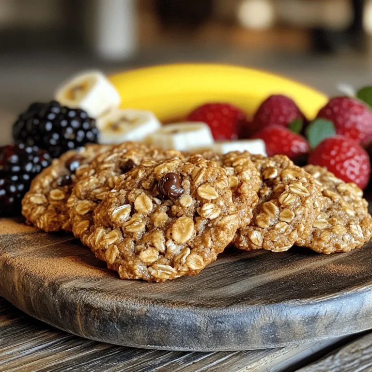 For my Healthy Oatmeal Breakfast Cookies, you will need: - 1 ½ cups rolled oats - 1 ripe banana, mashed - ½ cup almond butter (or peanut butter) - ¼ cup honey or maple syrup - ½ cup unsweetened applesauce - 1 teaspoon vanilla extract - 1 teaspoon baking powder - ½ teaspoon cinnamon - ½ cup mix-ins (chocolate chips, nuts, dried fruit, or seeds) - Pinch of salt Each ingredient in these cookies provides unique health benefits: - Rolled oats are rich in fiber. They help keep you full longer. - Bananas provide potassium. They add natural sweetness and moisture. - Almond butter offers healthy fats. It supports heart health and keeps energy steady. - Honey or maple syrup sweetens naturally. They add antioxidants and minerals. - Unsweetened applesauce gives moisture. It replaces oil and sugar well. - Vanilla extract enhances flavor. It can boost your mood too. - Baking powder helps cookies rise. It ensures a light texture. - Cinnamon adds flavor and may lower blood sugar levels. - Mix-ins like chocolate or nuts boost nutrition. They add variety and fun. You can easily adjust the recipe for dietary needs: - Nut-free: Use sunflower seed butter instead of almond butter. - Vegan: Replace honey with maple syrup and use a flax egg. - Gluten-free: Ensure you use certified gluten-free oats. - Lower sugar: Cut back on honey or maple syrup by half. - Fruit-based: Swap the banana for another fruit puree like pumpkin or sweet potato. These options make the cookies fit for many diets while still tasting great. For the full recipe, check the beginning of the article! First, gather all your ingredients. You need rolled oats, banana, almond butter, honey or maple syrup, applesauce, vanilla extract, baking powder, cinnamon, and a pinch of salt. Choose your mix-ins, like chocolate chips or nuts. Make sure your banana is ripe; it needs to be soft and sweet. This banana will add flavor and moisture to your cookies. Start by preheating your oven to 350°F (175°C). Line a baking sheet with parchment paper. In a large bowl, mix the mashed banana, almond butter, honey or syrup, applesauce, and vanilla extract. Stir until it’s smooth. In another bowl, combine the rolled oats, baking powder, cinnamon, and a pinch of salt. Gradually add the dry mix to the wet mix and stir well. Finally, fold in your chosen mix-ins. Using a tablespoon, drop dollops of the cookie mix onto the baking sheet. Shape each dollop into a round cookie. Bake for about 12-15 minutes. Watch for the edges turning golden. Once baked, let the cookies cool on the sheet for 5 minutes. Then, move them to a wire rack to cool completely. When shaping cookies, wet your hands slightly. This helps prevent the mix from sticking to your fingers. Make sure the cookies are spaced well on the sheet; they will spread a bit while baking. For a fun touch, sprinkle a little cinnamon on top before baking. This adds flavor and looks nice. Enjoy your Healthy Oatmeal Breakfast Cookies warm or let them cool and store them for later. Follow the Full Recipe for all the details! To get the best texture, use ripe bananas. They add natural sweetness and moisture. If your bananas are not ripe enough, the cookies may turn out dry. Also, don’t skip the baking powder. It helps the cookies rise and stay soft. Mix the oats well with the wet ingredients. This helps each bite feel great. If you like a chewier cookie, let the dough rest for a few minutes before baking. After your cookies cool, store them in an airtight container. They stay fresh for about a week. For longer storage, place them in the fridge. You can also freeze them for up to three months. When you want to eat one, just take it out and let it sit for a few minutes. Warm it in the microwave for about 10-15 seconds. This brings back that fresh-baked taste. One common mistake is overmixing the dough. This can make the cookies tough. Just mix until everything is combined. Another mistake is not measuring your ingredients. Too much or too little can change the cookies. Always use measuring cups. Finally, don’t skip the mix-ins. They add flavor and fun to each bite. Use your favorite ingredients, like chocolate chips or nuts, for a tasty twist. For more details, check the Full Recipe. {{image_2}} You can change the flavor of your healthy oatmeal breakfast cookies easily. Consider adding various mix-ins to create fun twists. Here are some ideas: - Cocoa powder: Mix in 1-2 tablespoons for a chocolatey taste. - Peanut butter: Swap almond butter for creamy or crunchy peanut butter. - Coconut flakes: Add unsweetened coconut for a tropical flavor. - Spices: Try nutmeg or ginger for a warm, cozy touch. It’s important to cater to different dietary needs. Here are some allergy-friendly swaps: - Nut butter: Use sunflower seed butter for nut-free options. - Sweeteners: Substitute honey with agave syrup for a vegan option. - Gluten-free oats: Make sure to choose certified gluten-free oats for those with celiac disease. - Applesauce: If allergic to apples, use pureed pears instead. Using seasonal ingredients can make your cookies even tastier. Here are some ideas: - Pumpkin puree: Add this in the fall for a rich flavor. - Zucchini: Grate and mix in summer squash for moisture and nutrients. - Fresh berries: Use blueberries or raspberries in spring for freshness. - Cranberries: Dried cranberries make a great addition in winter. These variations help keep your healthy oatmeal breakfast cookies exciting and adaptable to your preferences. For the full recipe, check out the details above! To keep your healthy oatmeal breakfast cookies fresh, store them in an airtight container. This method prevents air and moisture from getting in. You can keep them at room temperature for up to three days. If you want to enjoy them longer, consider refrigerating them. The cool air helps maintain their taste and texture. Freezing is a great way to extend the life of your cookies. First, let them cool completely after baking. Then, place the cookies in a single layer on a baking sheet. Freeze them for about an hour. Once they are firm, transfer the cookies to a freezer-safe bag. Be sure to label the bag with the date. You can freeze them for up to three months. These cookies last well, especially when stored properly. At room temperature, expect them to stay fresh for about three days. In the fridge, they can last up to a week. If you freeze them, they last for about three months. Just remember to thaw them in the fridge or at room temperature before enjoying. Yes, you can make these cookies vegan! Just replace the honey with maple syrup. You can also use a plant-based yogurt instead of applesauce if you want a creamier texture. Almond butter and peanut butter are already vegan-friendly. Using a ripe banana keeps the cookies moist and sweet. To mash bananas, I use a fork. Start by peeling the banana and placing it in a bowl. Press down with the fork and mash until it’s smooth. If you like some chunks, leave a few small pieces. This gives the cookies a nice texture and adds sweetness. To make these cookies gluten-free, simply swap the rolled oats for certified gluten-free oats. Most oats can be cross-contaminated with gluten during processing. Using gluten-free oats ensures the cookies stay safe for gluten-sensitive eaters. You can also check the baking powder to confirm it’s gluten-free. This article covered everything you need to know about baking delicious cookies. We explored the key ingredients, their health benefits, and how to substitute for special diets. You learned step-by-step instructions, tips for perfect textures, and how to avoid common mistakes. We also discussed flavor variations and best storage practices. In short, baking cookies can be fun and easy. With these tips, you can create treats that anyone will love. Happy baking!