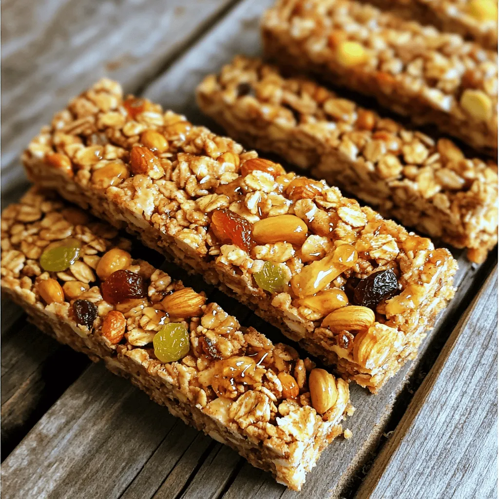 To make chewy granola bars, gather these simple ingredients: - 2 cups rolled oats - 1 cup mixed nuts (almonds, walnuts, cashews, roughly chopped) - 1/2 cup honey or maple syrup - 1/2 cup almond butter or peanut butter - 1 teaspoon vanilla extract - 1/2 teaspoon cinnamon - 1/2 cup dried fruits (raisins, cranberries, or apricots, chopped) - 1/4 cup chia seeds (optional) - Pinch of salt These ingredients combine well for a sweet and nutty flavor. If you have dietary restrictions, you can still enjoy these bars. Here are some swaps: - Use agave syrup instead of honey or maple syrup for a vegan option. - Choose sunflower seed butter if you want a nut-free version. - Replace rolled oats with gluten-free oats for a gluten-free option. These alternatives help you customize the bars to fit your needs. Want to switch things up? Here are some ideas: - Swap out nuts for seeds like pumpkin or sunflower seeds. - Use different dried fruits, like figs or dates, for varied sweetness. - Add a scoop of protein powder for an extra health boost. These substitutions let you create a unique snack every time you bake. For the complete process, refer to the Full Recipe. Start by gathering your ingredients. You need rolled oats, mixed nuts, honey or maple syrup, almond or peanut butter, vanilla extract, cinnamon, dried fruits, chia seeds, and a pinch of salt. Preheat your oven to 350°F (175°C). Line an 8x8 inch baking pan with parchment paper. Make sure the paper hangs over the edges. This helps with easy removal later. In a large bowl, combine the rolled oats, chopped nuts, dried fruits, chia seeds, cinnamon, and salt. Mix these dry ingredients well. In a small saucepan, heat the honey or maple syrup with the almond or peanut butter over low heat. Stir this mixture until it is smooth and warm. Remove it from the heat and add the vanilla extract. Pour this warm mixture over the dry ingredients. Mix everything until the oats and nuts get coated well. Transfer the mixture into your prepared baking pan. Press it down firmly and evenly. This helps the bars stick together. Bake in the oven for 15-20 minutes. Look for a golden brown color and a nice aroma. Once baked, let it cool in the pan for at least 30 minutes. After cooling, use the parchment paper to lift it out. Place it on a cutting board, then cut into bars. Store in an airtight container for up to a week. For the full recipe, check the instructions above. To get that ideal chewy texture, use rolled oats. They absorb moisture well. Press your mixture tightly into the pan. This step prevents crumbling. Bake just until golden brown. Overbaking can make them hard. Let them cool completely before cutting. This helps them hold together better. One common mistake is not measuring ingredients carefully. This can affect the texture and taste. Another mistake is skipping the cooling time. Cutting them too soon can lead to messy bars. Also, don’t forget the salt. A pinch enhances flavors and balances sweetness. Add-ins can make your granola bars more fun. Try chocolate chips for sweetness. Dried coconut gives a tropical vibe. You can also mix in seeds like pumpkin or sunflower. Fresh spices like nutmeg or cardamom add warmth. For a protein boost, add protein powder to the mix. Check the [Full Recipe] for more ideas. {{image_2}} If you want to make nut-free granola bars, it's easy! You can swap nuts for seeds. Try using pumpkin seeds or sunflower seeds. They add crunch and nutrition. You can also use a mix of seeds for more flavor. Use the same amount as you would for nuts in the recipe. This way, you still get a tasty and chewy snack. You can change the flavor of your granola bars in many ways. For a chocolate twist, add mini chocolate chips. Just mix in half a cup when you combine the wet and dry ingredients. If you love coconut, add sweetened shredded coconut. Use about half a cup for a tropical taste. You can also mix in spices like ginger or nutmeg for extra depth. Using seasonal ingredients makes your granola bars special. In the fall, add chopped apples or pumpkin puree. These ingredients give warmth and flavor. In spring and summer, use fresh berries like blueberries or strawberries. Just be careful not to add too much moisture. This keeps your bars chewy and not soggy. You can find the full recipe to try these variations and more! To keep your granola bars fresh, store them in an airtight container. This helps prevent them from getting stale. You can place parchment paper between layers to avoid sticking. Keep the container in a cool, dark place, like a pantry, for the best results. If you live in a warm climate, the fridge is a good option. It keeps the bars firm and tasty. Freezing is a great way to save your granola bars for later. First, cut the bars into pieces as per the [Full Recipe]. Wrap each piece in plastic wrap to keep them fresh. Then, place the wrapped bars in a freezer-safe bag or container. Be sure to label the bag with the date. They can stay in the freezer for up to three months. When you're ready to eat them, thaw them in the fridge or at room temperature. Check your granola bars for signs of spoilage before eating them. If they have a strange smell or taste, it's best to toss them. Look for any mold or discoloration, which indicates they are no longer safe to eat. If the texture feels very hard or dry, they might not be enjoyable. Always trust your senses! To make homemade chewy granola bars, follow these easy steps. First, gather your ingredients. You will need rolled oats, mixed nuts, honey or maple syrup, almond butter or peanut butter, vanilla extract, cinnamon, dried fruits, chia seeds, and salt. Next, preheat your oven to 350°F (175°C). Line an 8x8 inch pan with parchment paper. In a bowl, mix the oats, nuts, dried fruits, chia seeds, cinnamon, and salt. In a saucepan, heat honey and nut butter until smooth. Pour this over the dry mix and stir. Press the mixture into the pan. Bake for 15-20 minutes until golden. Cool for 30 minutes, cut into bars, and enjoy your tasty snack. For the full recipe, check the recipe section. Using steel-cut oats in granola bars is not ideal. Steel-cut oats are thicker and take longer to cook. They do not bind well like rolled oats do. If you use them, the bars may fall apart. Stick with rolled oats for the best texture. You can also try quick oats if you want a softer bar. To make gluten-free granola bars, choose certified gluten-free oats. Many regular oats may have traces of gluten. Also, check your nut butter and sweeteners for gluten. Most are gluten-free, but it's best to verify. Using gluten-free ingredients helps ensure everyone can enjoy your bars without worry. You can get creative with add-ins for your granola bars. Some tasty options include: - Dark chocolate chips - Coconut flakes - Sunflower seeds - Pumpkin seeds - Flaxseeds - Nut butters for extra flavor These add-ins can enhance taste and texture, making your bars even more delicious. Don't hesitate to mix and match based on your tastes! You learned how to make chewy granola bars from scratch. We covered key ingredients and their swaps. I shared step-by-step instructions and tips for the best bars. You explored flavor variations and storage tips for freshness. Remember, these bars can fit your tastes and needs. Enjoy making them your own, and don’t forget to share! Homemade granola bars are fun, easy, and tasty!