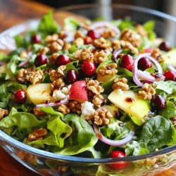 - 4 cups mixed salad greens (spinach, arugula, and romaine) - 1 cup fresh cranberries (or ½ cup dried cranberries) - 1 cup walnuts, toasted and chopped - 1 medium apple, diced (preferably Fuji or Honeycrisp) - ½ cup feta cheese, crumbled - ¼ cup red onion, thinly sliced - ¾ cup balsamic vinaigrette - Salt and pepper to taste - Optional: 2 tablespoons honey or maple syrup In this cranberry walnut salad, we use fresh and vibrant ingredients. The mixed salad greens form a crunchy base, giving each bite a refreshing crunch. Fresh cranberries add a tart flavor, while dried cranberries offer a sweeter touch. Walnuts bring a rich, nutty taste and a satisfying crunch. I prefer using Fuji or Honeycrisp apples for their sweetness. The feta cheese adds creaminess, balancing the flavors. The red onion gives a bit of sharpness, enhancing the overall taste. The balsamic vinaigrette ties everything together, providing a tangy finish. This salad is not just delicious, but also healthy. Each serving has around 200 calories. It includes about 10 grams of fat, mainly from walnuts. You also get around 25 grams of carbohydrates, with 5 grams of protein. This makes it a great side dish or light meal. Cranberries are rich in antioxidants. They can help with heart health and lower inflammation. Walnuts are also great for your heart. They contain healthy fats and can boost brain health. This salad packs a nutritional punch while tasting amazing. Enjoying it regularly helps keep your diet balanced. For the complete recipe, check out the Cranberry Walnut Delight Salad. To prepare the mixed salad greens, start by washing them. Use cold water to rinse the greens well. After rinsing, dry them gently using a salad spinner or paper towels. This step makes sure the greens remain crisp. In a large salad bowl, add 4 cups of mixed salad greens, such as spinach, arugula, and romaine. This colorful mix sets a great base for the salad. Next, it's time to add the fruits. If you're using fresh cranberries, chop them roughly. If you prefer dried cranberries, you can leave them whole. This choice adds to the texture and sweetness. Dice one medium apple, preferably a sweet variety like Fuji or Honeycrisp. Once you're ready, add the cranberries and diced apple to the bowl. This combination gives the salad a burst of flavor and color. Now, let's incorporate the nuts and cheese for a richer taste. Sprinkle 1 cup of toasted walnuts over the salad. The crunch from the walnuts adds great texture. Next, crumble ½ cup of feta cheese over the top. This cheese brings a lovely salty flavor. Then, add ¼ cup of thinly sliced red onion for a bit of sharpness. Finally, drizzle ¾ cup of balsamic vinaigrette evenly over everything. If you like it sweeter, include 2 tablespoons of honey or maple syrup. Gently toss the salad to mix all the flavors. Season with salt and pepper to taste, adjusting sweetness if needed. For the full recipe, check out the complete guide! To mix your salad without bruising the greens, use a gentle touch. Start by adding the lighter ingredients first. Place the greens at the bottom and layer the fruits on top. When you toss, use your hands to lift and turn the salad. This method keeps the leaves whole and fresh. Avoid using a spoon or fork to stir too hard. A soft touch makes a big difference. When seasoning your salad, taste as you go. Start with a pinch of salt and a dash of pepper. Mix well and taste again. If it needs more flavor, adjust slowly. You can add honey or maple syrup for extra sweetness. Just a bit can enhance the whole dish. Balance is key, so keep tasting until you find what you like best. For a beautiful salad, choose clear bowls. This way, the bright colors shine through. Top your salad with extra walnuts and cranberries for a pop of color. You can also sprinkle some crumbled feta on top. This adds a nice touch and draws the eye. Arrange the layers neatly for a stunning effect. A well-presented salad is as tasty as it is pretty. Explore the [Full Recipe] for making this delightful dish. {{image_2}} To modify the cranberry walnut salad for vegetarian or vegan diets, simply remove the feta cheese. You can replace it with vegan cheese or skip the cheese entirely. The salad will still taste great. For added protein, try adding chickpeas or beans. These options keep your salad filling and nutritious. You can customize this salad with different nuts. Almonds or pecans work well in place of walnuts. If you want a crunchier texture, try adding sunflower seeds or pumpkin seeds. For cheese, goat cheese or a dairy-free cheese can replace feta. Adding sliced strawberries or pears can bring a fresh twist to the flavor. In spring, swap in fresh berries like strawberries or blueberries. In summer, add cucumbers for a refreshing crunch. In fall, consider using roasted butternut squash instead of apple. This change adds warmth to the salad. In winter, add citrus fruits like oranges or grapefruit for a zesty kick. Each season brings new flavors that keep this salad exciting and fresh. For the full recipe, check out the details above. To store leftover salad, place it in an airtight container. Make sure to seal it tightly. Keep the salad in the fridge. This keeps it fresh for later meals. Avoid adding dressing to the whole salad if you plan to store it. Instead, dress individual portions before eating. This helps maintain crisp greens and prevents sogginess. The salad stays fresh for about 2 to 3 days in the fridge. After that, the greens may wilt. The cranberries may also lose their tartness. If the salad looks or smells off, it’s best to toss it. While this salad is not ideal for freezing, you can freeze the components. For example, freeze the walnuts in a separate bag. They keep well and can be added later. Avoid freezing the greens and dressing as they do not thaw well. If you want to prepare ahead, chop the apples and store them in lemon juice to keep them fresh. Yes, you can. To prepare this salad ahead, follow these tips: - Prep the Greens: Wash and dry the mixed greens. Place them in a bowl and cover with plastic wrap. - Store Separately: Keep the fruits, nuts, and cheese in separate containers. This helps keep everything fresh. - Add Dressing Later: Wait to add the balsamic vinaigrette until just before serving. This keeps the greens crisp and not soggy. If you need a nut swap, try these options: - Pecans: They add a sweet, buttery flavor. - Almonds: Sliced or chopped for a nice crunch. - Sunflower Seeds: Great for a nut-free option, adding protein and crunch. Making your own balsamic vinaigrette is simple. Here’s a quick recipe: - Ingredients: - ¾ cup balsamic vinegar - ¾ cup olive oil - 1 teaspoon Dijon mustard - Salt and pepper to taste - Instructions: 1. Whisk together vinegar and mustard. 2. Slowly drizzle in the olive oil while whisking. 3. Season with salt and pepper. Adjust to taste. Yes, you can use dried cranberries. Here’s how it affects your salad: - Flavor: Dried cranberries are sweeter and less tart than fresh ones. - Texture: They add chewiness instead of the crisp pop of fresh cranberries. For this salad, I recommend these sweet apple varieties: - Fuji: Crisp and sweet, great for salads. - Honeycrisp: Juicy and sweet with a nice crunch. - Gala: Soft and sweet, easy to bite. These apples will enhance the salad's flavor perfectly. For the full recipe, check out the earlier section! This blog post covered a tasty salad full of healthy ingredients. You learned how to prepare fresh greens, add fruits, and mix in nuts and cheese. Tips for seasoning and presentation can help make your salad stand out. Remember to explore variations for different diets and seasons. In closing, enjoy experimenting with this recipe. A delicious salad can add joy and health to any meal.