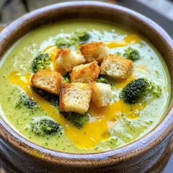 - 4 cups fresh broccoli florets - 1 medium onion, diced - 2 cloves garlic, minced - 3 cups vegetable broth - 1 cup heavy cream or coconut milk - 2 cups sharp cheddar cheese, shredded The base of this soup is simple but full of flavor. Fresh broccoli florets bring a bright, green taste. Onions and garlic add sweetness and depth. For the liquid, I use vegetable broth, which is light yet rich. The heavy cream or coconut milk gives that smooth texture. Finally, sharp cheddar cheese brings a bold flavor that makes every spoonful delightful. - 2 tablespoons olive oil - 1 teaspoon paprika - Salt and pepper to taste - Croutons for garnish These optional ingredients can take your soup up a notch. Olive oil helps sauté the onion and garlic, adding a nice richness. Paprika can add a hint of warmth and color. Salt and pepper are crucial for balancing the flavors. Croutons on top bring a crunchy texture that contrasts with the creamy soup. For the full recipe, check out Creamy Cheddar Broccoli Bliss! Each ingredient plays a role in creating this comforting dish that warms the heart. Start by heating 2 tablespoons of olive oil in a large pot over medium heat. Add 1 medium diced onion and 2 minced garlic cloves. Sauté them until the onion turns soft and clear. This usually takes about 5 minutes. Next, toss in 4 cups of fresh broccoli florets. Stir and cook for another 3 minutes. This helps the broccoli soak up those tasty flavors. Pour in 3 cups of vegetable broth. Bring the mixture to a boil. Once boiling, lower the heat and let it simmer for about 15 minutes. You want the broccoli to be tender at this point. Now, it’s time to blend! Use an immersion blender to mix the soup until it is smooth and creamy. If you don’t have one, carefully transfer the soup to a regular blender in batches. Return the blended soup to the pot. Stir in 1 cup of heavy cream or coconut milk for richness. Gradually add 2 cups of shredded sharp cheddar cheese while mixing it in. This step makes the soup cheesy and delicious. Season with 1 teaspoon of paprika, salt, and pepper to taste. Let the soup cook on low for 5 more minutes to blend the flavors. Serve hot and consider adding croutons on top for an extra crunch. For a complete guide, refer to the Full Recipe. To get that rich, creamy texture, blending is key. Use an immersion blender for smooth results. If you use a regular blender, do so in small batches. Always let the soup cool a bit before blending. This way, you avoid hot splashes. Choosing the right cheese matters too. Sharp cheddar gives a bold flavor. For creaminess, mix some mild cheese with it. You can try gouda or Monterey Jack for a twist. Grate your cheese for easier melting. Want to boost the flavor? Fresh herbs can do wonders! Add thyme or parsley while cooking. A sprinkle of nutmeg gives warmth too. For a kick, try adding cayenne pepper or red chili flakes. When serving, think outside the bowl. Pair your soup with crusty bread or a fresh salad. A drizzle of olive oil or a dollop of sour cream adds richness. Croutons also give a nice crunch. You can make this soup ahead of time. Just follow the steps, but stop before adding cheese. Cool the soup and store it in the fridge. It lasts up to three days. When you’re ready to eat, reheat gently. Use a saucepan over low heat and stir often. If the soup is too thick, add a splash of broth or water. Then stir in the cheese until it melts for that creamy goodness. For the full recipe, check out Creamy Cheddar Broccoli Bliss 🥦. {{image_2}} You can make this soup lighter and healthier. Try using low-fat dairy instead of heavy cream. This gives you a creamy texture without the extra calories. You can also substitute some vegetables. For example, spinach or cauliflower can add more nutrition while changing the flavor a bit. Cheddar is great, but don’t be afraid to try other cheeses. Gouda or Gruyère can bring a new taste to your soup. If you want a dairy-free option, look for vegan cheese. Many brands melt well and taste good. Experimenting with different cheese varieties can help you find your favorite flavor. If you want to make your soup heartier, think about adding protein. Shredded chicken or diced tofu can enhance the dish. You can also incorporate grains like quinoa or rice for added texture. These ingredients make the soup more filling and nutritious. For the full recipe, check out Creamy Cheddar Broccoli Bliss 🥦! To keep your Broccoli Cheddar Soup fresh, store it properly. First, let the soup cool to room temperature. Then, pour it into an airtight container. Make sure to seal it tightly to keep out air. - Refrigeration guidelines: Store the soup in the fridge for up to three days. This keeps the flavors fresh and the soup creamy. - Freezing for longer storage: If you want to save it for later, freeze the soup. Use a freezer-safe container, leaving some space at the top for expansion. It can last for up to three months in the freezer. When you're ready to enjoy your soup again, reheating is key. - Best methods to reheat without losing quality: The best way to reheat is on the stove. Pour the soup into a pot and heat over low to medium heat. Stir often to prevent it from sticking. If it seems thick, add a splash of broth or water to thin it out. You can also microwave it, but be sure to stir it halfway for even heating. How long does your soup last? - How long the soup lasts in the fridge or freezer: In the fridge, your Broccoli Cheddar Soup lasts for about three days. In the freezer, it can stay good for up to three months. Just remember to label your container with the date to keep track. Enjoy your creamy comfort in every bowl! To make broccoli cheddar soup from scratch, follow these basic steps: 1. Sauté the Base: Start by heating olive oil in a pot. Add diced onion and minced garlic, cooking until soft. 2. Cook Broccoli: Add fresh broccoli florets and sauté for a few minutes. This step adds flavor. 3. Simmer: Pour in vegetable broth, bring to a boil, then let it simmer until the broccoli is tender. 4. Blend: Use an immersion blender to puree the soup until creamy. You can also transfer it to a regular blender. 5. Add Cream and Cheese: Stir in heavy cream or coconut milk and shredded cheddar cheese until smooth. 6. Season: Finally, season with paprika, salt, and pepper to taste. Serve hot! This soup is a warm hug in a bowl, perfect for any day. Yes, you can freeze broccoli cheddar soup! Here are some tips for freezing and reheating: - Cool Before Freezing: Let the soup cool completely before placing it in airtight containers. - Portion It Out: Freeze in small portions for easy reheating. - Label Containers: Write the date on each container. This helps you keep track. - Reheat Gently: When ready to enjoy, thaw in the fridge overnight. Heat slowly on the stove, stirring to keep it smooth. Freezing may change the texture slightly, but the taste stays great! Broccoli cheddar soup pairs well with several tasty sides: - Crusty Bread: A slice of warm, crusty bread is perfect for dipping. - Salads: A light green salad adds freshness. - Sandwiches: Grilled cheese or turkey sandwiches make a hearty meal. - Croutons: Top your soup with crunchy croutons for added texture. These options enhance the whole meal experience. For the complete recipe, check out Creamy Cheddar Broccoli Bliss 🥦. Broccoli Cheddar Soup is easy and fun to make. We discussed key ingredients like broccoli, onion, and sharp cheddar. You learned how to sauté, blend, and season your soup. Plus, we covered tips for creaminess and flavor boosts, along with storage techniques. In the end, this soup is a tasty dish. Enjoy variations that suit your taste and diet. With this guide, you can make your perfect bowl anytime. Now, grab your ingredients and start cooking!