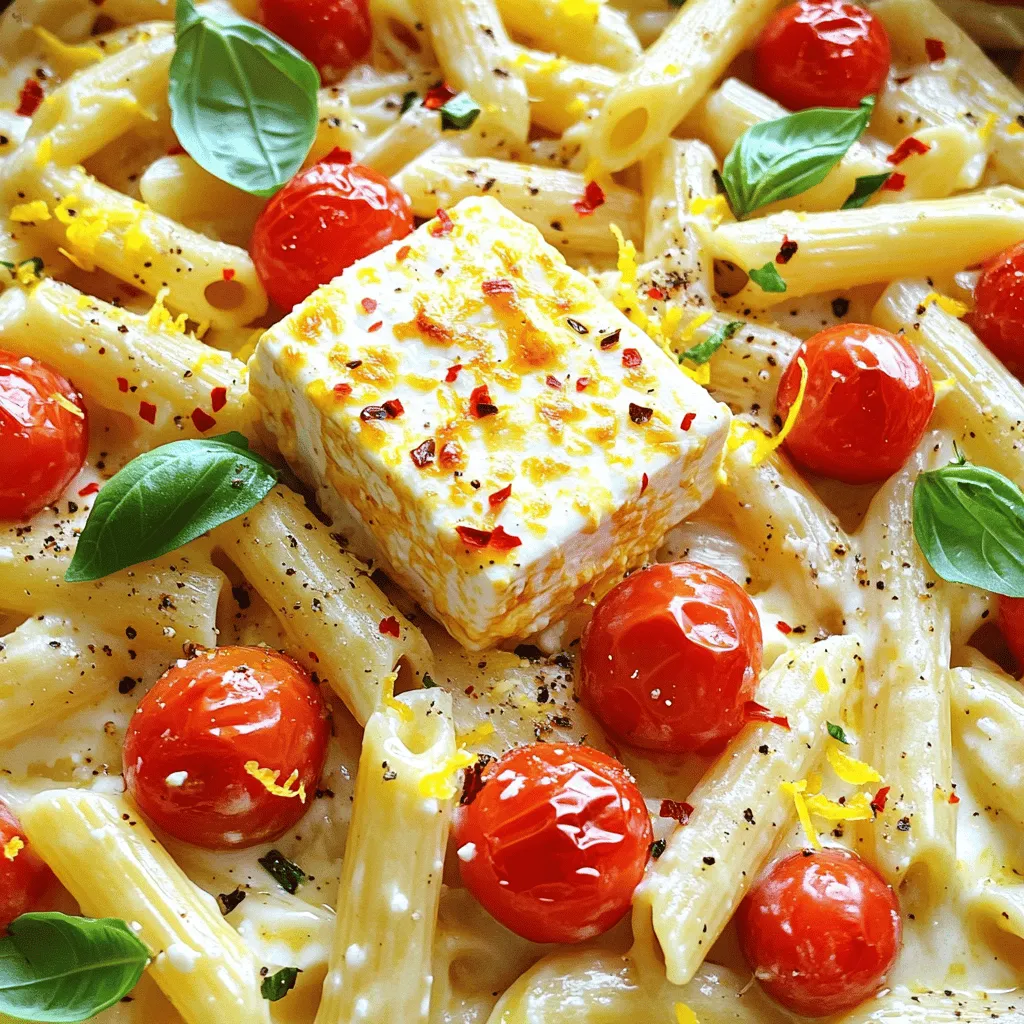 Here’s what you need to make this easy baked feta pasta: - 200g pasta of choice - 200g block feta cheese - 2 cups cherry tomatoes, halved - 4 cloves garlic, minced - 1 teaspoon dried oregano - 1 teaspoon red pepper flakes (optional) - 1/4 cup olive oil - Salt and pepper to taste - Fresh basil leaves for garnish - Zest of 1 lemon Gather these items before you start cooking. Using fresh ingredients makes this dish shine. The feta cheese adds a creamy texture, while the tomatoes burst with flavor. The garlic and herbs enhance the taste, bringing everything together. If you like heat, add red pepper flakes. This recipe is simple, but it packs a punch! I love how the lemon zest brightens the dish too. You can find the full recipe at the end. Enjoy your cooking! - Preheat the oven to 400°F (200°C). - In a large baking dish, combine the cherry tomatoes, minced garlic, oregano, red pepper flakes, olive oil, salt, and pepper. Mix until the tomatoes are well coated. - Place the block of feta cheese in the center of the tomatoes, slightly pressing it down. Drizzle a little more olive oil over the feta and season with a pinch of salt. - Bake for approximately 25 minutes. - Check for blistered tomatoes and soft feta. You want the tomatoes to look wrinkled and juicy. - Cook pasta until al dente as per package instructions. This usually takes about 8 to 10 minutes. - Drain and reserve about 1/2 cup of pasta water. This water helps to make your sauce creamy. - Remove the baking dish from the oven. Carefully stir the melted feta and tomatoes together to create a creamy sauce. Use a fork to break up the feta if you like. - Add the cooked pasta to the baking dish, tossing everything together. If the pasta seems dry, add a little reserved pasta water until you reach your desired consistency. - Stir in the lemon zest and adjust seasoning with more salt and pepper if needed. This method makes a delicious meal that is easy to prepare. You can find the full recipe above. - Choose the right type of pasta: I like using penne or fusilli. They hold the sauce well. You can try other shapes too. Just make sure they cook evenly. - Use fresh ingredients for best flavor: Fresh cherry tomatoes and real feta make a big difference. They add vibrant taste and texture. Avoid dried or canned items for this dish. - Add fresh herbs or lemon juice: Fresh basil brightens the dish. You can also squeeze lemon juice before serving. This adds a nice zing. - Experiment with different cheeses: Feel free to try goat cheese or ricotta. Each cheese gives a new twist to the dish. - Importance of squeezing lemon zest before adding: Zest adds the best flavor. It gives a fresh, citrusy note. Use a zester or grater for this step. - Tips for achieving creamy sauce consistency: Stir the baked feta and tomatoes well. If it seems too thick, add some reserved pasta water. This helps create a smooth sauce. For the complete cooking method, check the Full Recipe. {{image_2}} You can make this dish your own by changing a few ingredients. First, consider swapping feta cheese for goat cheese or ricotta. These cheeses offer a different texture and taste. Goat cheese gives a tangy twist, while ricotta provides a creamy softness. Next, try using different types of tomatoes. Cherry tomatoes are sweet, but you can also use grape tomatoes, heirloom tomatoes, or even canned diced tomatoes. Each type brings a unique flavor to the dish. If you need gluten-free options, choose gluten-free pasta. Many brands offer delicious choices made from rice or lentils. They cook well and taste great in this recipe. For those who follow a vegan diet, you can use plant-based cheese instead of feta. There are many tasty vegan cheeses available today. You can also skip the cheese entirely and add more veggies for bulk and flavor. To make your baked feta pasta more exciting, adjust the heat. You can add different peppers, like jalapeños or banana peppers. Just chop them up and mix them in with the tomatoes. You can also enhance the flavor with spices. Consider adding Italian seasoning, garlic powder, or smoked paprika. Each spice adds a new layer to your dish, making it even more enjoyable. To store leftovers, place them in an airtight container. Keep your Baked Feta Pasta in the refrigerator. It stays fresh for up to three days. When you are ready to eat, use a microwave or a stove to reheat. Add a splash of water to keep it moist. Stir well to ensure even heating. You can freeze Baked Feta Pasta for up to three months. Let it cool completely before freezing. Use a freezer-safe container or bag to keep it fresh. To preserve taste and texture, avoid freezing it with fresh herbs. To reheat, thaw the pasta in the fridge overnight. Then, heat it gently on the stove. Add a little olive oil or water to restore creaminess. Enjoy your delicious meal again! What can I serve with Baked Feta Pasta? You can serve this dish with a simple side salad. A mixed greens salad works well. You might also enjoy garlic bread to soak up the creamy sauce. For a heartier meal, grilled chicken or shrimp pairs nicely. Can I make this recipe ahead of time? Yes, you can prepare Baked Feta Pasta ahead. Cook the pasta and bake the feta and tomatoes. Mix them before serving. Store the pasta in an airtight container in the fridge. Reheat it in the oven or microwave, adding a splash of water if needed. Is it possible to prepare this dish without baking? You can make a non-baked version. Simply sauté the garlic and tomatoes in a pan. Add the feta cheese and cook until soft. Then, mix in the cooked pasta. It won’t have the same baked flavor, but it will still taste great. What to do if the sauce is too dry? If your sauce seems dry, don't worry! Just add a little of the reserved pasta water. Start with a tablespoon at a time and stir well. This will help create a creamy sauce. How to fix soggy pasta? If your pasta turns soggy, try to drain it right away. In the future, cook the pasta al dente, as it will continue to cook a bit when mixed with the sauce. If it's too soggy, you can add it to a hot pan to dry it out slightly. Is Baked Feta Pasta healthy? Baked Feta Pasta can be part of a balanced diet. It includes healthy fats from olive oil and feta. The tomatoes add vitamins and minerals, making it a tasty option. Nutritional breakdown per serving - Calories: 450 - Protein: 15g - Carbohydrates: 50g - Fat: 22g - Fiber: 3g This breakdown may vary based on your ingredient choices. For a healthier option, add more veggies or use whole-grain pasta. In this blog post, we explored a simple yet tasty Baked Feta Pasta recipe. You learned about the key ingredients, step-by-step cooking instructions, and helpful tips for perfecting the dish. We also discussed fun variations and storage tips. This recipe is easy to make and fun to customize. With fresh ingredients and simple techniques, you can create a dish everyone will love. Enjoy your cooking and let your taste buds explore the flavors!