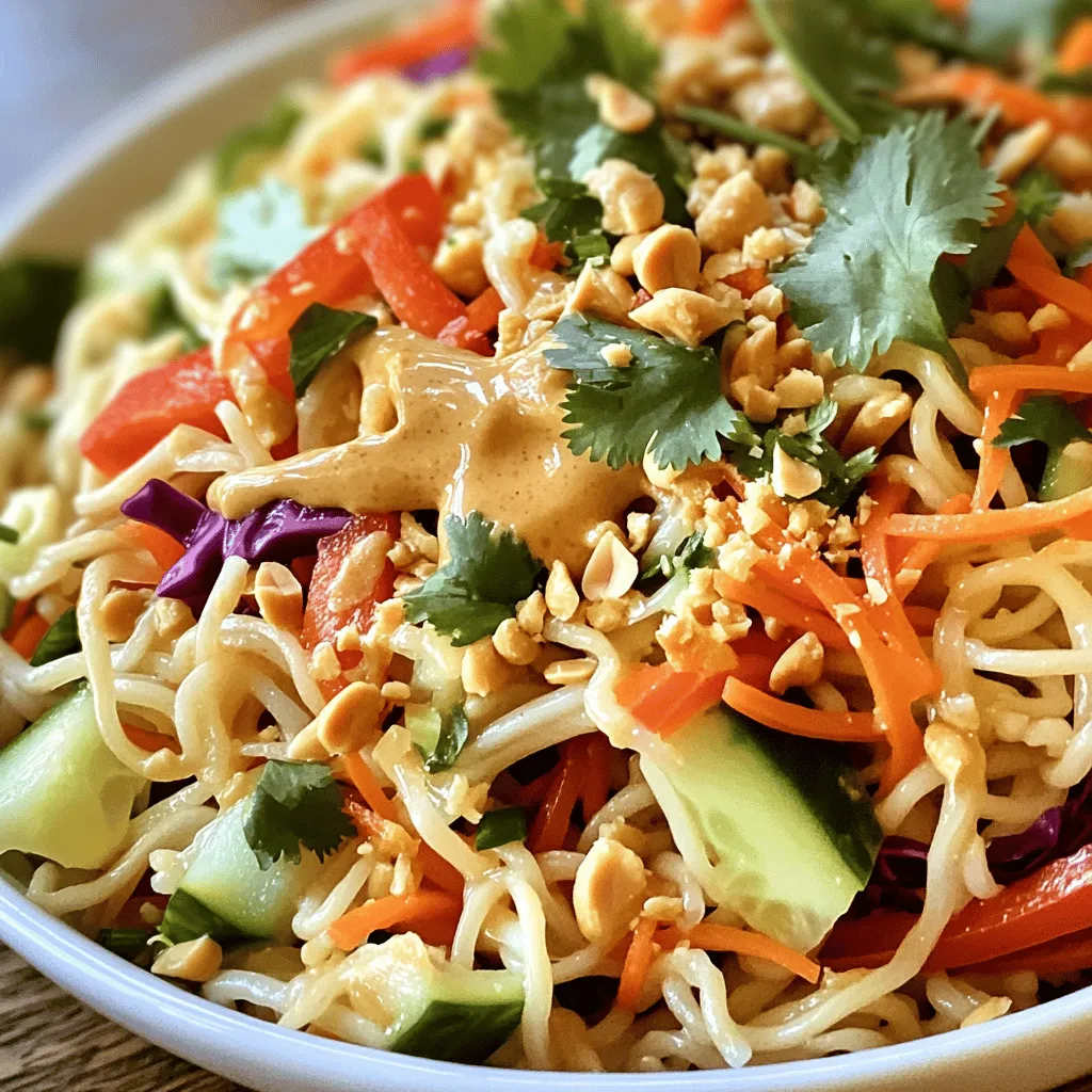 - 8 oz rice noodles - 1 cup shredded carrots - 1 red bell pepper, thinly sliced - 1 cucumber, julienned - 1 cup red cabbage, thinly sliced - 1/2 cup fresh cilantro, chopped - 1/4 cup chopped green onions - 1/2 cup peanuts, crushed (plus extra for garnish) For the Peanut Dressing: - 1/4 cup creamy peanut butter - 2 tablespoons soy sauce (or tamari for gluten-free) - 1 tablespoon lime juice - 1 tablespoon maple syrup (or honey) - 1 teaspoon sesame oil - 1 garlic clove, minced - 1 teaspoon grated ginger - 2-3 tablespoons warm water (to thin) Fresh produce makes this dish vibrant. When you use fresh veggies, you taste the difference. They add crunch and color. Look for bright bell peppers and crisp cucumbers. These ingredients shine. Choosing the right peanut butter matters too. I recommend creamy peanut butter for smoothness. Check for natural options. You want pure peanuts without extra sugars or oils. This gives your dressing a rich flavor. Want to add protein? Tofu, chicken, or shrimp work well. They boost the dish's heartiness. Just cook them separately and toss them in. Feeling spicy? Add chili sauce or sliced jalapeños. They bring heat and excitement. Adjust based on your taste. You control the spice level! For the full recipe, check out the cooking instructions. Preparing Water Start by filling a pot with water. Bring it to a rolling boil. You want enough water to cook the noodles well. Cooking Time and Techniques Add the rice noodles to the boiling water. Cook them for about 4-5 minutes. Check the package for exact times. Once they are soft, drain the noodles. Rinse them under cold water to stop cooking. Set them aside to cool. Mixing Technique Grab a medium bowl. In it, whisk together the creamy peanut butter and soy sauce. Add lime juice, maple syrup, sesame oil, minced garlic, and grated ginger. Adjusting Consistency Now, add warm water, one tablespoon at a time. Mix well until the dressing is smooth. You want it thick but pourable. Adjust to your taste as needed. Tossing the Salad In a large bowl, combine the shredded carrots, sliced red bell pepper, julienned cucumber, red cabbage, chopped cilantro, and green onions. Now, add the noodles. Pour the peanut dressing over the top. Toss everything gently until well coated. Presentation Tips Transfer the salad to plates or a big bowl. For a nice touch, sprinkle crushed peanuts on top. Add more cilantro for color. Enjoy your fresh and flavorful Thai Peanut Noodle Salad! For the complete details, check the Full Recipe. To make the best Thai Peanut Noodle Salad, you need to focus on two main things: cooking the noodles and balancing the dressing. - Cooking Noodles Al Dente: Cook the rice noodles until just firm. This will help them keep their shape and texture. Follow the package instructions, usually around 4-5 minutes. Rinse them in cold water when done. This stops the cooking and keeps them from getting mushy. - Balancing Dressing Flavor: The dressing should taste rich but not overpowering. Combine peanut butter, soy sauce, lime juice, maple syrup, sesame oil, garlic, and ginger. Adjust the thickness with warm water to get the right consistency. Taste it and tweak the flavors until it feels just right for you. When serving your salad, think about what goes well with it. - Best Pairings and Sides: This salad is great on its own, but you can add grilled chicken or tofu for more protein. Serve it with spring rolls or a light soup for a full meal. - Serving Temperature: This salad tastes best chilled. Make sure to refrigerate it for a bit before serving. Enjoying it cold enhances the fresh flavors. If you want to make this salad quicker, here are some tricks. - Make-Ahead Components: Prepare the dressing and chop the vegetables ahead of time. Store them in the fridge. This will save you time when you’re ready to eat. - Quick Prep Strategies: Use pre-cooked noodles or buy shredded veggies. This can cut down on your prep time, making it easier to whip up a fresh meal. For the complete recipe, check out the Full Recipe section! {{image_2}} Gluten-Free Options You can make this salad gluten-free. Use rice noodles and tamari instead of soy sauce. Check labels to ensure all ingredients are gluten-free. This keeps the dish safe for those with gluten allergies. Vegan Substitutions For a vegan version, simply use maple syrup instead of honey. All other ingredients are already vegan-friendly. This makes it a great choice for plant-based diets. Adding Heat If you like spice, consider adding chili sauce or jalapeños. This adds a nice kick to the dish. Adjust the amount based on your heat preference. Different Nut Butters Try using almond or cashew butter instead of peanut butter. Each nut butter will change the flavor a bit. This gives you new tastes to explore with each batch. Incorporating Seasonal Vegetables You can mix in seasonal vegetables. In summer, add fresh corn or zucchini. In fall, consider roasted butternut squash or sweet potatoes. Seasonal veggies keep the salad fresh and interesting. Dressing Adjustments by Season In warmer months, lighten the dressing with more lime juice. In winter, add a touch more peanut butter for richness. Adjusting the dressing keeps the meal vibrant all year round. For the complete recipe, check out the [Full Recipe]. For the best storage, use airtight containers. Glass or BPA-free plastic work well. I find that these containers keep the salad fresh longer. Store the salad in the fridge. It should last about 3 to 4 days. Beyond that, the veggies may lose their crunch and flavor. You can enjoy this salad cold or warm. If you prefer it warm, use a microwave. Place the salad in a bowl and heat it for 30 seconds. Stir and check the heat. If you want to keep it cold, serve it straight from the fridge. This salad tastes great cold and helps keep the veggies crisp. To keep your salad crunchy, store the dressing separately. Mix it with the salad just before serving. This simple step helps the veggies stay fresh. If you have extra noodles, store them apart too. The noodles can soak up the dressing and get soggy. Following these tips will keep your Thai Peanut Noodle Salad bright and enjoyable. Thai Peanut Noodle Salad is a vibrant dish full of fresh flavors. It combines rice noodles with crunchy vegetables and a creamy peanut dressing. The main ingredients include: - 8 oz rice noodles - 1 cup shredded carrots - 1 red bell pepper, thinly sliced - 1 cucumber, julienned - 1 cup red cabbage, thinly sliced - 1/2 cup fresh cilantro, chopped - 1/4 cup chopped green onions - 1/2 cup peanuts, crushed To make it, you cook the noodles, mix the veggies, and whip up the dressing. Then, toss it all together for a colorful meal! Yes, you can! Making Thai Peanut Noodle Salad ahead of time saves effort. Here are some tips for prepping in advance: - Cook the noodles: You can cook the rice noodles a day before. Store them in the fridge, covered. - Prep the veggies: Chop the vegetables and keep them in an airtight container. - Make the dressing: You can whisk the peanut dressing and store it in the fridge. Just combine everything when you are ready to eat. The flavors will blend nicely. If you have allergies or dislike peanut butter, don't worry! You can try these alternatives: - Almond butter: This gives a nutty flavor similar to peanut butter. - Sunflower seed butter: A great option for nut allergies. - Tahini: This sesame paste adds a rich, creamy texture. Each option will change the taste slightly, but they'll still create a creamy dressing for your salad. This blog post covered how to make a delicious Thai peanut noodle salad. We discussed key ingredients like rice noodles, fresh veggies, and peanut dressing. I shared tips to enhance flavor and how to create variations based on your needs. Finally, we talked about storage and reheating methods to keep your dish fresh. Remember, using quality ingredients is key to unlock great taste, while adjustments will make it your own. Enjoy making this salad and impress your friends and family with your culinary skills!
