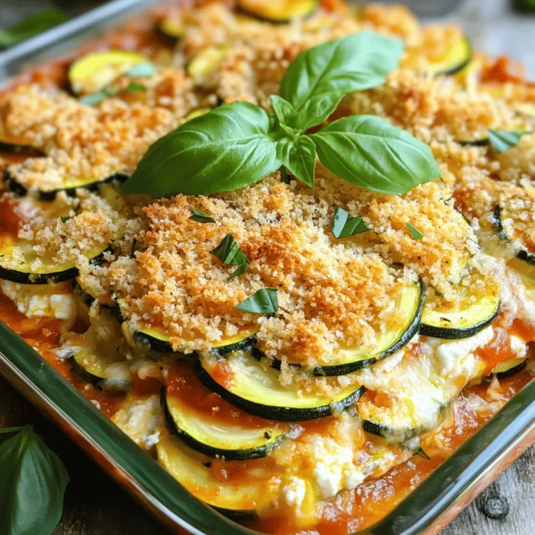To make Baked Zucchini Parmesan Casserole, gather these ingredients: - 4 medium zucchinis, sliced thinly - 2 cups marinara sauce - 1 cup ricotta cheese - 1 cup grated Parmesan cheese - 1 cup shredded mozzarella cheese - 2 cloves garlic, minced - 1 teaspoon dried basil - 1 teaspoon dried oregano - Salt and pepper to taste - 1 tablespoon olive oil - 1 cup breadcrumbs - Fresh basil leaves for garnish You can adjust these ingredients based on your taste. If you like, use low-fat ricotta cheese. For a richer flavor, try using fresh mozzarella. If you do not have marinara sauce, any tomato-based sauce works well. You can also swap zucchinis for eggplant or yellow squash. To keep your zucchinis fresh, store them in the fridge. Keep them unwashed in a paper bag. They stay crisp for about a week. Always choose firm zucchinis with smooth skin. Avoid soft or wrinkled ones. For the best flavor, use fresh herbs. Fresh basil enhances the dish’s aroma and look. Enjoy this recipe for a delicious meal that packs a punch! Check the Full Recipe for more details. First, gather your ingredients. You will need zucchinis, marinara sauce, ricotta, Parmesan, mozzarella, garlic, herbs, and breadcrumbs. Start by preheating your oven to 375°F (190°C). Next, slice the zucchinis thinly. Sprinkle them with salt and let them sit for about 15 minutes. This helps remove extra water. Afterward, pat them dry with paper towels. While the zucchinis sit, chop the garlic. Heat olive oil in a skillet over medium heat. Add the garlic and cook it for about 1 minute until it smells great. Add the zucchinis to the skillet. Cook them for 5-7 minutes until they are a bit soft but still firm. Turn off the heat and set them aside. In a separate bowl, mix the ricotta cheese, half of the Parmesan cheese, dried basil, dried oregano, and a pinch of salt and pepper. This mixture adds creaminess and flavor to the dish. Now it’s time to build the layers in the dish. Start with a 9x13 inch baking dish. Spread a thin layer of marinara sauce on the bottom. This keeps the casserole moist. Layer half of the sautéed zucchini evenly over the sauce. Then, take half of the ricotta mixture and spread it over the zucchini. Add another layer of marinara sauce on top. Repeat this process. Add the remaining zucchini, followed by the rest of the ricotta mixture, and more marinara sauce. For the final layer, sprinkle the shredded mozzarella cheese over the top. Add the rest of the Parmesan cheese and breadcrumbs for a nice crunch. Cover the baking dish with aluminum foil. Bake it in the preheated oven for 25 minutes. After that, remove the foil and bake for another 15 minutes. You want the top to be golden and bubbly. Once it’s done, let the casserole cool for about 10 minutes before serving. Enjoy this tasty baked zucchini Parmesan casserole with fresh basil on top! For the full recipe, check the earlier section. To make your baked zucchini parmesan casserole shine, start with fresh zucchini. Select firm zucchinis with smooth skin. These have the best flavor and texture. Always slice them thinly to ensure even cooking. I recommend salting the zucchini before cooking. This step pulls out extra moisture and intensifies the flavor. Use high-quality marinara sauce for a rich taste. You can also add red pepper flakes for a bit of heat. One common mistake is not removing enough moisture from the zucchini. If you skip salting, your casserole may turn soggy. Another mistake is overcooking the zucchini. You want it tender but not mushy. Also, be careful with layering. If you don’t layer properly, flavors won’t mix well. Lastly, don’t forget to cover the casserole with foil while baking. This helps keep the dish moist during the first bake. For serving, let the casserole cool for about ten minutes. This cooling time helps it hold its shape. Garnish with fresh basil leaves to add color and a fresh taste. I like to serve it alongside a simple green salad or crusty bread. This pairs well with the rich flavors of the casserole. For a fun touch, use a nice serving dish to highlight the layers. It makes your meal feel extra special. You can find the full recipe and more ideas to enjoy this dish! {{image_2}} If you want to make this dish gluten-free, swap the breadcrumbs with gluten-free ones. You can use crushed gluten-free crackers as well. They will still give you that nice crunch on top. Make sure to check your marinara sauce for hidden gluten. Many brands offer gluten-free options. You can boost nutrition by adding more veggies. Try bell peppers, mushrooms, or spinach. These add great flavor and color. Just sauté them with the zucchini for the best results. You can also layer in sliced tomatoes or eggplant for extra variety. Cheese is key in this casserole, but you have choices! If you want a lighter option, use part-skim ricotta and mozzarella. For a stronger flavor, try using goat cheese or feta. You can also mix in some cheddar if you like a sharper taste. Each cheese brings its own flair to the dish. Check the Full Recipe for the original cheese mix. Store any leftover Baked Zucchini Parmesan Casserole in an airtight container. I recommend using glass or plastic containers. Make sure to let it cool down first. This keeps it fresh for up to three days in the fridge. If you want to keep it longer, freezing is a great option. To reheat, place the casserole in the oven at 350°F (175°C). Cover it with foil to prevent drying out. Heat for about 20 minutes or until warm. You can also use a microwave. Heat it in short bursts, checking often to avoid overheating. You can freeze the casserole before or after baking. If freezing before baking, wrap it tightly with plastic wrap and then foil. It will stay fresh for three months. When ready to bake, thaw it overnight in the fridge. Then, bake as directed in the Full Recipe. If freezing after baking, let it cool completely first. To make this dish vegan, replace dairy cheese with vegan options. Use vegan ricotta and mozzarella. Nutritional yeast can add a cheesy flavor too. For the Parmesan, try using a store-bought vegan substitute or make your own with nuts and nutritional yeast. Also, check the marinara sauce for animal products. Many brands offer vegan sauces. Yes, you can prepare the casserole ahead. Assemble it up to the baking step. Cover it well and refrigerate for up to 24 hours. When ready to bake, remove it from the fridge. Let it sit at room temperature for about 30 minutes before baking. This helps it cook evenly. This casserole pairs well with many sides. A simple green salad adds freshness. Crusty bread is great for scooping up the casserole. Roasted vegetables can also complement the flavors. For a heartier meal, serve it with pasta or rice. Enjoy experimenting with your favorite sides! For the complete recipe, check out the Full Recipe. In this post, we explored the key ingredients, step-by-step instructions, and helpful tips for making Baked Zucchini Parmesan Casserole. I shared suggestions to vary the dish and provided storage advice. This casserole is simple, tasty, and perfect for any meal. You can adjust it to fit your taste, dietary needs, and freshness for leftovers. Now, you have all the tools to create a delicious dish that your family will love. Enjoy cooking and sharing this delightful casserole!