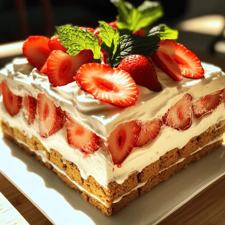 - Fresh strawberries - Heavy whipping cream - Cream cheese Fresh ingredients make this cake special. Use ripe strawberries for the best flavor. The heavy whipping cream adds a rich texture. Cream cheese gives a creamy base that holds everything together. - Powdered sugar - Vanilla extract - Graham crackers Pantry ingredients are easy to find. Powdered sugar sweetens the cream and helps it stay thick. Vanilla extract adds a lovely aroma. Graham crackers form the cake's base, giving a nice crunch. - Lemon zest - Fresh mint leaves for garnish Optional ingredients can enhance the cake. Lemon zest adds brightness and a fresh twist. Mint leaves provide a pop of color and a nice flavor when you serve the cake. You can skip these, but they add a nice touch. For the full recipe, check out the details above. To make the whipped cream, start with cold heavy cream. Pour it into a large bowl. Use a hand mixer or stand mixer to beat the cream. Beat it until soft peaks form. This means the cream will hold its shape but still be smooth. Be careful not to overbeat it. Overbeating will turn it into butter! In a separate bowl, add softened cream cheese. Mix in powdered sugar and vanilla extract. Use a spatula or mixer to blend until smooth. The mixture should be creamy and lump-free. You may also add lemon zest here for a fresh taste. This step adds a nice touch to the cream cheese. Grab a rectangular dish for the cake. Start by laying down a layer of graham crackers. Make sure to cover the bottom completely. Next, spread half of the cream mixture over the crackers. Then, layer half of the sliced strawberries on top. Repeat these layers with more graham crackers, the remaining cream, and the rest of the strawberries. Cover the dish with plastic wrap. Refrigerate it for at least four hours or overnight. This helps the flavors mix and the graham crackers soften. Enjoy this easy and creamy delight! For the full recipe, check out the No Bake Strawberry Icebox Cake. To make your icebox cake shine, start with clean layers. Use a flat dish for even stacking. Place a layer of graham crackers at the bottom first. Spread your cream mixture evenly on top. This helps flavors blend well. Next, layer half of your strawberries on the cream. Repeat this process for the second layer. This method ensures every bite is rich in flavor. The right consistency is key for a perfect dessert. When whipping your cream, stop when soft peaks form. This keeps the cream light and airy. Mix the cream cheese until smooth before adding sugar and vanilla. Gently fold the whipped cream into the cream cheese mix. This keeps it fluffy. For extra zing, add lemon zest. It brightens the flavor without overpowering it. Presentation matters for this beautiful cake. Cut it into neat squares for easy serving. You can add fresh mint leaves on top for a pop of color. Consider serving it on a colorful plate to make it stand out. Pair it with a scoop of vanilla ice cream for extra delight. For a fun twist, drizzle some chocolate sauce over the top. These small touches make your dessert memorable. For the full recipe, check the section above. {{image_2}} You can change up the flavors in your icebox cake. Try using different fruits like blueberries, raspberries, or peaches. You can even mix in some chocolate or caramel. Each fruit gives a new taste. It’s fun to get creative. Add a splash of juice or extract for extra flavor. For example, almond or coconut extracts can add a lovely twist. This will keep your dessert fresh and exciting. If you need a gluten-free version, it’s easy to swap out the graham crackers. Use gluten-free cookies or crackers instead. Many options are available at the store. Just make sure to check the labels. You can also use crushed gluten-free oats for a great base. This way, everyone can enjoy the cake without worry. For a dairy-free icebox cake, use non-dairy cream cheese and whipped cream. Almond, coconut, or soy-based options work well. Make sure to choose brands that whip well. You can still achieve that creamy texture. This means all your friends can enjoy a slice too! With these options, everyone can enjoy this easy and creamy delight. If you want to try the classic version, check out the Full Recipe for more details. To keep your no bake strawberry icebox cake fresh, wrap it well. Use plastic wrap or aluminum foil. This helps prevent the cake from drying out. Store it in the fridge. Make sure it is in an airtight container if possible. This keeps the flavors intact. Yes, you can freeze this cake! First, let the cake set in the fridge for at least 4 hours. Then, slice it into squares. Wrap each piece in plastic wrap. Place the wrapped pieces in a freezer-safe bag. This helps save space. When ready to enjoy, thaw in the fridge overnight before serving. In the fridge, your no bake strawberry icebox cake lasts about 3 to 4 days. The graham crackers will soften over time, which is normal. If frozen, it can last for up to 2 months. Just remember, the sooner you eat it, the fresher it will taste. Enjoy every bite! A No Bake Strawberry Icebox Cake is a chilled dessert made with layers of graham crackers, cream, and strawberries. It is light, creamy, and full of sweet fruit flavor. You build it in a dish and let it chill in the fridge. The graham crackers soften and blend with the creamy mix. The dessert is easy to make and does not require any baking, making it perfect for hot days. To get the best results, chill the cake for at least 4 hours. If you can, let it set overnight. This time helps the flavors mix and the texture become creamy. You want the graham crackers to soften well, so they melt in your mouth. Yes, you can use frozen strawberries. They can save time and are often cheaper. However, they may not taste as fresh. Frozen strawberries release more juice when thawed, which can make the cake a bit watery. If you use them, be sure to drain any excess juice. Fresh strawberries give a brighter flavor and firmer texture, which I prefer. For the full recipe and more tips, check out the [Full Recipe]. This blog post outlined how to make a delicious No Bake Strawberry Icebox Cake. We covered fresh and pantry ingredients, plus some optional ones for extra flavor. You learned the step-by-step process, from whipping cream to layering the cake. We shared tips for perfect layers and consistency, along with creative serving ideas. Variations included gluten-free and dairy-free options. Don't forget about smart storage methods to keep your cake fresh! I hope you feel ready to create this easy dessert. It’s a fun treat for any occasion.