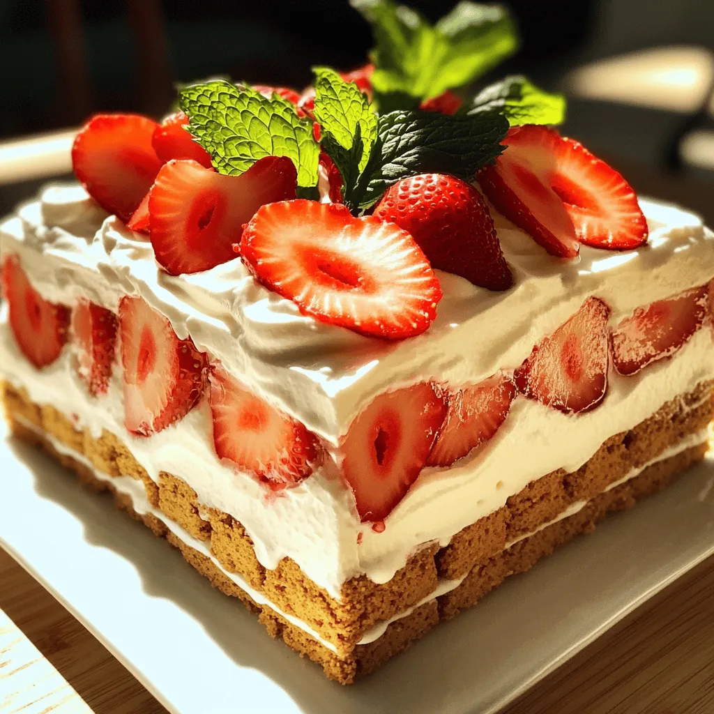 - Fresh strawberries - Heavy whipping cream - Cream cheese Fresh ingredients make this cake special. Use ripe strawberries for the best flavor. The heavy whipping cream adds a rich texture. Cream cheese gives a creamy base that holds everything together. - Powdered sugar - Vanilla extract - Graham crackers Pantry ingredients are easy to find. Powdered sugar sweetens the cream and helps it stay thick. Vanilla extract adds a lovely aroma. Graham crackers form the cake's base, giving a nice crunch. - Lemon zest - Fresh mint leaves for garnish Optional ingredients can enhance the cake. Lemon zest adds brightness and a fresh twist. Mint leaves provide a pop of color and a nice flavor when you serve the cake. You can skip these, but they add a nice touch. For the full recipe, check out the details above. To make the whipped cream, start with cold heavy cream. Pour it into a large bowl. Use a hand mixer or stand mixer to beat the cream. Beat it until soft peaks form. This means the cream will hold its shape but still be smooth. Be careful not to overbeat it. Overbeating will turn it into butter! In a separate bowl, add softened cream cheese. Mix in powdered sugar and vanilla extract. Use a spatula or mixer to blend until smooth. The mixture should be creamy and lump-free. You may also add lemon zest here for a fresh taste. This step adds a nice touch to the cream cheese. Grab a rectangular dish for the cake. Start by laying down a layer of graham crackers. Make sure to cover the bottom completely. Next, spread half of the cream mixture over the crackers. Then, layer half of the sliced strawberries on top. Repeat these layers with more graham crackers, the remaining cream, and the rest of the strawberries. Cover the dish with plastic wrap. Refrigerate it for at least four hours or overnight. This helps the flavors mix and the graham crackers soften. Enjoy this easy and creamy delight! For the full recipe, check out the No Bake Strawberry Icebox Cake. To make your icebox cake shine, start with clean layers. Use a flat dish for even stacking. Place a layer of graham crackers at the bottom first. Spread your cream mixture evenly on top. This helps flavors blend well. Next, layer half of your strawberries on the cream. Repeat this process for the second layer. This method ensures every bite is rich in flavor. The right consistency is key for a perfect dessert. When whipping your cream, stop when soft peaks form. This keeps the cream light and airy. Mix the cream cheese until smooth before adding sugar and vanilla. Gently fold the whipped cream into the cream cheese mix. This keeps it fluffy. For extra zing, add lemon zest. It brightens the flavor without overpowering it. Presentation matters for this beautiful cake. Cut it into neat squares for easy serving. You can add fresh mint leaves on top for a pop of color. Consider serving it on a colorful plate to make it stand out. Pair it with a scoop of vanilla ice cream for extra delight. For a fun twist, drizzle some chocolate sauce over the top. These small touches make your dessert memorable. For the full recipe, check the section above. {{image_2}} You can change up the flavors in your icebox cake. Try using different fruits like blueberries, raspberries, or peaches. You can even mix in some chocolate or caramel. Each fruit gives a new taste. It’s fun to get creative. Add a splash of juice or extract for extra flavor. For example, almond or coconut extracts can add a lovely twist. This will keep your dessert fresh and exciting. If you need a gluten-free version, it’s easy to swap out the graham crackers. Use gluten-free cookies or crackers instead. Many options are available at the store. Just make sure to check the labels. You can also use crushed gluten-free oats for a great base. This way, everyone can enjoy the cake without worry. For a dairy-free icebox cake, use non-dairy cream cheese and whipped cream. Almond, coconut, or soy-based options work well. Make sure to choose brands that whip well. You can still achieve that creamy texture. This means all your friends can enjoy a slice too! With these options, everyone can enjoy this easy and creamy delight. If you want to try the classic version, check out the Full Recipe for more details. To keep your no bake strawberry icebox cake fresh, wrap it well. Use plastic wrap or aluminum foil. This helps prevent the cake from drying out. Store it in the fridge. Make sure it is in an airtight container if possible. This keeps the flavors intact. Yes, you can freeze this cake! First, let the cake set in the fridge for at least 4 hours. Then, slice it into squares. Wrap each piece in plastic wrap. Place the wrapped pieces in a freezer-safe bag. This helps save space. When ready to enjoy, thaw in the fridge overnight before serving. In the fridge, your no bake strawberry icebox cake lasts about 3 to 4 days. The graham crackers will soften over time, which is normal. If frozen, it can last for up to 2 months. Just remember, the sooner you eat it, the fresher it will taste. Enjoy every bite! A No Bake Strawberry Icebox Cake is a chilled dessert made with layers of graham crackers, cream, and strawberries. It is light, creamy, and full of sweet fruit flavor. You build it in a dish and let it chill in the fridge. The graham crackers soften and blend with the creamy mix. The dessert is easy to make and does not require any baking, making it perfect for hot days. To get the best results, chill the cake for at least 4 hours. If you can, let it set overnight. This time helps the flavors mix and the texture become creamy. You want the graham crackers to soften well, so they melt in your mouth. Yes, you can use frozen strawberries. They can save time and are often cheaper. However, they may not taste as fresh. Frozen strawberries release more juice when thawed, which can make the cake a bit watery. If you use them, be sure to drain any excess juice. Fresh strawberries give a brighter flavor and firmer texture, which I prefer. For the full recipe and more tips, check out the [Full Recipe]. This blog post outlined how to make a delicious No Bake Strawberry Icebox Cake. We covered fresh and pantry ingredients, plus some optional ones for extra flavor. You learned the step-by-step process, from whipping cream to layering the cake. We shared tips for perfect layers and consistency, along with creative serving ideas. Variations included gluten-free and dairy-free options. Don't forget about smart storage methods to keep your cake fresh! I hope you feel ready to create this easy dessert. It’s a fun treat for any occasion.