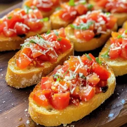 To make tomato basil bruschetta, gather these fresh ingredients. They are key to rich flavor and texture. - Bread type and selection: Use 1 baguette, sliced diagonally into 1/2 inch pieces. - Fresh produce essentials: You need 4 ripe tomatoes, diced, 1/4 cup fresh basil leaves, finely chopped, and 2 cloves garlic, minced. - Condiments and seasonings: Use 3 tablespoons extra-virgin olive oil, 1 tablespoon balsamic vinegar, and salt and black pepper to taste. - Optional garnishes for presentation: Add Parmesan shavings for garnish if you like. These ingredients come together to create a simple yet flavorful dish. The Fresh tomatoes and basil make this bruschetta bright and refreshing. To enhance it, good olive oil and balsamic vinegar add depth. If you're looking for the full recipe, check the earlier sections for complete details. 1. Preheat your oven. Set it to 400°F (200°C). This helps the bread get crisp. 2. Prepare your baking sheet. Line it with parchment paper or just use it as is. 3. Brush the baguette slices. Use 1 tablespoon of olive oil. Lightly coat each slice. This adds flavor and helps with crisping. 4. Bake the bread. Place the slices in the oven for 5-7 minutes. Flip them halfway. Look for a golden color. 1. Dice the tomatoes. Cut them into small pieces. This helps them mix well. 2. Chop the basil. Finely slice the leaves. Fresh basil gives a nice aroma. 3. Mix in garlic. Add minced garlic for extra flavor. 4. Balance the flavors. Stir in balsamic vinegar and remaining olive oil. Add salt and pepper to taste. Toss gently until mixed. 1. Top the toasted bread. Spoon the tomato basil mix generously onto each slice. 2. Presentation tips. Arrange the bruschetta on a large platter. Garnish with whole basil leaves for color. Serve with a bowl of extra balsamic vinegar for drizzling. Enjoy your delicious Tomato Basil Bruschetta! For the full recipe, check out the full recipe section. Choosing ripe tomatoes is key. Look for tomatoes that feel heavy for their size. They should have a deep color and slight give when you press them. Fresh basil is also important. Select bright green leaves without brown spots. Smell the basil; it should smell strong and sweet. Quality olive oil enhances flavor. Always use extra-virgin olive oil for the best taste. This oil has a rich flavor that makes your bruschetta shine. Balancing acidity and seasoning is crucial. You want the tomatoes to taste bright and fresh. Add balsamic vinegar slowly. Taste as you mix to find the right tartness. Adjust salt and pepper to your liking. If you prefer less acidity, add a bit more olive oil. If you want more zest, add a dash of lemon juice. These small changes can make a big difference. Serving style matters. Arrange your bruschetta on a large platter. Layer them in rows for a clean look. Garnish with whole basil leaves for color. A sprinkle of Parmesan on top adds elegance. For an extra touch, serve with a small bowl of balsamic vinegar. This lets guests drizzle more on their bruschetta. A beautiful presentation makes the dish even more appealing. {{image_2}} You can switch up your bruschetta with different toppings. Try adding creamy avocado slices for richness. Fresh mozzarella gives a nice, soft texture. You can also use seasonal ingredients. Roasted peppers add a sweet, smoky flavor. Artichokes bring a unique taste to the mix. The options are endless! If you need a gluten-free choice, use corn or rice-based bread. You can also try slices of grilled eggplant or zucchini. These options keep the dish tasty while fitting dietary needs. For some heat, add diced jalapeños or crushed red pepper flakes. If you want a gourmet twist, think about using truffle oil instead of olive oil. You could also add sun-dried tomatoes for a deeper flavor. These changes make your bruschetta stand out and impress your guests. To keep leftover bruschetta fresh, store it in an airtight container. This helps avoid sogginess. You want to keep the bread and tomato mixture separate. This way, the bread stays crispy, and the topping remains juicy. If you have extra baguette slices, wrap them in plastic wrap or foil. Store them at room temperature for the best taste. Freezing bruschetta is tricky. I do not recommend freezing the whole bruschetta. The bread will get mushy when thawed. However, you can freeze the tomato basil mixture. Place it in a freezer-safe bag or container. It can last up to three months in the freezer. When ready to use, just thaw it in the fridge overnight. Reheating bruschetta requires care. I suggest reheating the bread separately. Preheat your oven to 350°F (175°C). Place the toasted bread on a baking sheet. Warm it for about 5 minutes. This keeps the bread crispy. After that, add the tomato mixture on top. Enjoy your bruschetta warm, just like the first time. Homemade bruschetta tastes best fresh. If you store it, it lasts about one day in the fridge. Keep the toppings and bread separate. The bread gets soggy fast when mixed with the topping. You can prepare the tomato basil mixture ahead. Store it in the fridge for up to two days. Just wait to top the bread until you are ready to serve. This keeps the bread nice and crunchy. Bruschetta pairs well with many dishes. Here are some great ideas: - A fresh green salad - Charcuterie board with meats and cheeses - Grilled vegetables for a hearty side - A bowl of olives for a salty bite For the full recipe, check out [Full Recipe]. Making bruschetta involves choosing the right bread, fresh produce, and seasonings. I shared preparation steps, topping tips, and presentation ideas. You can enjoy variations that suit your taste, whether gluten-free or spicy. Store leftovers properly to keep them fresh. Bruschetta is easy to make and great for sharing. Experiment with your favorite ingredients and impress your friends. Enjoy the process of creating a dish that tastes as good as it looks.