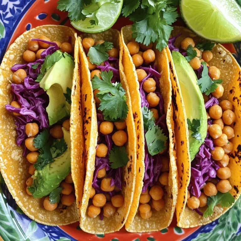 To make delicious crispy chickpea tacos, gather the following ingredients: - 1 can (15 oz) chickpeas, drained and rinsed - 1 tablespoon olive oil - 1 teaspoon smoked paprika - 1 teaspoon ground cumin - 1/2 teaspoon garlic powder - 1/2 teaspoon onion powder - Salt and pepper to taste - 8 small corn tortillas - 1 cup shredded red cabbage - 1 avocado, sliced - 1/2 cup fresh cilantro, chopped - Lime wedges (for serving) - Optional: Hot sauce for serving These ingredients create a fun mix of flavors and textures. Each item plays a role. The chickpeas provide protein, while spices add depth. The tortillas hold everything together, and fresh veggies bring crunch. Feel free to adjust the recipe. Try adding different spices or toppings you enjoy. You can even swap chickpeas for another bean. This flexibility keeps every meal fresh and exciting. For a more detailed cooking guide, check out the Full Recipe. Enjoy your cooking adventure! First, preheat your oven to 400°F (200°C). This heat makes the chickpeas crisp up nicely. While the oven warms, gather your ingredients. In a mixing bowl, add one can of drained chickpeas. Pour in one tablespoon of olive oil. Then, add one teaspoon of smoked paprika, one teaspoon of ground cumin, half a teaspoon of garlic powder, and half a teaspoon of onion powder. Sprinkle in salt and pepper to taste. Toss all the ingredients well until the chickpeas are fully coated. Spread the seasoned chickpeas on a baking sheet lined with parchment paper. Make sure they’re in a single layer, so they cook evenly. Bake them for 25 to 30 minutes. Stir them halfway through to ensure they brown nicely. You’ll know they’re done when they turn golden brown and feel crispy to the touch. While the chickpeas bake, heat a skillet over medium heat. Lightly toast your corn tortillas for about 30 seconds on each side. This step adds great texture. Once your chickpeas are ready, start assembling your tacos. Place a generous spoonful of crispy chickpeas on each warm tortilla. Top with shredded red cabbage, avocado slices, and fresh cilantro. Serve with lime wedges and hot sauce if you like a little heat. For the full recipe, check the earlier section. To get the best crispiness from your chickpeas, start by drying them well. After rinsing, pat them dry with a clean towel. This step helps them roast better. Use olive oil for flavor and crispness. Toss the chickpeas with spices like smoked paprika and cumin to add depth. If you want to try a different method, air frying works great too. Set your air fryer to 400°F (200°C) and cook for about 15-20 minutes. Shake the basket halfway through to ensure even crispiness. Serving your tacos well makes them more fun to eat. Use a colorful platter to display your tacos. Arrange them neatly, and sprinkle extra cilantro on top. Add lime wedges around the tacos for bright color and a fresh touch. For a final pop of color, add slices of avocado on top or on the side. Fresh ingredients make the dish look inviting. You can also try drizzling some hot sauce over the tacos for an extra flair. These small touches make a big difference and impress everyone at the table. {{image_2}} You can switch up the protein in your tacos. If you want something different, try tofu. Just press it to remove water, then cube it. Toss it with your spices and bake it just like chickpeas. Chicken is another great option. Use cooked, shredded chicken for a hearty filling. You can also use tempeh for a nutty flavor. For plant-based fans, lentils work well too. They are easy to cook and absorb flavors nicely. Spices can take your tacos to the next level. Add chili powder for heat or oregano for a fresh taste. Fresh herbs like parsley or dill can brighten the flavors. You can also try a dash of lime juice for a zesty kick. Salsas are a great way to add flavor. Mango salsa adds sweetness, while pico de gallo offers a fresh crunch. You might enjoy a creamy avocado dip on the side. It pairs perfectly with the crunchy chickpeas. Explore different flavors to find your favorite mix! To keep your crispy chickpeas fresh, store them in an airtight container. This will help them stay crunchy. You can keep them in the fridge for up to three days. If you have leftover tortillas, wrap them in a damp paper towel. Place them in a zip-top bag. This keeps them from drying out. Try to eat them within two days for the best taste. When reheating, use an oven or skillet. Preheat your oven to 350°F (175°C). Spread the chickpeas on a baking sheet and heat for about 10 minutes. This helps restore their crispiness. If you use a skillet, heat it on medium. Add a little oil and toss the chickpeas until warm. Avoid using the microwave. It makes the chickpeas soft and chewy. For the tortillas, heat them in a dry skillet for about 30 seconds. This keeps them pliable and tasty. If you can't find chickpeas, you can use other legumes like black beans or lentils. Black beans have a smooth texture and a rich flavor. They cook fast, so check them often. Lentils can also work, but they need less cooking time. Make sure to adjust your spices to match these legumes. Yes, these tacos can easily be gluten-free. Just choose corn tortillas instead of flour. Most corn tortillas are naturally gluten-free. Always check the package to be sure. This way, everyone can enjoy these tasty tacos without worry. You can still make crispy tacos on the stovetop. Just heat a skillet over medium heat. Add some oil and fry the chickpeas until they are crispy. You can also use an air fryer. Set it to a high temperature and cook for about 15 minutes. This gives you that crunch without using an oven. Yes, you can prep these tacos in advance. Cook the chickpeas and store them in the fridge. Just warm them up when you're ready to eat. You can also slice the avocado and cabbage ahead of time. Keep them in separate containers to stay fresh. This makes meal time quick and easy. For the full recipe, check out the Crispy Chickpea Tacos section! This post covered how to make crispy chickpea tacos step by step. You learned the ingredients needed, from chickpeas to optional flavors. We discussed the baking process for crispiness and how to layer for the best taste. Tips on storing and reheating ensure your tacos stay fresh. Lastly, variations let you customize flavors and protein options. Enjoy making your tacos your way, and share this tasty dish with friends!