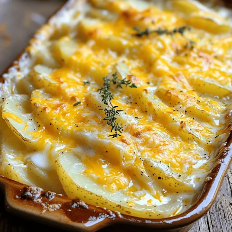 Cheesy scalloped potatoes bring comfort to any table. They blend creamy cheese with tender potatoes. This dish is perfect for family dinners or potlucks. You can find the full recipe at the end. To make cheesy scalloped potatoes, you need: - 3 large russet potatoes, thinly sliced - 2 cups shredded sharp cheddar cheese - 1 cup milk - 1 cup heavy cream - 2 tablespoons butter - 3 cloves garlic, minced - 1 teaspoon fresh thyme leaves (or ½ teaspoon dried thyme) - 1 teaspoon salt - ½ teaspoon black pepper - ¼ teaspoon cayenne pepper (optional, for a kick) - ¼ cup grated Parmesan cheese (for topping) These ingredients create layers of flavor and a rich texture that everyone loves. You can enhance the dish with a few simple add-ons: - Cooked bacon bits for a smoky taste - Sautéed onions for sweetness - Fresh herbs like rosemary or parsley for brightness - A sprinkle of paprika for color and taste Feel free to mix and match these add-ons to make the dish your own. Start by washing the potatoes. I like to use large russet potatoes. Slice them thinly; about 1/8 inch thick is perfect. Thin slices cook evenly and get creamy. In a big bowl, mix the sliced potatoes with minced garlic, thyme, salt, black pepper, and cayenne pepper. Toss until they are well coated. This mix adds flavor to every bite. In another bowl, whisk together the milk and heavy cream. This creamy mixture makes the dish rich. Pour it over the seasoned potatoes. Make sure all the slices are well covered. This step ensures every slice gets that creamy goodness. Grease a large baking dish with butter to stop sticking. Layer half of the potato mix in the dish. Now, sprinkle one cup of shredded cheddar cheese over this layer. Add the rest of the potato mix on top. Pour any leftover cream mixture over everything. Finally, top with the rest of the cheddar and Parmesan cheese. Cover the dish with foil and bake at 350°F for 45 minutes. After that, remove the foil and bake for another 15-20 minutes. The top should be golden and bubbly. Let it rest for 10 minutes before serving. This helps the cheese set. For the full recipe, check the earlier section. To get that creamy texture, use a mix of milk and heavy cream. The heavy cream adds richness, while the milk keeps it light. Make sure to coat the potatoes well. If the potatoes float, they won’t cook evenly. Keep an eye on the baking time. If the top browns too fast, cover it with foil. Sharp cheddar is my top pick. It melts well and adds a nice flavor. You can also mix in Gruyère or mozzarella for a twist. For extra flavor, sprinkle some Parmesan on top. This gives a crunchy texture and adds depth. Experiment with your favorite cheeses to find your perfect blend. One big mistake is cutting the potatoes too thick. Thin slices cook better. Another mistake is not seasoning enough. Potatoes need salt to bring out their flavor. Lastly, don’t skip resting time. Letting the dish sit helps it set. This makes it easier to serve. For more details, check the Full Recipe. {{image_2}} You can add bacon or ham to your cheesy scalloped potatoes for a tasty twist. Just cook the bacon until crisp, then chop it into bits. If using ham, cut it into small pieces. Add these to the potato mixture before layering. The salty, smoky flavor of the bacon or ham pairs well with the creamy cheese. This addition makes each bite even more comforting and rich. Fresh herbs can enhance the taste of your dish. Try adding rosemary, parsley, or chives. Chop the herbs finely and mix them into the potato layers. You can also sprinkle them on top before serving. The herbs bring a bright note to the rich cheese, balancing the flavors. Thyme is great, but don't be afraid to experiment with your favorites. To make a vegan version, swap dairy ingredients for plant-based options. Use almond milk or coconut milk instead of regular milk. For the cream, try cashew cream or coconut cream. You can also use vegan cheese for that cheesy flavor. This version allows everyone to enjoy scalloped potatoes while meeting dietary needs. You can still add herbs and spices to keep the flavor bold. For the full recipe, check out the initial details. After you enjoy your cheesy scalloped potatoes, let them cool. Place the leftovers in an airtight container. You can keep them in the fridge for up to four days. If you have a big batch, it’s smart to store them in smaller portions. This makes it easy to grab a serving later. When it's time to enjoy your leftovers, the oven works best. Preheat your oven to 350°F (175°C). Place the potatoes in a baking dish and cover them with foil. Heat for about 20 minutes. This keeps the cheese nice and melty. You can also use a microwave if you're in a hurry. Just heat in short bursts, stirring in between, until hot. If you want to save some cheesy scalloped potatoes for later, freezing is a great option. First, let them cool completely. Then, store them in a freezer-safe container. You can also use freezer bags for even more space-saving. They will stay good for about two to three months. When you're ready to eat, thaw them in the fridge overnight. Reheat in the oven for the best taste. Enjoy your cheesy goodness anytime! You can find the full recipe here. Yes, you can use many types of potatoes. I prefer russet potatoes because they are starchy. They create a soft texture. You can also use Yukon Gold for a creamy taste. Red potatoes hold their shape well, adding a nice contrast. Just remember to slice them thinly, so they cook evenly. To make cheesy scalloped potatoes ahead of time, prepare the dish as usual. Layer the potatoes and cheese, but do not bake them. Cover the dish with foil and store it in the fridge. You can prepare it up to 24 hours in advance. When ready, just bake as directed, adding a few extra minutes if it's cold. Reheating is simple. Preheat your oven to 350°F (175°C). Place the dish in the oven, covered with foil. Heat for about 20-25 minutes until warm. If you want a crispy top, remove the foil for the last 10 minutes. You can also use a microwave, but the oven keeps the texture better. This article covered everything you need for creamy scalloped potatoes. I shared the essential ingredients, step-by-step instructions, and helpful tips. You learned about fun variations like adding bacon or using vegan options. I also explained how to store and reheat leftovers properly. Now, you can make delicious scalloped potatoes with confidence. Enjoy crafting your own tasty dish!