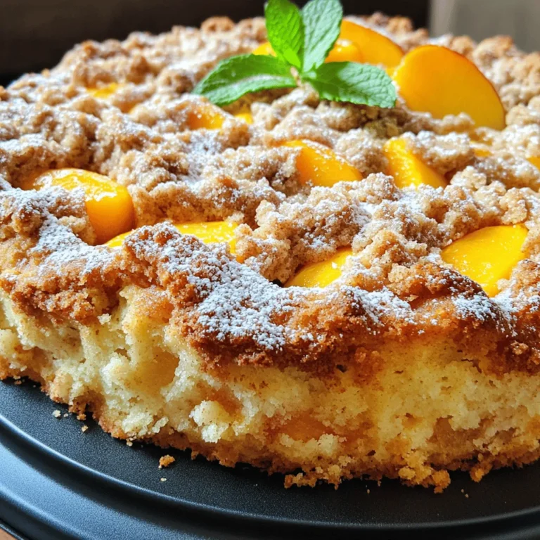 - Dry Ingredients - 2 cups all-purpose flour - 1 cup granulated sugar - 2 teaspoons baking powder - 1/2 teaspoon baking soda - 1/4 teaspoon salt - Wet Ingredients - 1/2 cup unsalted butter, softened - 3 large eggs - 1 cup Greek yogurt - 1 teaspoon vanilla extract - 2 cups ripe peaches, diced (about 2-3 medium peaches) - Streusel Topping - 1/2 cup brown sugar - 1/3 cup all-purpose flour - 1/4 cup rolled oats - 1/4 cup unsalted butter, melted - 1 teaspoon cinnamon I love using fresh, ripe peaches for this recipe. They add a sweet, juicy flavor. The combination of soft cake and crunchy streusel makes every bite a joy. You can use other fruits if you want a twist. Apples or berries work well too. For the streusel topping, the oats give it a nice texture. The brown sugar adds a rich taste. This topping is easy to mix. Just combine the ingredients in a bowl until crumbly. It's a fun and simple way to add crunch to your cake. If you want the full recipe, check the details above. The ingredients listed here will help you create a delicious Peach Streusel Coffee Cake. Enjoy the process of baking and the joy it brings! Preheating the Oven Start by preheating your oven to 350°F (175°C). This step is key. A hot oven helps the cake rise well. If the oven is not hot enough, your cake may not bake properly. Greasing the Baking Pan Next, grease a 9x13 inch baking pan. You can also use parchment paper for easy removal. Greasing the pan helps the cake come out smoothly. Creaming Butter and Sugar In a large mixing bowl, cream together the softened butter and granulated sugar. Beat them until the mix is light and fluffy. This process takes about 3-4 minutes. Proper creaming adds air, making the cake soft. Incorporating Eggs and Yogurt Now, beat in the eggs one at a time. Make sure each egg is well blended before adding the next. Then, mix in the Greek yogurt and vanilla extract until the batter is smooth. The yogurt adds moisture and richness. Adding Dry Ingredients In another bowl, whisk together the flour, baking powder, baking soda, and salt. Gradually add this dry mix to the wet batter. Use a spatula to fold gently until just combined. Avoid overmixing, as it can make the cake tough. Incorporating Peaches and Preparing Streusel Gently fold in the diced peaches. Be careful not to break them apart too much. In a separate bowl, mix the brown sugar, flour, rolled oats, melted butter, and cinnamon for the streusel. Combine until it is crumbly. The streusel adds a sweet crunch. Follow these steps for a delicious Peach Streusel Coffee Cake. For the full recipe, refer to the earlier section. Ensuring Even Baking To bake your Peach Streusel Coffee Cake evenly, spread the batter smoothly in the pan. Make sure your oven is set to the right temperature before you start. Use an oven thermometer to check the heat. This helps avoid hot spots that can burn your cake. Rotate the pan halfway through baking for a better rise. Checking for Doneness To know if your cake is done, use a toothpick. Insert it in the center of the cake. If it comes out clean, the cake is ready. If it has batter on it, bake a few more minutes. Keep an eye on your cake as it bakes to avoid overcooking. Serving and Garnishing Serve your Peach Streusel Coffee Cake on a nice platter. Dust it with powdered sugar for a sweet touch. You can also add fresh peach slices on top for color. A sprig of mint adds freshness and looks great too. Pairing with Beverages This cake pairs well with coffee or tea. A light herbal tea highlights the peach flavors. You could also serve it with lemonade for a refreshing balance. Enjoy it at breakfast, brunch, or as a snack. Check out the Full Recipe for more details. {{image_2}} Alternative Fruits You can swap peaches for other fruits. Try ripe berries, like blueberries or raspberries. Cherries also work well. Apples bring a nice crunch, too. Each fruit adds its own flavor twist. Just remember to adjust the sugar if the fruit is sweeter or tart. Different Nut Toppings For added texture, use nuts in the streusel. Walnuts or pecans enhance the flavor. Almonds provide a nice crunch, too. Chop them finely and mix them into the streusel. You can also sprinkle them on top for extra crunch. Gluten-Free Options If you need a gluten-free cake, swap the flour for a gluten-free blend. Look for a blend that works in baking. This helps keep the cake moist and fluffy. You can also use almond flour for a different taste. Vegan Substitutes To make this coffee cake vegan, replace the eggs with flax eggs. Mix one tablespoon of ground flaxseed with three tablespoons of water. Let it sit until it thickens. Use a plant-based yogurt instead of Greek yogurt. This way, everyone can enjoy this delicious treat. For the complete recipe, check out the Full Recipe section. Room Temperature You can keep Peach Streusel Coffee Cake at room temperature for up to three days. Place it in an airtight container. This helps keep the cake moist. Avoid direct sunlight or heat. Refrigeration Tips If you want to store it longer, place it in the fridge. The cake stays fresh for about a week when refrigerated. Cover it well with plastic wrap or foil to prevent drying out. Freezing the Cake You can freeze Peach Streusel Coffee Cake for up to three months. First, let the cake cool completely. Then, wrap it tightly in plastic wrap. After that, place it in a freezer-safe bag or container. Label it with the date and type of cake. Thawing and Reheating To thaw, move the cake to the fridge overnight. If you want it warm, preheat your oven to 350°F (175°C). Heat the cake for about 10-15 minutes. This way, it tastes fresh baked again. For the full recipe, check the earlier section. Can I use canned peaches? Yes, you can use canned peaches. Make sure to drain them well. Fresh peaches add great flavor, but canned ones work in a pinch. Cut them into small pieces to mix well into the batter. How do I know if the cake is done? To check if the cake is done, insert a toothpick in the center. If it comes out clean, the cake is ready. If it has batter on it, bake a few more minutes. Can I make this coffee cake ahead of time? Yes, you can make this coffee cake ahead of time. Bake it, let it cool, and store it in an airtight container. It stays fresh for a few days. You can also freeze it for longer storage. What can I serve with Peach Streusel Coffee Cake? This coffee cake pairs well with coffee or tea. You can also serve it with fresh whipped cream or a scoop of vanilla ice cream. If you want, add a side of fresh fruit for extra flavor. This blog post detailed how to make a delicious Peach Streusel Coffee Cake. We covered the ingredients, step-by-step instructions, and tips for better baking. You learned about flavor swaps and storage options to keep your cake fresh. Remember, baking is an art. Experiment and have fun with your flavors. Enjoy sharing this treat with friends or family, and savor every bite!