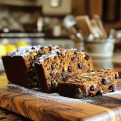 - 1 ½ cups grated zucchini - 1 cup all-purpose flour - 1 cup whole wheat flour - 1 teaspoon baking soda - ½ teaspoon baking powder - ½ teaspoon salt - 1 teaspoon ground cinnamon - ½ cup granulated sugar - ½ cup brown sugar - 2 large eggs - ½ cup vegetable oil - 2 teaspoons vanilla extract - 1 cup semi-sweet chocolate chips - ½ cup walnuts or pecans (optional) This recipe is simple and uses fresh zucchini. The zucchini adds moisture and nutrition. You can use one medium zucchini for this recipe. Grating it finely helps blend it well into the batter. For flour, I mix all-purpose and whole wheat. This gives a nice texture and adds fiber. Baking soda and baking powder help the bread rise. I love using ground cinnamon for warmth and flavor. The sugars create sweetness and help with browning. Eggs act as a binder, giving the bread structure. Vegetable oil keeps it moist and tender. Vanilla extract adds a lovely aroma. Chocolate chips bring sweetness and a rich flavor. If you like nuts, add walnuts or pecans for crunch. These ingredients make a delicious treat that everyone loves. You can find the full recipe for Chocolate Chip Zucchini Bliss to guide you through every step. 1. Preheat your oven to 350°F (175°C). This ensures even baking for your bread. 2. Grease a 9x5-inch loaf pan. You can also line it with parchment paper for easy removal. 3. Grate 1 medium zucchini to get about 1 ½ cups. 4. In a large bowl, mix the grated zucchini with ½ cup granulated sugar and ½ cup brown sugar. 5. Let this sit for about 10 minutes. This step helps release moisture from the zucchini. 1. In a separate bowl, whisk together the dry ingredients. Use 1 cup all-purpose flour, 1 cup whole wheat flour, 1 teaspoon baking soda, ½ teaspoon baking powder, ½ teaspoon salt, and 1 teaspoon ground cinnamon. 2. Now, return to the zucchini mixture. Add 2 large eggs, ½ cup vegetable oil, and 2 teaspoons of vanilla extract. Mix well until everything is combined. 1. Gradually add the dry mixture to the wet zucchini mixture. Stir gently until just combined. Be careful not to overmix, as this can make your bread tough. 2. Fold in 1 cup of semi-sweet chocolate chips. If you want, you can also add ½ cup of chopped walnuts or pecans. 3. Pour the batter into your prepared loaf pan. Smooth the top with a spatula for an even bake. 4. Bake for 50-60 minutes. To check if it's done, insert a toothpick into the center. If it comes out clean, your bread is ready. 5. Once baked, remove it from the oven. Let it cool in the pan for about 10 minutes. After that, transfer it to a wire rack to cool completely. By following these steps, you’ll create a delicious chocolate chip zucchini bread that delights everyone! For the complete recipe, check out the Full Recipe section. - Use room temperature ingredients for best results. This helps the batter mix well. - Mix gently to keep the bread light. Overmixing makes it dense and tough. - Keep leftovers in an airtight container at room temperature for up to three days. This keeps them fresh and soft. - For long-term storage, slice the bread and wrap it tightly. Freeze slices for up to three months. Defrost in the fridge or at room temperature. - Enjoy the bread warm. It tastes best when fresh from the oven. - Pair it with cream cheese or a scoop of vanilla ice cream. This adds a nice touch to your dessert! For the full recipe, check out Chocolate Chip Zucchini Bliss. {{image_2}} You can make this treat gluten-free with a simple swap. Use a gluten-free flour blend instead of regular flour. Many blends work well, but check for one that includes xanthan gum. This helps mimic the texture of wheat flour. Just measure it the same way as the all-purpose flour in the recipe. You won’t lose the yummy flavor! If you want a vegan version, it’s easy! You can replace eggs with flax eggs. To make one flax egg, mix 1 tablespoon of ground flaxseed with 2.5 tablespoons of water. Let it sit for 5 minutes to thicken. For the oil, use applesauce or a plant-based oil. This keeps the bread moist while being egg-free! Get creative with flavors! You can add spices like nutmeg or ginger for extra warmth. If you love nuts, swap in pecans or hazelnuts. You can also try different types of chocolate chips. Dark chocolate or white chocolate can add a fun twist. Mix and match to make your perfect loaf! For the full recipe, check out the Chocolate Chip Zucchini Bliss recipe! How do I know when the bread is done baking? To check if your bread is done, insert a toothpick into the center. If it comes out clean, the bread is ready. The top should also feel firm and spring back when pressed gently. Can I use yellow squash instead of zucchini? Yes, you can use yellow squash if you prefer. It works well and adds a nice flavor. Just make sure to grate it the same way you would with zucchini. How long does the zucchini bread last? Your chocolate chip zucchini bread lasts about 3-4 days at room temperature. If you store it in the fridge, it can last up to a week. Can I refrigerate the chocolate chip zucchini bread? Yes, refrigerating the bread can help it stay fresh longer. Wrap it tightly in plastic wrap or store it in an airtight container. How can I revive stale zucchini bread? To revive stale bread, wrap it in a damp paper towel and microwave it for about 10-15 seconds. This helps restore moisture and softness. Enjoy it warm! The Chocolate Chip Zucchini Bliss recipe is a delightful mix of flavors. This treat combines sweet chocolate with moist zucchini. It is a fun way to sneak in some veggies. The bread is soft and sweet, making it perfect for breakfast or dessert. I love how the chocolate chips melt just right, adding extra joy to each bite. To bake this bread, start by preheating your oven to 350°F. Prepare your loaf pan by greasing it. Mix the grated zucchini with the sugars and let it sit. Then, whisk the dry ingredients in a bowl. Combine the wet mix with the zucchini. Slowly add the dry mix, then fold in the chocolate chips. Pour the batter into the pan and bake for 50-60 minutes. Let it cool before serving. This recipe makes about 10 slices. Each slice has roughly: - Calories: 200 - Fat: 9g - Carbohydrates: 30g - Fiber: 2g - Protein: 3g This bread is tasty and has some nutrients from the zucchini. Enjoy every slice! You now have the tools to bake delicious chocolate chip zucchini bread. Start with fresh ingredients for the best flavor. Follow the steps carefully, and your bread will come out soft and sweet. Remember to store any leftovers properly or freeze them for later. Feel free to experiment with variations to suit your taste. Enjoy every bite, and share with friends and family to spread the joy of baking!