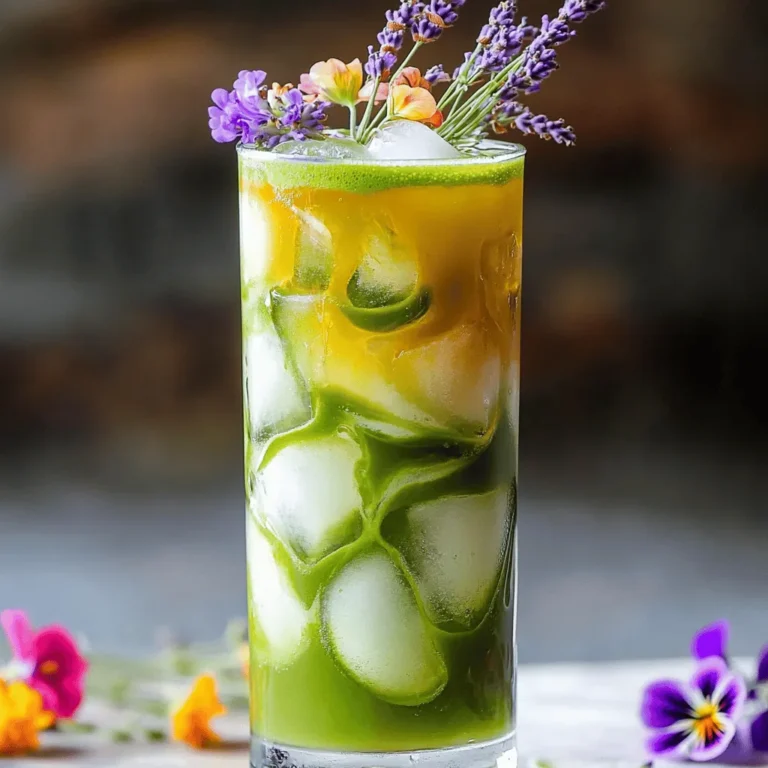 To make a tasty Lavender Honey Iced Matcha, you need a few simple ingredients. Here’s what you will need: - 2 teaspoons matcha green tea powder - 1 tablespoon hot water - 1 tablespoon culinary-grade lavender buds - 2 tablespoons honey (to taste) - 1 cup milk (dairy or plant-based) - Ice cubes - Optional garnishes: lavender sprigs, edible flowers These ingredients create a unique drink that combines the earthy flavor of matcha with the sweet and floral notes of lavender. Each component plays a key role in making this drink refreshing and delightful. The matcha adds a boost of antioxidants, while the lavender gives a calming aroma. Honey sweetens the mix just right. You can choose any milk that fits your taste or dietary needs. The optional garnishes add a lovely touch and make your drink look beautiful. When picking lavender, make sure it is culinary grade. This ensures it is safe and tasty. If you want to try this recipe, check out the Full Recipe for step-by-step guidance. To start, simmer the lavender buds in water. Use a small saucepan and add 1 cup of water with 1 tablespoon of culinary-grade lavender buds. Bring it to a gentle simmer. Let it steep for about 5 minutes. This brings out the lovely floral flavor. Once done, strain the lavender buds from the water. Let the lavender-infused water cool completely. Next, prepare the matcha. In a small bowl, add 2 teaspoons of matcha green tea powder. Pour in 1 tablespoon of hot water. Use a whisk to mix it until smooth. Make sure there are no clumps left. This step is key for a creamy drink. Now it’s time to mix everything. In a large glass, combine the cooled lavender-infused water, honey, and the matcha mixture. Stir well until everything is blended. Then, fill the glass with ice cubes. Pour in 1 cup of milk, either dairy or plant-based. Give it a gentle stir to mix all the flavors. You can adjust the sweetness with more honey if needed. For a touch of elegance, garnish with a sprig of lavender and some edible flowers if you like. For a detailed view of all the steps, check the Full Recipe. To make the best Lavender Honey Iced Matcha, start with culinary-grade matcha. This type is perfect for drinks and desserts. Look for matcha with a vibrant green color. A bright hue shows high quality and freshness. Dull or yellowish shades often mean lower quality. You can customize the sweetness of your drink. Start with two tablespoons of honey, then taste. If you want it sweeter, add more honey. For a different flavor, try maple syrup or agave nectar. These can be great alternatives to honey. To avoid clumps in your matcha, whisk it well with hot water. Use a bamboo whisk if possible. If you don’t have one, a small regular whisk works too. For a creamy texture, mix in the milk slowly. This helps blend everything smoothly. Enjoy the rich taste without grit. {{image_2}} If you want a dairy-free drink, try almond, oat, or coconut milk. These options give a nice, creamy texture without dairy. Each milk adds its unique flavor. Almond milk is nutty, oat milk is sweet, and coconut milk has a tropical twist. Just swap the regular milk for any of these. You’ll enjoy a lovely Lavender Honey Iced Matcha without any dairy. To boost the taste, consider adding vanilla or mint. A splash of vanilla extract brings warmth and sweetness. Fresh mint leaves add a refreshing touch. You can also try flavored floral syrups. Lavender syrup gives a stronger floral taste that pairs well with matcha. Experiment with different syrups to find your favorite mix. These enhancements make your drink even more enjoyable. Change things up with seasonal flavors. For fall, try a lavender chai matcha. Add chai spices like cinnamon and ginger for warmth. It’s cozy and perfect for cooler weather. In summer, consider iced fruit variations. Adding fresh berries or citrus can brighten the drink. Strawberries or lemon slices can make it refreshing and fun. These twists keep your Lavender Honey Iced Matcha exciting all year round. To store leftover Lavender Honey Iced Matcha, keep it in a sealed container. Glass jars work well. Place the jar in the fridge. This drink is best enjoyed fresh, so try to drink it within one day. If you notice any changes in color or smell, it’s best to toss it. To keep matcha powder fresh, store it in an airtight container. Keep it in a cool, dark place. Avoid light and moisture, as they can ruin the flavor. For culinary lavender, store it in a sealed jar too. A cool, dark cupboard is perfect for preserving its scent and taste. Lavender Honey Iced Matcha stays good for about 24 hours in the fridge. After that, the flavor may change. The matcha can settle, which affects the creaminess. If you want to enjoy it later, just give it a gentle stir before serving. Always check for freshness before drinking. Matcha is a special green tea powder. I love it for its rich flavor and vibrant color. It has many health benefits. It is full of antioxidants. These help protect your cells from damage. Matcha can boost your energy and focus. It also helps you relax. Drinking matcha can support weight loss and improve heart health. Yes, you can make this Lavender Honey Iced Matcha vegan. Simply swap honey for maple syrup or agave nectar. Both options add sweetness without animal products. For the milk, use a plant-based option like almond, oat, or coconut milk. This way, you can enjoy the drink while keeping it vegan-friendly. You can find culinary lavender at specialty stores or online. Look for labels that say “culinary grade.” This ensures it’s safe to eat. Local farmers' markets often sell culinary lavender too. Some cafes serve Lavender Honey Iced Matcha. Check your local coffee shops or tea houses. They might offer unique variations and help you discover new flavors. To make Lavender Honey Iced Matcha, follow these steps: 1. Infuse lavender buds in water and strain. 2. Whisk matcha powder with hot water. 3. Mix lavender water, honey, and matcha. 4. Add ice and pour in milk. 5. Garnish with lavender sprigs and edible flowers. This quick summary gives you all you need to start making this refreshing drink at home. Enjoy the lovely blend of flavors! In this post, I shared how to make a delicious Lavender Honey Iced Matcha drink. We covered the key ingredients, step-by-step instructions, and helpful tips for perfecting your drink. You can also explore tasty variations and smart storage tips. Lavender and matcha offer a unique flavor that refreshes and energizes. Dive into this recipe, and enjoy making it for yourself or sharing it with others. Experiment with flavors and make it your own—you'll find joy in each sip!