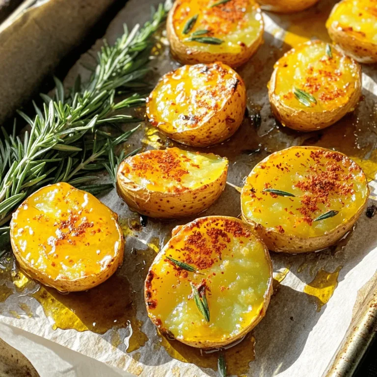 - 2 pounds baby potatoes, halved - 1/4 cup honey - 3 tablespoons Dijon mustard - 3 tablespoons olive oil - 2 cloves garlic, minced - 1 teaspoon paprika - Salt and pepper to taste - Fresh rosemary or thyme for garnish In this dish, baby potatoes are the star. Their small size makes them tender and easy to eat. Honey and Dijon mustard add a sweet and tangy flavor that makes this dish stand out. Olive oil keeps the potatoes moist and helps them roast well. Minced garlic adds depth, while paprika gives a nice touch of spice. Lastly, salt and pepper balance the flavors perfectly. Fresh herbs like rosemary or thyme give a lovely finish. - Additional seasonings (paprika, pepper, etc.) - Fresh herbs for garnish - Alternative sweeteners You can play with flavors by adding more spices. For example, a pinch of smoked paprika can add a smoky taste. Fresh herbs, like parsley or chives, can brighten the dish. If you want to switch things up, you can use maple syrup or agave instead of honey. These tweaks let you make this dish your own while keeping it simple and tasty. For the full recipe, check out the details above. First, set your oven to 425°F (220°C). This high heat helps create crispy potatoes. While the oven warms, grab a baking sheet and line it with parchment paper. This step makes clean-up a breeze later. Now, take your baby potatoes and cut each one in half. This helps them cook evenly and absorb the honey mustard flavor well. In a large bowl, mix together 1/4 cup of honey, 3 tablespoons of Dijon mustard, and 3 tablespoons of olive oil. Whisk these until they form a smooth sauce. Next, add 2 cloves of minced garlic, 1 teaspoon of paprika, and some salt and pepper. Mix everything well to ensure the flavors blend. Now, add the halved potatoes to the honey mustard sauce. Toss them gently until they are fully coated. Then, spread the potatoes evenly on the lined baking sheet. Make sure they are in a single layer for the best roasting. Place the sheet in the oven and roast for about 25-30 minutes. Halfway through, flip the potatoes to ensure they cook evenly. When they turn golden brown and crispy, they are ready. Check out the full recipe for more details. To get the best honey mustard roasted potatoes, focus on time and heat. I recommend roasting at 425°F (220°C). This high heat helps create a crispy outside while keeping the inside soft. Roast the potatoes for about 25-30 minutes. Flip them halfway for even browning. For a crispy exterior, make sure the potatoes are well spaced. If they are crowded, they steam instead of roast. A single layer on the baking sheet is key. Fresh herbs can make a big difference. I love using fresh rosemary or thyme. They add a bright taste that dried herbs can’t match. However, if you only have dried ones, they will still work. Just remember, you need less dried herb than fresh. Balancing sweetness with savory is important. The honey adds a sweet note, while the mustard brings in tang. Adjust the amount of honey or mustard to fit your taste. You want a nice mix that pleases your palate. For more tips and the full recipe, check out the [Full Recipe]. {{image_2}} You can use different potatoes for this dish. Red potatoes add a nice color. Their smooth skin makes them easy to cook. Yukon Gold potatoes are another great choice. They have a creamy texture and a buttery taste. If you're feeling adventurous, try sweet potatoes! They add a sweet twist to the dish. Their natural sweetness pairs well with honey mustard. Just cut them into similar sizes for even cooking. Want to take your honey mustard roasted potatoes up a notch? Adding cheese is a great idea. Cheese melts and creates a creamy layer on top. You can use cheddar, feta, or goat cheese for different flavors. Just sprinkle it on in the last few minutes of roasting. Incorporating spices or sauces can also change the taste. Try adding garlic powder or onion powder for more flavor. You could even drizzle some sriracha or barbecue sauce. These additions make the dish exciting and unique. Remember, feel free to experiment! For the full recipe, check out the Honey Mustard Roasted Potatoes section. To keep your honey mustard roasted potatoes fresh, store them in an airtight container. This will help prevent moisture loss and keep them tasty. Make sure they cool down before sealing them. In the fridge, they stay good for about 3 to 5 days. When it’s time to enjoy leftovers, I recommend using the oven or air fryer. This keeps them crispy. Preheat your oven to 400°F (200°C) and spread the potatoes on a baking sheet. Heat for about 10-15 minutes until warm. If you want to repurpose leftover potatoes, consider making a potato salad or a hash. Just chop them up and mix with your favorite veggies and dressing for a fresh twist. You can pair Honey Mustard Roasted Potatoes with many dishes. They go well with grilled chicken or fish. A fresh salad also works great. Try adding steamed vegetables for a healthy touch. These potatoes complement a hearty steak nicely, too. Yes, you can prepare this dish ahead of time. You can mix the sauce and coat the potatoes. Keep them covered in the fridge for a few hours. When you are ready, just roast them in the oven. This saves time on busy days. Absolutely! Honey Mustard Roasted Potatoes are perfect for meal prep. You can store portions in airtight containers. They stay fresh in the fridge for up to four days. This makes it easy to add to your weeknight meals. To make this dish vegan, swap honey for maple syrup. Use a plant-based oil for cooking. Dijon mustard is generally vegan, but check the label. This simple change keeps the flavor while making it plant-based. One mistake is not cutting the potatoes evenly. This can lead to uneven cooking. Be sure to coat the potatoes well with the sauce. If they are too crowded on the baking sheet, they won't crisp up. Give them space for the best results. Honey mustard roasted potatoes combine sweet and savory flavors for a tasty dish. We explored key ingredients like baby potatoes, honey, and Dijon mustard. I shared step-by-step instructions to ensure perfect roasting. Remember to follow the tips for crispy texture and enhanced flavors. Variations let you get creative with different potatoes and add-ins. Store leftovers properly for future meals. With this guide, you can enjoy a delicious, versatile side dish that fits any meal. Try it out, and delight your taste buds!