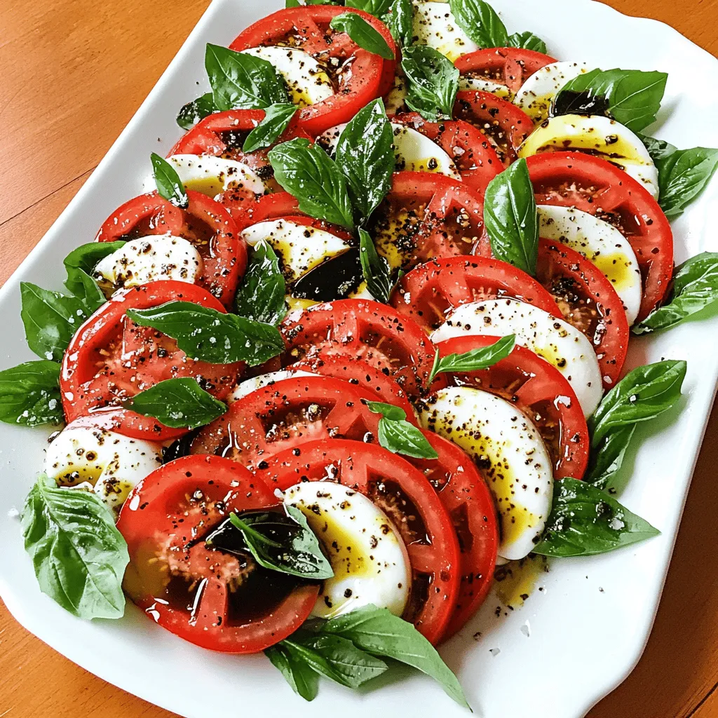 For a classic Caprese salad, you'll need fresh ingredients. Here’s what you should gather: - 3 ripe tomatoes, sliced into ¼-inch thick rounds - 8 ounces fresh mozzarella cheese, sliced into ¼-inch thick rounds - 1 cup fresh basil leaves - 3 tablespoons extra-virgin olive oil - 2 tablespoons balsamic glaze - Salt and freshly cracked black pepper to taste Using fresh and ripe tomatoes is key. They should feel firm yet slightly soft. Their color should be bright and vibrant. Choose mozzarella that is soft and moist, as it adds a creamy texture. Fresh basil leaves should be bright green and fragrant. This mix of ingredients gives your salad the best flavor. When picking tomatoes, look for those that are heavy for their size. Avoid any with bruises or wrinkles. Heirloom varieties work well for their rich taste. If you can, buy mozzarella from a local market. It tends to be fresher. The cheese should be moist and slightly springy to touch. Always check the expiration date if buying pre-packaged cheese. You can add extra flavors to your salad if you like. Try adding sliced avocado for creaminess. You could also use arugula for a peppery kick. A sprinkle of pine nuts can add a nice crunch. If you enjoy heat, thinly sliced jalapeños can spice things up. These optional add-ins can elevate your Caprese salad even more. For the full recipe, be sure to check out the detailed instructions. To make a Classic Caprese Salad, start with fresh ingredients. Use ripe tomatoes for the best flavor. Slice the tomatoes into ¼-inch thick rounds. Next, slice the fresh mozzarella cheese to the same thickness. The key is to have equal sizes for a nice look. Now, let’s build the salad. On a large platter, alternate the tomato and mozzarella slices. Overlap them slightly for a pretty effect. Tuck fresh basil leaves between the layers. This adds flavor and color. Drizzle extra-virgin olive oil over the top. Then, add balsamic glaze for a sweet touch. Finally, sprinkle salt and freshly cracked black pepper to taste. Allow the salad to rest for five minutes before serving. This helps the flavors mix well. You will need a few simple tools for this recipe: - A sharp knife for slicing - A large platter for serving - A cutting board for easy prep - A measuring spoon for the oil and glaze These tools will help you create a beautiful and flavorful Caprese Salad. For more details, check out the Full Recipe. To enjoy a Caprese salad at its best, freshness is key. Use ripe, firm tomatoes. Look for tomatoes that feel heavy for their size. Their skin should be smooth and vibrant. Fresh mozzarella should feel soft and moist. Check for a clean, mild smell. Basil leaves should look bright green with no browning. You can play with ingredients based on the season. In summer, use heirloom tomatoes for a colorful twist. In winter, try roasted tomatoes for a warm flavor. If fresh basil is hard to find, use arugula or spinach. You can also use burrata cheese instead of mozzarella. It adds creaminess and a unique taste. To boost flavors, add a sprinkle of flaky sea salt. It brings out the taste of the tomatoes. Consider adding fresh cracked pepper for a nice kick. Pair your salad with crusty bread or grilled meats for a complete meal. A glass of white wine, like Pinot Grigio, complements the salad perfectly. For a touch of sweetness, drizzle extra balsamic glaze on top. For the full recipe, check out the detailed instructions above. {{image_2}} You can easily add more veggies to your Caprese salad. Try using roasted red peppers or artichoke hearts for a unique twist. These add great taste and texture. You can also toss in some avocado slices. They add creaminess and richness that pairs well with fresh mozzarella. If you want more protein, think about adding meats or legumes. Grilled chicken or prosciutto works well. These meats bring a savory flavor that enhances the salad. For a plant-based option, add chickpeas or lentils. They provide a healthy protein boost without changing the salad's charm. Be creative when serving your Caprese salad! For picnics, use skewers to make Caprese bites. Simply thread tomato, mozzarella, and basil onto small skewers. For a fancy dinner, layer the salad in a glass for a beautiful presentation. This adds style and makes it fun to eat. You can even serve it on crostini for a delightful appetizer. For the full recipe, check out the detailed steps I shared earlier. Each variation adds a new layer of flavor and makes the classic Caprese salad even more enjoyable! To store leftover Caprese salad, keep it in an airtight container. Make sure to cover it tightly. This step helps to keep the flavors fresh. Use the salad within one day for the best taste. If you have leftover ingredients, store each separately. This method helps prevent sogginess. To keep your ingredients fresh, choose ripe tomatoes and fresh mozzarella. Store tomatoes at room temperature, away from sunlight. Refrigerate mozzarella in its original packaging or in a sealed container. Fresh basil should stay in a glass of water, like a bouquet. Change the water daily for maximum freshness. Caprese salad is best enjoyed cold. However, you can repurpose it. Try mixing your leftover salad with pasta for a quick meal. You can also use it as a topping for grilled chicken or fish. This way, you reduce waste while enjoying new flavors. For the full recipe, check out the earlier section. A Classic Caprese Salad uses fresh ingredients. It includes ripe tomatoes, mozzarella cheese, and basil. You will also need olive oil, balsamic glaze, salt, and pepper. The salad has a vibrant look and a fresh taste. Each bite brings out the flavors of summer. This dish is simple yet elegant. You can prepare some parts ahead of time. Slice the tomatoes and mozzarella a few hours before serving. Keep them in the fridge. Just wait to add the basil until right before serving. This keeps the basil fresh and bright. Drizzle the olive oil and balsamic glaze just before you serve the salad. This way, it stays crisp and tasty. Look for a thick balsamic glaze. A good glaze adds sweetness and tang. Some glazes are made from aged balsamic vinegar. These have deep flavors. You can also find lighter versions. Choose one that suits your taste. A quality glaze enhances the fresh flavors of the salad. For the best result, use a glaze you enjoy! You can find the Full Recipe to make this delightful salad easily. In this blog post, we explored how to make a tasty Caprese Salad. We looked at the best fresh ingredients, like tomatoes and cheese, and tips for adding extra flavors. I shared step-by-step instructions to guide you through preparation and assembly. You learned helpful tips to keep your salad fresh and variations to suit your taste. Remember to store leftovers properly for the next day. Now, you have the knowledge to create a delicious salad for any occasion. Enjoy your culinary journey with Caprese Salad!