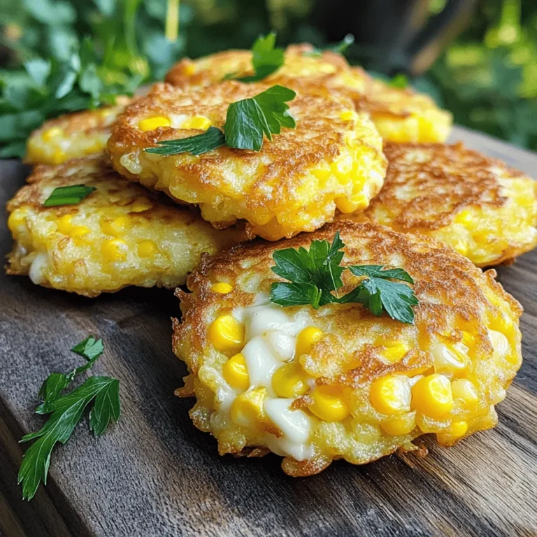 To make Cheesy Corn Fritters, you need a few key items. Here’s what you will use: - 1 cup fresh or frozen corn kernels - 1 cup all-purpose flour - ½ cup shredded cheese (cheddar or mozzarella work great) - 1 large egg - ½ cup milk - 1 teaspoon baking powder - ½ teaspoon garlic powder - ½ teaspoon onion powder - Salt and pepper to taste - Oil for frying These ingredients create a delightful base for the fritters. The corn gives sweetness, while the cheese adds creaminess. Garnishes can turn a simple dish into something special. Here are some ideas: - 2 tablespoons chopped fresh parsley (for garnish) - A sprinkle of chili flakes for heat - A dollop of sour cream or yogurt - Fresh chives for extra color These extras can enhance the look and taste of your fritters. You can mix and match to find what you enjoy most. Choosing the right cheese can make a big difference. Here are some great options: - Cheddar: It melts well and has a sharp taste. - Mozzarella: It’s mild and adds a nice stretch. - Pepper Jack: If you like spice, this cheese is a fun choice. - Feta: For a tangy twist, crumbled feta works beautifully. These cheeses bring their unique flavors to the fritters. You can even mix different types for a richer taste. For the complete recipe, check out the [Full Recipe]. Start by gathering your dry ingredients. In a mixing bowl, combine: - 1 cup all-purpose flour - 1 teaspoon baking powder - ½ teaspoon garlic powder - ½ teaspoon onion powder - Salt and pepper to taste Mix them well to make sure they blend evenly. This mix creates the base for your fritters. In a separate bowl, whisk together: - 1 large egg - ½ cup milk This will be your wet mixture. Next, add in: - 1 cup fresh or frozen corn kernels - ½ cup shredded cheese Stir it all together until the corn and cheese are well mixed. Now, pour this mixture into the bowl with your dry ingredients. Be gentle as you mix. A few lumps are okay, so don't overdo it! Heat about ½ inch of oil in a frying pan over medium heat. To check if the oil is hot enough, drop a small amount of batter into it. If it sizzles, you’re good to go! Using a spoon or a small ice cream scoop, drop spoonfuls of the batter into the hot oil. Fry them for about 3-4 minutes until they turn golden brown. Flip the fritters and cook for another 3-4 minutes. Once both sides are crispy, remove them and drain on a paper towel. Serve warm, and if you like, add chopped parsley for that extra touch. Enjoy your cheesy corn fritters! For the full recipe, check out the recipe section above. For frying Cheesy Corn Fritters, I recommend using oils with high smoke points. Good options include canola oil, vegetable oil, or peanut oil. These oils heat well and do not burn easily. Heat your oil to about 350°F (175°C). You can test the oil by dropping a small bit of batter into it. If it sizzles and rises, your oil is ready! To get that crispy outside and soft inside, do not overmix your batter. A few lumps in the mix are okay. This keeps your fritters light and fluffy. Also, ensure your oil is hot enough before frying. Frying too slowly can lead to greasy fritters. Remove them when they are golden brown, about 3-4 minutes on each side. Taste your batter before frying. This lets you adjust the salt and spices. If you like heat, add a pinch of cayenne pepper or chili powder. Fresh herbs like parsley or cilantro can boost flavor too. Remember, you can always add more seasoning, but you can't take it out once it’s in! {{image_2}} You can make your cheesy corn fritters even better by adding spices or herbs. Try mixing in some paprika for a smoky kick. A pinch of cayenne pepper can add heat if you like spice. Fresh herbs, like chives or cilantro, give a fresh taste. Experimenting with these flavors keeps every batch exciting. If you have dietary needs, you can easily adjust the recipe. Use gluten-free flour if you need a gluten-free option. For a vegan version, replace the egg with a flax egg and use a non-dairy milk. You can also swap the cheese for a plant-based option. These changes let everyone enjoy tasty corn fritters. Corn fritters shine when served with the right dips and sides. A zesty lime crema pairs well and adds a nice tang. You can also serve them with salsa for a fresh burst of flavor. For a light meal, pair the fritters with a salad. These ideas make your snack even more enjoyable. For the full recipe, check out the details above. To keep your cheesy corn fritters fresh, store them in an airtight container. Let them cool to room temperature first. Place parchment paper between layers to prevent sticking. They should stay good for up to three days in the fridge. If you think you won't eat them soon, freezing is a great option. When you want to enjoy leftovers, the best way to reheat them is in a frying pan. Heat a bit of oil over medium heat. Place the fritters in the pan and cook for about 2-3 minutes on each side. This method helps to regain their crispiness. You can also use an oven. Preheat it to 350°F (175°C) and bake for about 10 minutes. Both methods keep the fritters tasty and crunchy. If you want to freeze the fritters, make sure they are fully cooled first. Place them in a single layer on a baking sheet. Freeze until solid, then transfer them to a freezer-safe bag. Remove as much air as possible before sealing. The fritters can last up to three months in the freezer. When you’re ready to eat them, just reheat directly from frozen. Enjoy your tasty snack anytime! For a complete guide on making these delicious bites, check out the Full Recipe. You can make Cheesy Corn Fritters ahead of time easily. Prepare the batter and store it in the fridge for up to 24 hours. This helps the flavors blend well. When you're ready to cook, just scoop and fry. If you want to freeze them, form the fritters and place them on a baking sheet. Once frozen, transfer them to a bag. Fry them straight from the freezer when you want a snack. Yes, you can bake Cheesy Corn Fritters. Preheat your oven to 400°F (200°C). Place the fritters on a baking sheet lined with parchment paper. Brush or spray them lightly with oil. Bake for about 15-20 minutes, flipping them halfway. This method makes them a bit healthier, but they won’t be as crispy as fried ones. Several dips enhance the flavor of Cheesy Corn Fritters. Here are a few tasty options: - Sour cream: Adds a creamy tang. - Avocado dip: Offers a fresh and smooth taste. - Spicy salsa: Gives a kick and extra flavor. - Ranch dressing: Adds a cool and herby touch. Experiment with these dips to find your favorite! For the full recipe, check out the earlier sections. Cheesy corn fritters are fun and tasty to make. You learned the main ingredients, cooking steps, and how to store leftovers. With some tips and variations, you can add your unique twist. Whether you fry them or try baking, these fritters offer great flavor. Enjoy them with dips or share them at gatherings. Experiment with spices and herbs for an even better taste. Now it's time to cook up a batch and savor every bite!