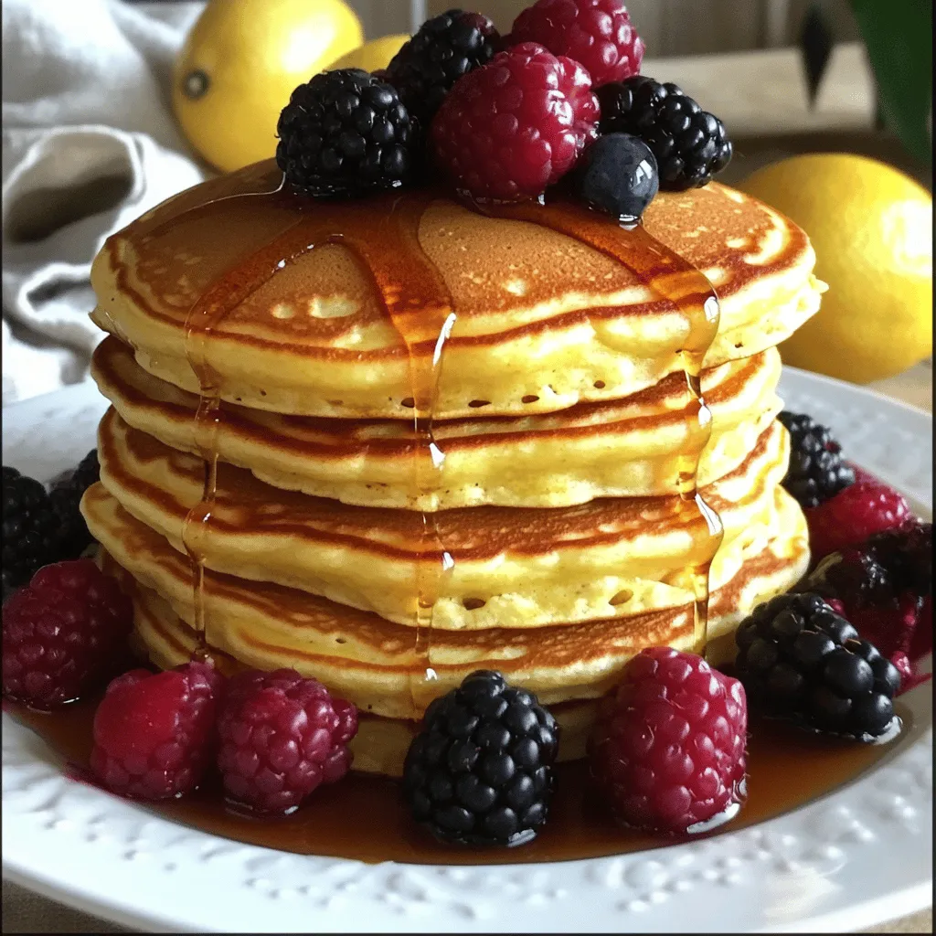 To make the best lemon ricotta pancakes, you need a few key items. Here’s what you’ll need: - 1 cup ricotta cheese - 1 cup all-purpose flour - 1 tablespoon baking powder - 1/4 teaspoon salt - 1/4 cup granulated sugar - Zest of 1 lemon - 1/2 cup milk - 2 large eggs - 2 tablespoons lemon juice - 1 teaspoon vanilla extract - Butter or cooking spray for frying These ingredients work together to create a fluffy and flavorful pancake. Ricotta cheese adds moisture and a light texture, while lemon juice and zest bring bright flavors. You can add a few extra touches to make these pancakes even better. Consider these optional ingredients: - Fresh berries (like blueberries or strawberries) - Chopped nuts (like walnuts or almonds) - A sprinkle of powdered sugar - Maple syrup for drizzling Each of these options adds a unique taste. Fresh berries add sweetness and color, while nuts give a crunchy contrast. The quality of your ingredients matters. Here are some tips to ensure your pancakes shine: - Ricotta Cheese: Use fresh, whole-milk ricotta for the best flavor and texture. - Lemon: Choose a firm lemon with bright color. Fresh zest gives the best taste. - Flour: Use all-purpose flour for a balanced texture. Avoid self-rising flour, as it can change the pancake's fluffiness. - Eggs: Fresh eggs improve the taste and structure. Using high-quality ingredients makes a big difference. They enhance the flavors and give you a better overall pancake. For the full recipe, check the detailed instructions. Start by gathering your wet ingredients. You will need ricotta cheese, milk, eggs, lemon juice, and vanilla extract. In a large bowl, add the ricotta cheese. Then, pour in the milk. Crack the eggs and add them to the bowl, followed by the lemon juice and vanilla extract. Use a whisk to mix them well until the mixture is smooth. This step is crucial because it helps create a creamy base for your pancakes. Next, let’s move on to the dry ingredients. In a separate bowl, combine all-purpose flour, baking powder, salt, sugar, and lemon zest. Make sure to measure each ingredient carefully. This mix gives your pancakes structure and flavor. Stir these dry ingredients together until they are well blended. It's important to do this separately to ensure even mixing when you combine the wet and dry ingredients later. Now, we get to the fun part: cooking the pancakes! Heat a non-stick skillet over medium heat. Lightly grease the skillet with butter or cooking spray. This keeps the pancakes from sticking. Pour about 1/4 cup of the batter onto the skillet for each pancake. Cook for 2-3 minutes, watching for bubbles to form on the surface. Once you see them, flip the pancakes. Cook for another 2-3 minutes until they turn golden brown. Remove them from the skillet and keep warm. Repeat this with the remaining batter. Serve your pancakes warm, topped with fresh berries and a drizzle of maple syrup for a delightful treat. For the full recipe, refer to the beginning of the article. To make your pancakes fluffy, focus on three key points. First, use fresh ingredients. Fresh ricotta and eggs add volume. Second, combine the wet and dry ingredients gently. Mix until just combined to keep the batter airy. Finally, let the batter rest for a few minutes. This helps develop the texture. Avoid overmixing the batter. It creates dense pancakes. If you see lumps, that’s okay! Also, do not skip the baking powder. It’s crucial for lift. Lastly, make sure your skillet is at the right heat. Too hot will burn the outside while the inside stays raw. Too cold will make them tough. Serve these pancakes warm for the best taste. Top them with fresh berries and maple syrup. You can also add a dollop of yogurt for creaminess. For a fun twist, drizzle honey or sprinkle nuts on top. Explore different flavors by pairing them with whipped cream or chocolate sauce. Enjoy your meal! {{image_2}} You can make these pancakes gluten-free. Use a gluten-free flour blend instead of all-purpose flour. This blend helps keep the texture light and fluffy. Look for a blend with xanthan gum; it helps bind the ingredients. Follow the same steps in the full recipe. You will enjoy the same great taste without gluten! You can easily change the flavor of these pancakes. To add blueberries, fold in about one cup of fresh or frozen berries into the batter. This will give each bite a sweet pop! You can also add a teaspoon of vanilla extract for a richer taste. Other options include orange zest or even chocolate chips. Mix and match flavors to suit your mood! Want to make these pancakes vegan? Swap the ricotta cheese for a plant-based alternative. Options like almond or tofu ricotta work great. Use almond milk or oat milk instead of regular milk. Replace eggs with flaxseed meal mixed with water. For each egg, mix one tablespoon of flaxseed meal with two and a half tablespoons of water. Let it sit for five minutes to thicken. These swaps keep the pancakes delicious and friendly for everyone. You can easily store leftover pancakes. Let them cool to room temperature first. Place them in a single layer on a plate. Cover with plastic wrap or foil. If you have many pancakes, stack them with parchment paper between each layer. This keeps them from sticking together. Store them in the fridge for up to three days. To reheat pancakes, use a skillet or microwave. For the skillet, heat on low. Add a little butter for flavor. Place the pancakes in the skillet for about one minute on each side. This method keeps them soft and warm. If using a microwave, place pancakes on a plate. Cover with a damp paper towel. Heat for 20-30 seconds. Check if they are warm enough. Freezing is a great way to save pancakes. First, let them cool completely. Then, place them in a single layer on a baking sheet. Freeze for about an hour, so they don’t stick together. After that, transfer the pancakes to a freezer-safe bag. Remove as much air as possible before sealing. They can stay in the freezer for up to two months. When you're ready to eat, just reheat them as described. Enjoy these fluffy treats anytime! For the full recipe, check out the [Full Recipe]. To make Lemon Ricotta Pancakes fluffy, I focus on mixing techniques. First, I whisk the wet ingredients well. This helps to incorporate air. Then, I mix the dry ingredients in a separate bowl. When I combine them, I stir gently. Overmixing can cause tough pancakes. Some lumps in the batter are fine. They help keep the pancakes light and airy. Yes, you can use different citrus fruits! Lime and orange work well too. Each fruit will bring a new flavor. For lime, use the same zest and juice amount. For orange, the taste will be sweeter. Feel free to experiment with your favorite citrus to find your perfect pancake flavor. I love serving Lemon Ricotta Pancakes warm. Fresh berries add color and taste. A drizzle of maple syrup enhances sweetness. You can also sprinkle powdered sugar on top for a pretty finish. For a twist, try a dollop of whipped cream. Each bite becomes a tasty treat! For the complete method, check out the Full Recipe. In this post, we covered the essential ingredients and steps for making lemon ricotta pancakes. We explored tips for fluffiness, common mistakes, and serving ideas. Variations like gluten-free and vegan options also help you adapt to your needs. Enjoying these pancakes can be a delightful experience. With the right ingredients and techniques, you can create a tasty dish everyone will love. Experiment and make it your own, and enjoy every bite!