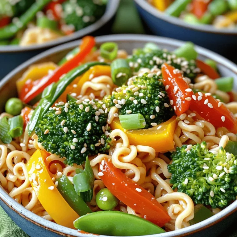 To make a tasty spicy ramen noodle stir fry, gather these ingredients: - 2 packs of instant ramen noodles (discard the seasoning packets) - 2 tablespoons vegetable oil - 1 cup sliced bell peppers (red, yellow, and green for color) - 1 cup broccoli florets - 1 cup snap peas - 1 small red onion, thinly sliced - 2 cloves garlic, minced - 1 tablespoon ginger, grated - 2-3 tablespoons sriracha (adjust to taste) - 2 tablespoons soy sauce - 1 tablespoon sesame oil - 1 tablespoon honey (or maple syrup for vegan option) - 2 green onions, finely sliced - Sesame seeds for garnish You can swap some ingredients if needed. Here are a few ideas: - Use any type of noodle instead of ramen, like udon or soba. - If you can't find snap peas, try using green beans or zucchini. - For a gluten-free option, choose gluten-free soy sauce. - In place of honey, use agave syrup for a vegan choice. - Fresh herbs like cilantro or basil can add a new flavor twist. Fresh vegetables make your stir fry shine. Here are tips to pick the best: - Look for bright colors. Vibrant veggies taste better! - Choose firm bell peppers without soft spots. - Pick broccoli with tight florets that are deep green. - For snap peas, select ones that are crisp and bright. - Always check for freshness. Avoid wilting or yellowing leaves. You can find the Full Recipe for all the details on how to cook this delicious dish! To start, cook the ramen noodles. Boil water in a pot. Add the noodles and cook them for about 3-4 minutes. You want them tender but not mushy. Drain the noodles and set them aside. Next, heat vegetable oil in a large pan or wok over medium-high heat. Add the sliced red onion first. Sauté it for about 2-3 minutes until it softens. Then, add minced garlic and grated ginger. Stir for 30 seconds. This will make your kitchen smell amazing! Now, toss in the sliced bell peppers, broccoli florets, and snap peas. Stir-fry these veggies for 4-5 minutes. They should be bright and crisp. You want to keep that fresh taste! Once the veggies are ready, it's time to add flavor. Stir in the cooked ramen noodles. Then, add sriracha, soy sauce, sesame oil, and honey. Mix everything well. Make sure the noodles are coated in that tasty sauce. Cook for an extra 2-3 minutes. This helps all the flavors blend together. Finally, remove the pan from heat. Sprinkle with sliced green onions and sesame seeds. Serve your spicy ramen noodle stir fry hot. Enjoy your meal! For the full recipe, check out the earlier section. To make your dish really spicy, use more sriracha. Start with two tablespoons and taste. If you want more heat, add another tablespoon. You can also add chopped fresh chili peppers. Jalapeños or Thai bird chilies work well. Just be careful; they pack a punch! Another option is to add a sprinkle of chili flakes while cooking. They add great flavor along with the heat. Stir-frying is all about high heat and quick cooking. Use a large pan or wok to give your ingredients space. Heat the oil until it shimmers before adding food. This helps to sear the veggies quickly. Cut your vegetables into similar sizes for even cooking. Stir constantly to avoid burning. Keep an eye on the color; you want bright and crisp veggies. One common mistake is not prepping ingredients first. Always chop everything before cooking. This saves time and helps the dish cook evenly. Another mistake is overcrowding the pan. If you add too much at once, the food will steam instead of fry. Finally, don’t skip the sauces. They bring flavor and moisture to the noodles. Make sure to coat them well for the best taste. For the full recipe, check out the detailed steps above! {{image_2}} You can easily make this dish vegetarian or vegan. For a vegetarian option, just skip the meat. Use tofu or tempeh instead. Both add protein and texture. If you're vegan, replace honey with maple syrup. This keeps the sweetness while staying plant-based. You can also add more veggies like carrots, mushrooms, or spinach for extra flavor and nutrients. Adding protein boosts the dish's heartiness. For chicken, slice it thinly and cook it first. Once it's golden, remove it and set aside. Then, follow the steps to fry the veggies. For shrimp, add them when the veggies are almost done. They cook fast, so watch them closely. For tofu, press it to remove water. Cube it and cook until golden before adding the vegetables. Each protein offers a unique taste that enhances your stir fry. You can switch up the sauces to change the dish's flavor. Instead of sriracha, try chili paste or gochujang for a different kick. You can also add a splash of rice vinegar for tanginess. If you want a sweeter taste, use teriyaki sauce or hoisin sauce. Feel free to experiment with sauces to find your perfect blend. The [Full Recipe] offers a great base to start your flavor journey. To keep your spicy ramen noodle stir fry fresh, store it in an airtight container. This helps prevent moisture and keeps the flavors intact. Let the stir fry cool down before sealing the container. You can also divide it into smaller portions for easy meals later. When you're ready to eat, reheating is simple. Place your leftovers in a pan over medium heat. Add a splash of water or broth to help steam the noodles and veggies. Stir occasionally until everything is hot. You can also use the microwave. Heat in short bursts of 30 seconds, stirring in between. Your spicy ramen noodle stir fry can last in the fridge for up to three days. If you want to keep it longer, consider freezing it. In the freezer, it can stay fresh for up to two months. Just remember to thaw it overnight in the fridge before reheating. Enjoy your meal anytime! To reduce the heat, cut back on sriracha. Use one tablespoon instead of two. You can also add more honey to balance the flavor. Another option is to mix in some coconut milk. This will add creaminess and cut the spice. Yes, you can use any noodles you enjoy. Rice noodles or udon noodles work well. Just cook them according to package directions. If you want a gluten-free option, try rice noodles. This stir fry goes great with a side salad. A simple cucumber salad adds crunch. You can also serve it with spring rolls for a nice touch. For a heartier meal, pair it with grilled chicken or tofu. For the full recipe, check out the Spicy Ramen Noodle Stir Fry section. Enjoy your cooking! This blog post covered all you need for spicy ramen noodle stir fry. We detailed the ingredients, preparation steps, and tips for making it perfect. You learned about ingredient substitutions and how to choose fresh vegetables. Variations like vegetarian options and adding proteins were also shared. Finally, we discussed storage techniques to keep leftovers fresh. Now you can enjoy this dish in many ways. So grab your ingredients and start cooking. You’ll impress everyone with your delicious meal!
