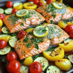 - 4 salmon fillets (about 6 ounces each) - 2 tablespoons olive oil - 2 tablespoons fresh lemon juice - 1 teaspoon lemon zest - 3 cloves garlic, minced - 1 teaspoon dried oregano - 1 teaspoon dried thyme - Salt and pepper to taste The main stars of this dish are the salmon fillets. They are rich in protein and omega-3 fatty acids, making them both tasty and healthy. Olive oil and lemon juice add a bright flavor and help keep the salmon moist. The garlic, oregano, and thyme bring depth to each bite. Don’t forget to season with salt and pepper to enhance all these flavors. - 1 cup cherry tomatoes, halved - 1 zucchini, sliced - 1 yellow bell pepper, sliced - Fresh parsley for garnish You can add vegetables to make this dish even better. Cherry tomatoes burst with sweetness, while zucchini and bell peppers add crunch. Feel free to use any veggies you have at home. Fresh parsley makes a great garnish, adding color and a fresh taste. You can also add extras like capers or a splash of white wine for more flavor. For the complete mix of flavors and steps, check the Full Recipe. First, preheat your oven to 400°F (200°C). This step is key. A hot oven helps cook the salmon and veggies evenly. While the oven warms, let's make the lemon herb mixture. In a small bowl, combine: - 2 tablespoons olive oil - 2 tablespoons fresh lemon juice - 1 teaspoon lemon zest - 3 cloves garlic, minced - 1 teaspoon dried oregano - 1 teaspoon dried thyme - Salt and pepper to taste Whisk these ingredients together. The fresh lemon adds a bright taste, while garlic and herbs give great flavor. Now it's time to arrange your pan. Take a large rimmed baking sheet. Place the salmon fillets in the center. Each fillet should be about 6 ounces. Surround them with: - 1 cup cherry tomatoes, halved - 1 zucchini, sliced - 1 yellow bell pepper, sliced Next, drizzle the lemon herb mixture evenly over the salmon and vegetables. This will create a tasty glaze while baking. Slide the baking sheet into the oven and bake for 15-20 minutes. The salmon should be cooked through. It will flake easily with a fork. The veggies should be tender and vibrant. To check for doneness, insert a fork into the thickest part of the salmon. If it flakes apart, it’s ready! Once done, take the pan out of the oven and let it rest for a few minutes. The resting time helps the juices settle. Finally, garnish with fresh parsley before serving. Enjoy your meal! For the full recipe, check the details above. How to tell when salmon is done Salmon is done when it flakes easily with a fork. It should look opaque. A safe internal temperature is 145°F (63°C). You can use a food thermometer for accuracy. If you do not have one, check for a firm texture. Preventing overcooking To prevent overcooking, keep an eye on baking time. Start checking at 15 minutes. If you see the salmon turning white and flaking, it is ready. You can also remove it from the oven a minute early. It will continue to cook a bit outside the oven. Tips for herb substitutions If you do not have fresh herbs, use dried ones. You can replace fresh thyme with dried thyme. For oregano, the same swap works well. Feel free to use other herbs like basil or dill. They will add a nice twist to the dish. Recommended cooking techniques Baking is easy and helps lock in flavors. You can also try grilling for a smoky taste. If you prefer, pan-searing gives a nice crust. Just be careful not to cook it too long. Best side dishes to pair Pair your salmon with steamed rice or quinoa. They soak up the lemon flavor well. Roasted vegetables also make a great match. Try asparagus or green beans for a fresh crunch. Presentation ideas For a beautiful plate, arrange the salmon in the center. Surround it with colorful veggies. Drizzle some extra lemon juice on top for a bright look. A sprinkle of fresh parsley adds a nice touch too. You can find the Full Recipe to make this dish shine even more! {{image_2}} You can switch up the main protein in this dish. Chicken works great here. Use boneless chicken thighs or breasts. The cooking time may vary, so check for doneness. Other fish options include tilapia or cod. These fish absorb the lemon herb flavors well. Adjust the cooking time as needed, depending on thickness. For a vegetarian take, use tofu or tempeh. Both options soak up flavors nicely. Cut the tofu into cubes or slices. Tempeh can be marinated just like the salmon. You can also mix in different vegetables. Try asparagus, bell peppers, or broccoli for variety. Each adds unique textures and flavors to the dish. Want some heat? Add red pepper flakes to the lemon herb mix. It gives the dish a nice kick. For a twist, try using spices from other cuisines. Add curry powder for an Indian flair or harissa for a North African taste. These enhancements make the dish exciting and new. Adjust the spice level to your liking for a personalized touch. After you cook One Pan Lemon Herb Salmon, let it cool. Store any leftovers in an airtight container. This keeps the salmon fresh. You can refrigerate it for up to three days. If it looks or smells off, toss it out. You can also freeze the salmon. First, let it cool completely. Wrap each piece in plastic wrap, then place them in a freezer bag. This keeps out air and prevents freezer burn. Frozen salmon can last up to three months. When you’re ready to eat, thaw it in the fridge overnight. Leftover salmon offers many tasty options. You can make salmon salad with mayo and veggies. Or, flake it into pasta with garlic and lemon. Another idea is to use it in tacos with fresh salsa. These ideas make your meals fun and easy. Try to mix things up for a second meal. You can use other fish like trout or cod. Both have a mild taste. If you prefer meat, chicken breasts work well too. They will soak up the lemon herb flavor nicely. Yes, this dish is already low in carbs. The veggies add fiber without many carbs. You can skip the bell pepper or use more zucchini if you like. To get flaky salmon, cook it at the right temperature. Use a fork to check doneness. If it flakes easily, it’s done. Avoid cooking it too long, as it can dry out. Fresh herbs add great flavor, but dried herbs work too. Use about one-third the amount if you use dried. Fresh herbs brighten the dish, but you can still enjoy it without them. For the full recipe, check out the One Pan Lemon Herb Salmon . In this post, we explored a simple salmon recipe. You learned about the key ingredients, easy steps, and smart tips for cooking. We discussed options for variations and how to store leftovers. Remember, cooking salmon is easy and rewarding. Use fresh herbs for flavor and try different sides to make it exciting. Don’t hesitate to experiment with spices or even other proteins. Enjoy your cooking journey, and share this delicious meal with friends and family!