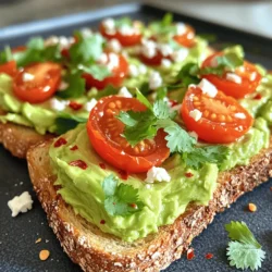 - 2 ripe avocados - 4 slices of whole grain or sourdough bread - 1 tablespoon lemon juice - 1 small garlic clove, minced - 1/4 teaspoon red pepper flakes The main ingredients are simple but full of flavor. Ripe avocados are the star, giving your toast a creamy base. Whole grain or sourdough bread adds a hearty touch. Lemon juice brightens the flavor, while garlic adds depth. Red pepper flakes bring a gentle heat that makes this dish exciting. - Salt and pepper - Fresh herbs (cilantro or basil) - Cherry tomatoes, halved - Feta cheese, crumbled You can add optional ingredients for extra flair. Salt and pepper enhance all the flavors. Fresh herbs like cilantro or basil add a pop of color and taste. Cherry tomatoes bring sweetness, while feta cheese adds a salty kick. These toppings make your smashed avocado toast even more delightful. For the full recipe, refer to the Smashed Avocado Toast Delight. To start, you need to toast the bread. You can use a toaster for quick results. If you want more flavor, use a skillet over medium heat. Simply add the bread, and let it brown for a few minutes. Whole grain or sourdough bread works best for this recipe. These types add texture and taste. Choose one that you like. Next, let’s prepare the avocados. Cut them in half and remove the pit carefully. A spoon is perfect for scooping out the flesh. Look for ripe avocados, which feel slightly soft when you press them. They should not be too mushy. This ensures your toast will be creamy and tasty. Now, mash the avocado in a bowl. Use a fork for this. You can decide how smooth or chunky you want it. For a smooth spread, mash it well. If you like some texture, mash lightly. Add lemon juice, minced garlic, red pepper flakes, salt, and pepper to the bowl. Mix until everything is combined. This step makes the flavors pop. Once the bread is toasted, it’s time to assemble the toast. Spread a generous layer of the avocado mix on each slice. Make sure to cover the toast well. For a fun look, you can swirl the avocado with the back of the spoon. This adds a nice touch. Now, let’s enhance the flavor with toppings. You can add halved cherry tomatoes for sweetness. Crumbled feta cheese adds a salty bite. Fresh herbs like cilantro or basil make it fresh and fragrant. Feel free to get creative with seasonal toppings. This allows you to enjoy different flavors all year round. For the full recipe, check the section above. To get the best avocado mash, choose ripe avocados. Look for ones that yield slightly when you press them. This tells you they are soft and ready. Add a splash of lemon juice right after mashing. This helps keep the bright green color and adds a zingy taste. You can also mix in your favorite seasonings. Try adding garlic powder or cumin for a twist. If you like heat, add more red pepper flakes. The key is to taste as you go. This way, you can find your perfect flavor! Toasting your bread is simple but important. Use whole grain or sourdough bread for the best texture. Toasting in a skillet gives a nice golden color. If you use a toaster, toast until it’s crisp. To avoid soggy bread, let your toast cool for a minute before adding the avocado. You can also put a thin layer of cream cheese on the bread first. This barrier helps keep the toast crunchy longer. When it comes to serving, make your toast look pretty. Spread the avocado evenly on each slice. You can use a spoon or a small spatula for a clean look. For a fun touch, arrange the toast on a large plate. Add halved cherry tomatoes and crumbled feta on top. Fresh herbs like cilantro or basil add color too. This presentation is perfect for brunch or gatherings. Everyone will love the fresh, vibrant look of your smashed avocado toast! {{image_2}} You can spice up your smashed avocado toast in many ways. Adding different seasonings gives each bite a new twist. Here are some ideas: - Cumin: It adds a warm, earthy flavor. - Smoked paprika: This gives a nice, smoky kick. - Chili powder: It can add heat if you like spice. You can also try alternative toppings. Each one can change the taste: - Radishes: Thinly sliced, they add crunch. - Pickled onions: They give a tangy flavor. - Sun-dried tomatoes: These add sweetness and depth. Making your toast vegan or gluten-free is easy. Use gluten-free bread to keep it safe for those with gluten issues. For a vegan option, skip any cheese toppings. You can still enjoy rich flavors without dairy. Adding seeds or nuts can boost nutrition. Here are some great options: - Chia seeds: These are rich in omega-3s. - Pumpkin seeds: They add a nice crunch. - Walnuts: Chopped with a nutty flavor, they add healthy fats. You can also explore flavors inspired by cuisines from around the world. This adds fun and variety: - Mexican twist: Add jalapeños and fresh lime for a spicy kick. - Mediterranean twist: Use olives and roasted red peppers for a rich taste. - Japanese influence: Top with sesame seeds and seaweed for a unique flavor. Incorporating local ingredients makes the dish special. Visit your local market to find fresh herbs or vegetables. They can elevate your toast with vibrant flavors and colors. To keep your leftover avocado fresh, use these simple tips: - Lemon Juice: Coat the avocado with lemon juice. This slows browning. - Wrap Tightly: Use plastic wrap to cover the avocado tightly. - Airtight Container: Place it in an airtight container. This helps keep air out. When you store it this way, it can last for a day or two. Always check for browning before using. If it looks brown, just scoop it off and enjoy the green part! You should store your toast differently based on how you made it: - Assembled Toast: If you put on toppings, eat it right away. It tastes best fresh. - Unassembled Toast: Keep the bread and avocado mix separate. Store them in airtight containers. Unassembled toast can last for a day in the fridge. But, I suggest you eat it within a few hours for the best taste. If you need to reheat your toast, here are some tips: - Toaster: Use a toaster to revive your bread. This keeps it crispy. - Skillet: Heat a skillet over medium heat. Place the toast in the skillet for a minute. Avoid microwaving your toast. It can get soggy and lose its crunch. Always enjoy your smashed avocado toast fresh for the best experience! You have many choices for bread. Here are some great options: - Whole grain bread gives a nutty flavor. - Sourdough adds a nice tang. - Rye bread offers a distinct taste. - Gluten-free bread works for those with allergies. Choose based on your taste and needs. To keep your avocado fresh, try these tips: - Use lemon juice; it slows browning. - Cover the avocado tightly with plastic wrap. - Store it in an airtight container. - Keep it in the fridge if you don’t eat it right away. These steps help keep your toast looking great! Yes, you can use frozen avocado. Here are some benefits: - It lasts longer and is easy to store. - It can be just as creamy as fresh avocado. However, thaw it before mashing. This helps in mixing flavors better. To serve many people, scale up the recipe easily. Here’s how: - Multiply the ingredients by the number of guests. - Prepare the avocado just before serving to keep it fresh. - Toast the bread in batches to save time. Assemble the toast quickly to keep it crispy. Avocados are packed with nutrients. Here are some key benefits: - They have healthy fats that help your heart. - They are high in fiber, which aids digestion. - They contain vitamins like C, E, and K. Eating avocados can support overall wellness and energy. For the full recipe, check out Smashed Avocado Toast Delight! This article explored how to make delicious smashed avocado toast. We covered key ingredients, step-by-step instructions, and helpful tips. You learned how to choose ripe avocados, toast bread perfectly, and create unique flavor combos. Remember to store leftovers right, so you enjoy every bite fresh. With these tricks, you can impress friends and family with your new skill. Enjoy your toast-making journey and keep trying new variations!