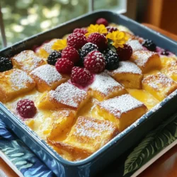 - 8 slices of day-old brioche or challah bread - 6 large eggs - 2 cups whole milk - 1/2 cup heavy cream - 1/4 cup maple syrup - 1 tablespoon vanilla extract - 1 teaspoon ground cinnamon - 1/4 teaspoon nutmeg - 1/2 cup chopped pecans - Powdered sugar for dusting - Fresh berries for serving I recommend using day-old brioche or challah bread. It holds the egg mixture well. Fresh bread can get too soggy. The eggs, milk, and cream create a rich base. This mix makes the casserole creamy and soft. Flavor enhancers add depth. Maple syrup gives sweetness. Vanilla extract adds warmth. Cinnamon and nutmeg bring spice. They work together to create a cozy taste. Optional add-ins let you customize your dish. Chopped pecans add crunch and flavor. You can dust the casserole with powdered sugar for a sweet touch. Fresh berries on top give a pop of color and freshness. For the full recipe, check the section above. First, preheat your oven to 350°F (175°C). This helps the casserole cook evenly. Next, grab a 9x13 inch baking dish. Grease it with butter or non-stick spray. This will stop the casserole from sticking. Now, in a large bowl, whisk together six large eggs and two cups of whole milk. Add in half a cup of heavy cream, a quarter cup of maple syrup, one tablespoon of vanilla extract, one teaspoon of ground cinnamon, a pinch of salt, and a quarter teaspoon of nutmeg. Mix well until everything blends together. Next, take eight slices of day-old brioche or challah bread. Cut them into cubes. Add these cubes to your egg mixture. Gently fold the bread into the mixture. Make sure all the pieces get coated. If you want to add some crunch, toss in half a cup of chopped pecans. This step is optional but adds great flavor. Pour the mixture into the prepared baking dish. Spread it out evenly so it cooks well. Cover it with foil and let it sit in the fridge. You can wait at least 30 minutes or even overnight for better flavor. When you’re ready, bake the casserole covered for 25 minutes. After that, take off the foil and bake for another 15 to 20 minutes. You’ll know it’s done when the top is golden brown and the center is set. Once it cools for a few minutes, you can dust it with powdered sugar. Serve it warm with fresh berries on top. Enjoy this easy French toast casserole! Check out the Full Recipe for more details. Using day-old bread is key for this dish. Fresh bread can turn mushy. Day-old bread soaks up the egg mix well. It gives the casserole a nice, fluffy texture. Soaking time is also important. Let the bread sit in the egg mix for at least 30 minutes. If you can, soak it overnight. This enhances the flavor and ensures a richer taste. You can top your French toast casserole with many fun things. Fresh berries are a great choice. They add color and a burst of flavor. You might also like whipped cream or a dusting of powdered sugar. Pair your casserole with drinks like coffee or hot chocolate. A sweet tea also works well for brunch. These drinks make the meal even better. For this recipe, use a 9x13 inch baking dish. This size fits all the ingredients nicely and bakes evenly. Some essential tools you will need include a whisk and mixing bowls. A spatula is great for folding in the bread. These tools make preparation fast and easy. For the full recipe, check out the Decadent French Toast Casserole section. {{image_2}} You can make this dish fit your needs. For a dairy-free option, use almond milk instead of whole milk. Coconut cream works well in place of heavy cream. If you need gluten-free choices, try gluten-free bread. Look for brands that have good texture and taste. Adding chocolate chips makes the casserole extra fun. Just fold in about a cup before baking. You can also add seasonal fruits like apples or berries. This gives a fresh taste and bright colors to your dish. If you want a sweeter dish, add more maple syrup. This turns your casserole into a dessert-style treat. Serve it at brunch with whipped cream or ice cream. Guests will love this twist on a classic dish. To keep your French toast casserole fresh, store it in the fridge. Use an airtight container. This keeps moisture in and prevents drying out. You can also cover it tightly with plastic wrap or aluminum foil. Always let it cool before sealing it up. You have two main ways to reheat this dish: the oven or the microwave. The oven gives you a nice texture. Preheat it to 350°F (175°C) and heat for about 15-20 minutes. Cover it with foil to keep it soft. The microwave is quicker but may make it soggy. Heat in short bursts, about 30 seconds, stirring in between. Yes, you can freeze French toast casserole! Just make sure it's fully cooled first. Wrap it well in plastic wrap and then in foil. This can help prevent freezer burn. When you’re ready to eat, thaw it overnight in the fridge. To reheat from frozen, bake at 350°F (175°C) for about 45-60 minutes. Cover it with foil for the first half, then uncover to crisp it up. For more details, check the Full Recipe. Yes, you can prepare this casserole the night before. This method has great benefits. Soaking the bread overnight lets it absorb more of the egg mixture. This makes for a richer flavor. The bread becomes soft and custardy. Your casserole will be moist and tasty. Just remember to cover it well in the fridge. To check if the casserole is done, look for a few signs. The top should be golden brown. You can insert a knife in the center. If it comes out clean, it’s ready. If the center is wet, bake a few more minutes. This ensures that your casserole is fully cooked. Absolutely! You can use many types of bread for this recipe. Brioche and challah work best for their softness. However, you can try sourdough or whole wheat bread too. Each type brings its own flavor and texture. Have fun experimenting to find your favorite combination! This blog post guided you through making a delicious French toast casserole. We explored main ingredients and flavor enhancers to elevate your dish. You learned step-by-step instructions to prepare, bake, and serve this tasty treat. I shared tips for the best texture and storage options. With ideas on variations, you can personalize your casserole to fit any meal. Enjoy your creations and remember, cooking is all about making it your own!