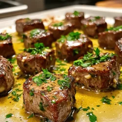 - 1 lb sirloin steak, cut into bite-sized cubes - 4 tablespoons unsalted butter - 4 cloves garlic, minced For this dish, I choose sirloin steak because it is tender and flavorful. Cut the steak into small cubes. This helps it cook quickly and evenly. I use unsalted butter for rich flavor, but feel free to use salted if you prefer. Fresh garlic adds a strong taste and aroma that makes this dish special. - 1 teaspoon fresh thyme leaves (or ½ teaspoon dried thyme) - 1 teaspoon fresh rosemary, chopped (or ½ teaspoon dried rosemary) - Salt and pepper to taste - Fresh parsley, chopped (for garnish) I love using fresh herbs like thyme and rosemary. They bring a lovely aroma to the dish. Season the steak with salt and pepper. This enhances its natural flavor. Top the finished dish with fresh parsley for a pop of color and freshness. - 1 tablespoon olive oil - Importance of selecting the right butter Olive oil helps to sear the steak bites without burning. It has a high smoke point, which is perfect for high-heat cooking. Choosing the right butter is key. Unsalted butter gives you more control over the salt in the dish. It melts beautifully and adds a rich taste to the garlic butter sauce. For the full recipe, refer to the earlier section. Enjoy your cooking! To make garlic butter steak bites, start with cubing the sirloin steak. Use a sharp knife to cut the steak into bite-sized pieces. Aim for uniform cubes, about 1 inch wide. This helps them cook evenly. Next, season the steak. Sprinkle salt and pepper over the cubes. Make sure every piece gets coated well. You want the seasoning to enhance the beef flavor. Let the steak sit for a few minutes to absorb the spices, making it more tasty. For cooking, use a large skillet. Heat olive oil over medium-high heat. Once hot, add the steak bites in a single layer. Don’t crowd the pan; this helps them brown nicely. Sear the steak bites for 2 to 3 minutes on one side. Look for a nice brown color. Then, flip them over and cook for another 1 to 2 minutes. This will give you a perfect medium-rare steak bite. If you want them more done, just leave them a bit longer. When finished, remove the steak from the skillet and set them aside. In the same skillet, lower the heat to medium. Add the unsalted butter. Let it melt slowly. Once melted, add minced garlic, thyme, and rosemary. Stir gently to avoid burning the garlic. Cook for about 1 minute until the garlic smells good. Now, return the steak bites to the skillet. Toss them in the garlic butter sauce. Make sure each piece gets covered well. Cook for another 1 to 2 minutes to heat through. Adjust the seasoning with salt and pepper if needed. For the final touch, garnish with fresh parsley. Serve your garlic butter steak bites hot. Enjoy this quick and easy recipe! For the full recipe, check the details provided above. For garlic butter steak bites, sirloin is the top choice. It has great flavor and tenderness. Look for cuts that have a nice marbling of fat. This gives the steak extra juiciness. If sirloin isn't available, try these alternatives: - Ribeye: Very flavorful and tender. - Filet mignon: Super tender, but can be pricier. - Flank steak: Leaner, but still works well when cooked right. To get the best doneness, use a meat thermometer. Aim for these temperatures: - Rare: 125°F - Medium-rare: 135°F - Medium: 145°F - Well-done: 160°F Sear the steak on high heat for a nice crust. Then, let it rest for a few minutes. This helps keep the juices inside. For tenderness, cut against the grain. This makes each bite easier to chew. Garlic butter steak bites pair well with many sides. Here are some great options: - Mashed potatoes: Creamy and comforting. - Roasted vegetables: Adds color and crunch. - Salad: A fresh touch balances the meal. To make your dish look fancy, garnish with fresh parsley. A sprinkle of herbs adds color and flavor. Serve the bites on a nice platter for a great presentation. For the full recipe, check out the detailed instructions above. {{image_2}} You can make garlic butter steak bites even better with some little tweaks. Try adding different herbs or spices to lift the flavor. For example, a pinch of smoked paprika can give a nice kick. You can also use fresh basil or oregano for a twist. Incorporating sauces can add depth too. A splash of Worcestershire sauce or soy sauce can enhance the umami flavor. Just mix them into the garlic butter before tossing with the steak bites. If you're watching carbs, you can still enjoy this dish. Use a low-carb alternative to sirloin, like flank steak or chicken thighs. Both will work well with the garlic butter. For those who are dairy-free, substitute the unsalted butter with a vegan alternative. Coconut oil or cashew butter can work great while keeping the dish rich and delicious. You have options for cooking your steak bites. You can grill them for a smoky flavor. Just make sure to preheat your grill for even cooking. A skillet works great too, especially for a nice sear. If you want to try something new, use a sous-vide technique. This method cooks the steak at a precise temperature, giving you juicy bites every time. For more details on how to prepare this dish, check out the Full Recipe. To keep your garlic butter steak bites fresh, use airtight containers. Glass or plastic containers both work well. Make sure the steak bites are cool before sealing. This helps avoid moisture build-up inside the container. Store them in the fridge for up to three days. When it’s time to eat your leftovers, reheat them gently. The best way is to use a skillet on low heat. Add a little butter or oil to the pan. This keeps the steak moist and tasty. Stir them often to make sure they heat evenly. You can also use a microwave, but it may dry them out. Yes, you can freeze garlic butter steak bites! For best results, freeze them in a single layer on a baking sheet first. Once frozen, move them to a freezer-safe bag. This stops them from sticking together. They can stay frozen for up to three months. To defrost, place them in the fridge overnight before reheating. Enjoy your meal anytime! For the full recipe, check out the recipe section above. Garlic butter steak bites stay fresh for about 3 to 4 days in the fridge. To keep them tasty, store them in an airtight container. Make sure they cool down first before sealing. This helps prevent steam from making them soggy. If you want to keep them longer, consider freezing them. They can last up to 3 months in the freezer. Just remember to thaw them overnight in the fridge before reheating. Yes, you can use different cuts for garlic butter steak bites. While sirloin is great, ribeye or filet mignon also works well. These cuts offer rich flavor and tenderness. You can even try flank or skirt steak for a different texture. Just remember to adjust cooking times based on the thickness of the steak pieces. Garlic butter steak bites pair well with many sides. Here are some ideas: - Mashed potatoes: Creamy and smooth, they complement the rich steak. - Roasted vegetables: Carrots, broccoli, or asparagus add color and crunch. - Rice: Fluffy white rice or flavorful pilaf can soak up the garlic butter. - Salad: A fresh salad with greens and a light dressing balances the meal. - Beverages: Try serving red wine, like a Cabernet Sauvignon, for a perfect match. For more ideas, check out the Full Recipe that guides you through this delicious dish! Garlic butter steak bites are delicious and easy to make. We covered the key ingredients, cooking steps, and helpful tips. You can use sirloin steak, fresh garlic, and unsalted butter for the best flavor. Remember to season well and choose the right cooking method. Feel free to experiment with different herbs and sauces. These bites are perfect for any meal. With simple storage tips, you can enjoy leftovers too. Now you are ready to make a tasty dish that everyone will love!