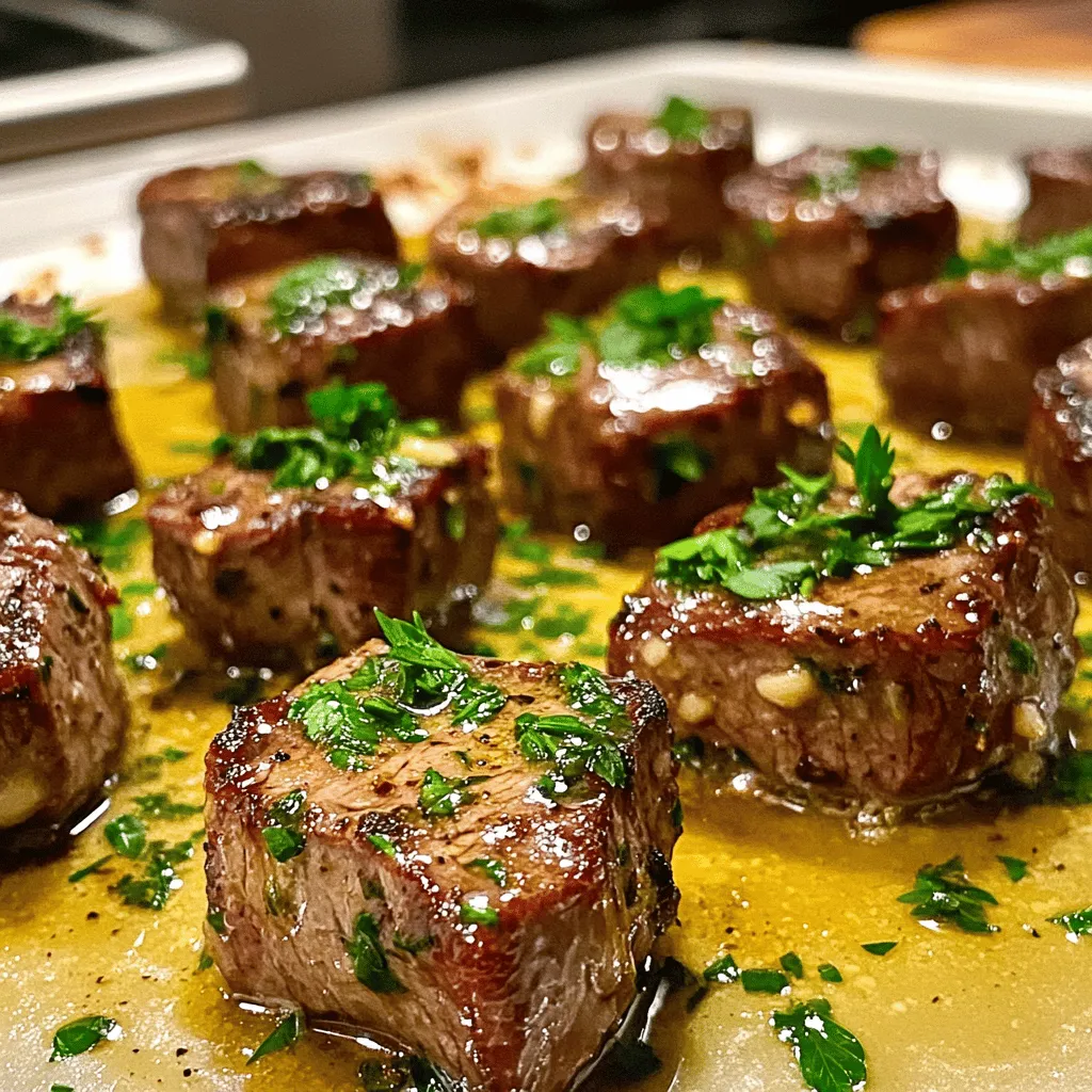 - 1 lb sirloin steak, cut into bite-sized cubes - 4 tablespoons unsalted butter - 4 cloves garlic, minced For this dish, I choose sirloin steak because it is tender and flavorful. Cut the steak into small cubes. This helps it cook quickly and evenly. I use unsalted butter for rich flavor, but feel free to use salted if you prefer. Fresh garlic adds a strong taste and aroma that makes this dish special. - 1 teaspoon fresh thyme leaves (or ½ teaspoon dried thyme) - 1 teaspoon fresh rosemary, chopped (or ½ teaspoon dried rosemary) - Salt and pepper to taste - Fresh parsley, chopped (for garnish) I love using fresh herbs like thyme and rosemary. They bring a lovely aroma to the dish. Season the steak with salt and pepper. This enhances its natural flavor. Top the finished dish with fresh parsley for a pop of color and freshness. - 1 tablespoon olive oil - Importance of selecting the right butter Olive oil helps to sear the steak bites without burning. It has a high smoke point, which is perfect for high-heat cooking. Choosing the right butter is key. Unsalted butter gives you more control over the salt in the dish. It melts beautifully and adds a rich taste to the garlic butter sauce. For the full recipe, refer to the earlier section. Enjoy your cooking! To make garlic butter steak bites, start with cubing the sirloin steak. Use a sharp knife to cut the steak into bite-sized pieces. Aim for uniform cubes, about 1 inch wide. This helps them cook evenly. Next, season the steak. Sprinkle salt and pepper over the cubes. Make sure every piece gets coated well. You want the seasoning to enhance the beef flavor. Let the steak sit for a few minutes to absorb the spices, making it more tasty. For cooking, use a large skillet. Heat olive oil over medium-high heat. Once hot, add the steak bites in a single layer. Don’t crowd the pan; this helps them brown nicely. Sear the steak bites for 2 to 3 minutes on one side. Look for a nice brown color. Then, flip them over and cook for another 1 to 2 minutes. This will give you a perfect medium-rare steak bite. If you want them more done, just leave them a bit longer. When finished, remove the steak from the skillet and set them aside. In the same skillet, lower the heat to medium. Add the unsalted butter. Let it melt slowly. Once melted, add minced garlic, thyme, and rosemary. Stir gently to avoid burning the garlic. Cook for about 1 minute until the garlic smells good. Now, return the steak bites to the skillet. Toss them in the garlic butter sauce. Make sure each piece gets covered well. Cook for another 1 to 2 minutes to heat through. Adjust the seasoning with salt and pepper if needed. For the final touch, garnish with fresh parsley. Serve your garlic butter steak bites hot. Enjoy this quick and easy recipe! For the full recipe, check the details provided above. For garlic butter steak bites, sirloin is the top choice. It has great flavor and tenderness. Look for cuts that have a nice marbling of fat. This gives the steak extra juiciness. If sirloin isn't available, try these alternatives: - Ribeye: Very flavorful and tender. - Filet mignon: Super tender, but can be pricier. - Flank steak: Leaner, but still works well when cooked right. To get the best doneness, use a meat thermometer. Aim for these temperatures: - Rare: 125°F - Medium-rare: 135°F - Medium: 145°F - Well-done: 160°F Sear the steak on high heat for a nice crust. Then, let it rest for a few minutes. This helps keep the juices inside. For tenderness, cut against the grain. This makes each bite easier to chew. Garlic butter steak bites pair well with many sides. Here are some great options: - Mashed potatoes: Creamy and comforting. - Roasted vegetables: Adds color and crunch. - Salad: A fresh touch balances the meal. To make your dish look fancy, garnish with fresh parsley. A sprinkle of herbs adds color and flavor. Serve the bites on a nice platter for a great presentation. For the full recipe, check out the detailed instructions above. {{image_2}} You can make garlic butter steak bites even better with some little tweaks. Try adding different herbs or spices to lift the flavor. For example, a pinch of smoked paprika can give a nice kick. You can also use fresh basil or oregano for a twist. Incorporating sauces can add depth too. A splash of Worcestershire sauce or soy sauce can enhance the umami flavor. Just mix them into the garlic butter before tossing with the steak bites. If you're watching carbs, you can still enjoy this dish. Use a low-carb alternative to sirloin, like flank steak or chicken thighs. Both will work well with the garlic butter. For those who are dairy-free, substitute the unsalted butter with a vegan alternative. Coconut oil or cashew butter can work great while keeping the dish rich and delicious. You have options for cooking your steak bites. You can grill them for a smoky flavor. Just make sure to preheat your grill for even cooking. A skillet works great too, especially for a nice sear. If you want to try something new, use a sous-vide technique. This method cooks the steak at a precise temperature, giving you juicy bites every time. For more details on how to prepare this dish, check out the Full Recipe. To keep your garlic butter steak bites fresh, use airtight containers. Glass or plastic containers both work well. Make sure the steak bites are cool before sealing. This helps avoid moisture build-up inside the container. Store them in the fridge for up to three days. When it’s time to eat your leftovers, reheat them gently. The best way is to use a skillet on low heat. Add a little butter or oil to the pan. This keeps the steak moist and tasty. Stir them often to make sure they heat evenly. You can also use a microwave, but it may dry them out. Yes, you can freeze garlic butter steak bites! For best results, freeze them in a single layer on a baking sheet first. Once frozen, move them to a freezer-safe bag. This stops them from sticking together. They can stay frozen for up to three months. To defrost, place them in the fridge overnight before reheating. Enjoy your meal anytime! For the full recipe, check out the recipe section above. Garlic butter steak bites stay fresh for about 3 to 4 days in the fridge. To keep them tasty, store them in an airtight container. Make sure they cool down first before sealing. This helps prevent steam from making them soggy. If you want to keep them longer, consider freezing them. They can last up to 3 months in the freezer. Just remember to thaw them overnight in the fridge before reheating. Yes, you can use different cuts for garlic butter steak bites. While sirloin is great, ribeye or filet mignon also works well. These cuts offer rich flavor and tenderness. You can even try flank or skirt steak for a different texture. Just remember to adjust cooking times based on the thickness of the steak pieces. Garlic butter steak bites pair well with many sides. Here are some ideas: - Mashed potatoes: Creamy and smooth, they complement the rich steak. - Roasted vegetables: Carrots, broccoli, or asparagus add color and crunch. - Rice: Fluffy white rice or flavorful pilaf can soak up the garlic butter. - Salad: A fresh salad with greens and a light dressing balances the meal. - Beverages: Try serving red wine, like a Cabernet Sauvignon, for a perfect match. For more ideas, check out the Full Recipe that guides you through this delicious dish! Garlic butter steak bites are delicious and easy to make. We covered the key ingredients, cooking steps, and helpful tips. You can use sirloin steak, fresh garlic, and unsalted butter for the best flavor. Remember to season well and choose the right cooking method. Feel free to experiment with different herbs and sauces. These bites are perfect for any meal. With simple storage tips, you can enjoy leftovers too. Now you are ready to make a tasty dish that everyone will love!