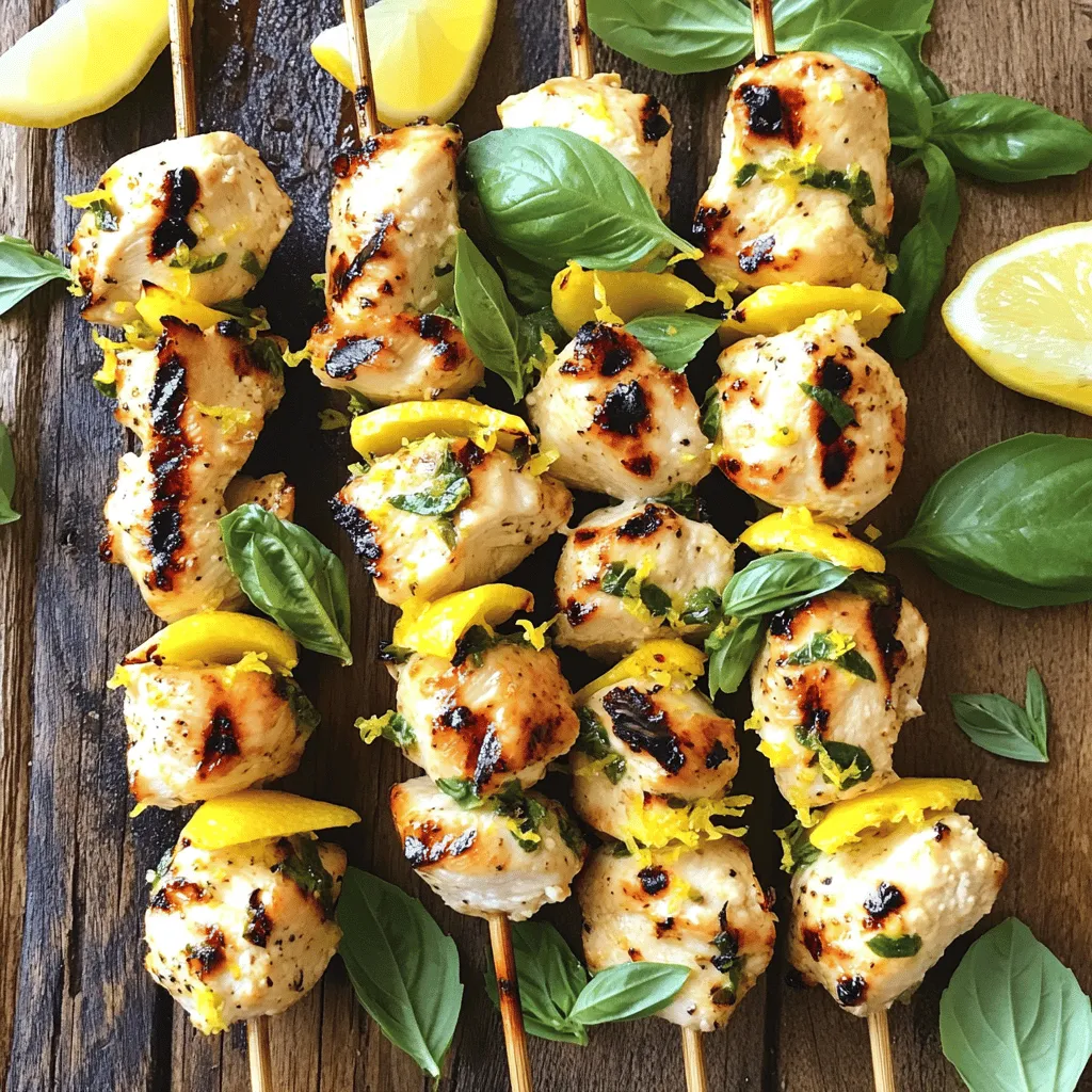 To make Lemon Basil Chicken Skewers, you will need a few simple ingredients. They all work together to create a bright, fresh flavor. Here’s what you need: - 1 lb boneless, skinless chicken breasts (cut into 1-inch cubes) - 2 tablespoons olive oil - 1 teaspoon garlic powder - Zest of 1 lemon - Juice of 1 lemon - 1/4 cup fresh basil leaves, chopped - Salt and pepper to taste - 1/2 teaspoon red pepper flakes (optional) These ingredients work together to make a tasty marinade. The chicken absorbs the lemon and basil flavors, making every bite delicious. The olive oil keeps the chicken moist while grilling. You can find the full recipe for detailed steps on how to prepare this dish. Using fresh ingredients is key. Fresh basil adds a bright touch, while lemon zest gives a zesty kick. If you love garlic, the garlic powder will bring out the best in the marinade. Make sure to have some skewers ready, too! Whether bamboo or metal, they help hold everything together while grilling. To start, gather your ingredients. You need olive oil, garlic powder, lemon zest, lemon juice, fresh basil, salt, pepper, and optional red pepper flakes. 1. In a large bowl, combine: - 2 tablespoons olive oil - 1 teaspoon garlic powder - Zest of 1 lemon - Juice of 1 lemon - 1/4 cup fresh basil leaves, chopped - Salt and pepper to taste - 1/2 teaspoon red pepper flakes (optional) 2. Mix everything well. This creates a flavor-packed marinade that makes the chicken shine. Next, it’s time to marinate the chicken. 1. Take 1 pound of boneless, skinless chicken breasts, cut into 1-inch cubes. 2. Toss the chicken in the marinade, ensuring each piece is well coated. 3. Cover the bowl and place it in the fridge. Let it marinate for at least 30 minutes. For deeper flavor, let it sit for up to 2 hours. Now, let’s get grilling! 1. Preheat your grill or grill pan over medium-high heat. 2. While it heats, thread the marinated chicken onto skewers. Make sure to pack them closely, but not too tight. 3. Once the grill is hot, place the skewers on it. Grill for about 10-12 minutes. Turn them occasionally until the chicken is fully cooked. The internal temperature should reach 165°F (74°C). After grilling, remove the skewers and let them rest for a few minutes. This lets the juices settle, making the chicken even tastier. For the full recipe, check the complete instructions for serving suggestions and tips! To grill chicken well, aim for medium-high heat. This gives the chicken a nice char. Grill the skewers for about 10 to 12 minutes. Turn them every few minutes for even cooking. You want the chicken to reach an internal temperature of 165°F (74°C). To check doneness, use a meat thermometer. Insert it into the thickest part of the chicken. If it reads 165°F, your chicken is ready. Feel free to get creative with the marinade. You can add herbs like thyme or rosemary for a new twist. If you want a bit of heat, try adding some chili powder. For a stronger lemon flavor, use more zest or juice. Just remember, balancing the flavors is key. The right mix makes every bite burst with freshness. For the full recipe, check out the [Full Recipe]. {{image_2}} You can easily swap chicken for other proteins. Shrimp and tofu work great. Shrimp cooks fast and has a nice texture. Tofu absorbs flavors well, making it a tasty choice for plant-based eaters. For shrimp, use raw, peeled ones. Marinate them like you do for chicken. Grill for about 5-7 minutes, flipping to get even cooking. With tofu, use firm or extra-firm types. Cut it into cubes and press it to remove extra water. Marinate the same way and grill for 8-10 minutes. Pair your lemon basil chicken skewers with tasty side dishes. Fresh salads work well, adding crunch and brightness. You can also serve them with rice or quinoa, which soak up the flavors nicely. Dipping sauces enhance the dish. A creamy yogurt sauce balances the lemon's zest. A spicy aioli or a fresh pesto sauce adds a kick. You can even drizzle extra lemon juice for more bright flavor. For more ideas, check out the Full Recipe for Lemon Basil Chicken Skewers. It gives you a complete picture to create a stunning meal. After cooking Lemon Basil Chicken Skewers, you may have leftovers. Store them in an airtight container. This helps keep them fresh and tasty. Place the skewers in the fridge. They will last for about 3 to 4 days. For a longer shelf life, you can store the marinated chicken in the fridge for up to 2 hours before grilling. If you want to prepare meals in advance, freezing is a great choice. You can freeze the ungrilled skewers. Simply wrap them in plastic wrap and then place them in a freezer bag. They will stay fresh for up to 3 months. When you are ready to cook, thaw the skewers in the fridge overnight. To reheat, grill them straight from the freezer. Just add a few extra minutes to the cooking time. Make sure the chicken reaches an internal temperature of 165°F (74°C) for safety. Enjoy your Lemon Basil Chicken Skewers whenever you crave a quick and delicious meal! If you want the full recipe, you can check it out above. For the best flavor, marinate the chicken for at least 30 minutes. If you want a stronger taste, let it marinate for up to 2 hours. This time allows the chicken to soak up all the lemon and basil goodness. Marinating longer can deepen the flavor but avoid overdoing it, as too much acid can change the texture. Yes, you can bake Lemon Basil Chicken Skewers! Preheat your oven to 400°F (200°C). Place the skewers on a baking sheet lined with parchment paper. Bake for about 15-20 minutes. Flip them halfway through to ensure even cooking. The chicken should reach an internal temperature of 165°F (74°C) when done. Garnish your skewers with fresh basil leaves and lemon wedges for a bright touch. Additional toppings like diced tomatoes or a drizzle of balsamic glaze can add flavor and color. Serve with a side of creamy yogurt sauce or tzatziki for a tasty dip that complements the lemon and basil. To recap, we explored how to make delicious Lemon Basil Chicken Skewers. You learned about the key ingredients, a simple marinade, and the steps to grill them perfectly. We also talked about variations and ways to store your leftovers. Always aim for juicy chicken by checking for doneness. Enjoy these skewers with fresh sides or dips for a tasty meal. Now, it’s time to get cooking and enjoy this bright and flavorful dish!