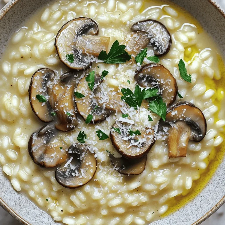 - 1 cup Arborio rice - 4 cups vegetable broth (low sodium) - 1 cup of mushrooms (cremini or shiitake), sliced - 1 medium onion, finely chopped - 2 cloves of garlic, minced - ½ cup heavy cream - ½ cup grated Parmesan cheese - 2 tablespoons olive oil - 2 tablespoons unsalted butter - Salt and pepper to taste - Fresh parsley, chopped (for garnish) The ingredients in creamy mushroom risotto are simple yet full of flavor. I love using Arborio rice. It gives that creamy texture we all crave. The vegetable broth adds depth and warmth. You can choose cremini or shiitake mushrooms, as both bring unique flavors. Onions and garlic build a strong base. The heavy cream and Parmesan cheese add richness. Olive oil and butter make every bite smooth and tasty. Don't forget salt and pepper for seasoning. Fresh parsley brings a pop of color and freshness at the end. - For rice, you can try Carnaroli. It’s another great option. - Button mushrooms are a good choice if you want a milder taste. - Use coconut cream or cashew cream for dairy-free options. Substituting ingredients can still give you a great risotto. If you can’t find Arborio rice, Carnaroli works well too. Button mushrooms can be lighter but still delicious. And if you prefer dairy-free, the alternatives are creamy and satisfying. - When choosing mushrooms, look for firm ones. They should be dry and free of spots. - High-quality Parmesan cheese can make a big difference. It should be aged and flavorful. Always pick the best ingredients for your risotto. Fresh mushrooms have more flavor and a better texture. Good Parmesan cheese enhances the dish. It adds richness and depth that brings everything together. For the full recipe, check the section above! 1. Start by heating the vegetable broth in a medium saucepan over low heat. This keeps it warm, ready for your risotto. 2. In a large skillet, heat the olive oil and one tablespoon of butter over medium heat. 3. Add the finely chopped onion and sauté for about three to four minutes. You want it to become translucent. 4. Next, stir in the minced garlic and sliced mushrooms. Cook these for five to six minutes until the mushrooms are soft. They will release their moisture, adding flavor to your dish. 1. Now, add one cup of Arborio rice to the skillet. Stir it well to coat the grains with the tasty mixture. Let it cook for one to two minutes. This toasts the rice, giving it a nice flavor. 2. Gradually ladle in the warm vegetable broth, one cup at a time. Stir frequently as you do this. Wait until each cup is absorbed before adding the next. This process will take about 20 to 25 minutes. Make sure the rice stays creamy and slightly firm. 1. When the rice is creamy and al dente, remove the skillet from heat. Stir in the half cup of heavy cream and the last tablespoon of butter. This will make the risotto rich and velvety. 2. Add the grated Parmesan cheese next. Mix it in well, and season with salt and pepper to taste. 3. Let the risotto sit for a couple of minutes before serving. This allows it to thicken slightly and enhances the flavors. For a full recipe, check [Full Recipe]. Enjoy your cooking! To get that creamy risotto, constant stirring is key. As you stir, the starch from the Arborio rice releases. This makes the dish rich and velvety. If you stop stirring, the rice will not cook evenly. Also, keep your broth at a warm temperature. Adding cold broth can shock the rice. It slows down cooking and can lead to uneven texture. Warm broth works wonders for a creamy result. You should monitor the rice closely. Risotto takes about 20-25 minutes to cook. You want the rice to be al dente, meaning it should still have a slight bite. If it is too hard, give it more time. If it becomes too soft, you may have overcooked it. Best practice? Taste the rice before it finishes cooking. This helps you know when it is just right for you. Herbs can take your risotto to the next level. I love adding thyme or basil for a fresh taste. You can also experiment with different spices. A pinch of nutmeg or black pepper adds a nice kick. Feel free to mix and match. Each addition can give your creamy mushroom risotto a unique flair. Enjoy the process of discovery! For the full recipe, check out the above section. {{image_2}} You can add tasty proteins to your creamy mushroom risotto. Chicken or shrimp work great. Simply cook them separately and mix them in at the end. If you want a vegetarian option, consider using tofu. Tofu soaks up flavors well. Cut it into cubes and sauté until golden. This adds a nice texture to your dish. Adding vegetables can brighten your risotto. Try incorporating peas, spinach, or asparagus. These add color and nutrients. Seasonal veggies also make a fun twist. For spring, add fresh peas or asparagus. In fall, consider mushrooms or butternut squash. Each vegetable brings its own flavor, enhancing the overall dish. Want to make your risotto extra special? Try a truffle mushroom risotto. Use truffle oil to add a rich, earthy taste. Just a little goes a long way! You can also experiment with different cheeses. While Parmesan is classic, try using goat cheese or Gruyère for a unique twist. Each cheese adds its own flavor, making your risotto truly stand out. For the Full Recipe, check back to see how these variations fit in! To store leftover risotto, let it cool first. Place it in an airtight container. This keeps it fresh for up to three days in the fridge. For reheating, add a splash of broth or water. Heat it gently on the stove or microwave. Stir often to keep it creamy. Yes, you can freeze risotto! It works well for up to two months. To freeze, use a freezer-safe container. Make sure to leave some space for expansion. For defrosting, move it to the fridge overnight. Reheat it slowly, adding a little broth or water as needed. Leftover risotto can be a star in new dishes. You can shape it into patties and pan-fry them. This makes a tasty risotto cake! Another idea is to use it in stuffed peppers. For parties, serve it in small cups as a bite-sized treat. Everyone loves a creative twist! For the full recipe, check the details above. Arborio rice is the best choice for risotto. It has a high starch content. This gives risotto its creamy texture. Other rice types can work, but results vary. Carnaroli rice is a great alternative. It has a firmer texture and absorbs flavors well. You can also use Vialone Nano rice. It cooks faster but still offers a nice creaminess. If your risotto is overcooked, don’t panic! You can save it with a few tricks. First, add a splash of warm broth. This can help loosen the rice. Next, stir in a bit of heavy cream. This adds moisture and richness back in. If it’s too mushy, try adding cooked veggies or proteins. They can help balance the texture. Yes, you can make risotto ahead of time! Cook it until it's just al dente. This means it has a little bite. Let it cool down quickly. Store it in a sealed container in the fridge. When you reheat, add a bit of broth. This keeps it creamy. Stir it often to avoid clumps. For a detailed step-by-step guide, check out the [Full Recipe](#) for creamy mushroom risotto. It includes all the ingredients and steps you'll need. In this blog post, we explored how to make a delicious risotto step by step. We discussed essential ingredients, tips for creamy texture, and flavor variations. You can customize your risotto with different proteins and vegetables or enhance flavors with herbs. Remember to use quality ingredients for the best result. Enjoy this comforting dish, whether it’s for a special occasion or a cozy dinner at home. With practice, you'll master this tasty classic in no time!