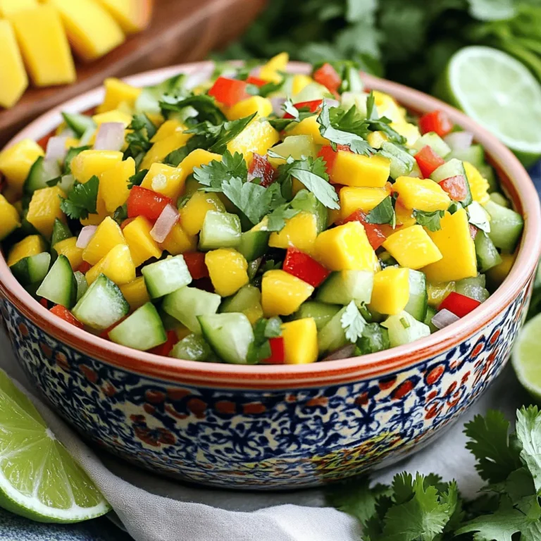 Cucumber mango salsa brings bright flavors and a refreshing crunch. Here’s what you need: - Ripe mango, diced - Cucumber, peeled and diced - Red bell pepper, finely chopped - Small red onion, finely chopped - Jalapeño, minced (optional for spice) - Fresh cilantro, chopped - Lime juice - Olive oil - Salt and pepper Each ingredient plays a role in creating a balanced taste. The mango adds sweetness, while the cucumber gives a crisp bite. The red bell pepper brings color and extra flavor. The red onion adds a slight sharpness, and the jalapeño can heat things up if you like spice. Fresh cilantro adds an herbaceous note, and lime juice brightens everything. Olive oil ties it all together, adding richness. Use fresh ingredients for the best results. The quality of your produce impacts the final dish. If possible, choose organic options. Always wash your fruits and veggies well before use. For the full recipe, you can check the details, but remember, the key to this salsa is freshness! First, let’s get our mango and cucumber ready. For the mango, slice it in half, remove the pit, and scoop out the flesh. Then, dice it into small cubes. Next, peel the cucumber and dice it the same way. This gives a nice crunch. Now, let's chop the red bell pepper and onion. Cut the bell pepper in half, remove the seeds, and finely chop it. For the onion, peel it, and then chop it into small pieces. This adds a nice depth to our salsa. If you like a bit of spice, you can prepare the jalapeño. First, cut it in half and remove the seeds. Then, mince it into tiny pieces. Be careful! You can wear gloves if your hands are sensitive to heat. In a large mixing bowl, combine the diced mango, cucumber, chopped red bell pepper, and onion. If you’re using jalapeño, add that too. Then, sprinkle in the chopped cilantro. This herb gives a fresh taste. Next, we need to make the dressing. In a small bowl, mix the lime juice, olive oil, salt, and pepper. Whisk it until everything blends well. Pour this dressing over the salsa mixture. Gently toss everything together. Make sure all the pieces get coated in the dressing. Now it’s time to blend the flavors. Toss the salsa gently again, so all ingredients mix well. This step helps the flavors combine beautifully. Cover the bowl with plastic wrap and refrigerate it for at least 30 minutes. This waiting time allows the flavors to meld. The longer it sits, the better it tastes. Enjoy your fresh and zesty Cucumber Mango Salsa! For the full recipe, check the details above. To make cucumber mango salsa shine, you need to adjust its flavors. Lime juice brings bright acidity. Start with the juice of one lime, then taste. You can add more if needed. Lime keeps the salsa fresh and zesty. For a spicy kick, consider adding jalapeño. If you like heat, use a whole pepper. If you prefer mild, use half. Chop it finely and mix it in. This spice adds depth to the dish without overwhelming it. Crispness is key in this salsa. Choose a fresh cucumber and peel it. Dice it into small cubes for the perfect bite. The cucumber should snap when you bite it. This crunch balances the soft mango. Keep the ingredients fresh by chopping them just before mixing. If you let them sit too long, they can lose their vibrancy. Freshness keeps the colors bright and the flavors lively. Serving matters as much as taste. Use a colorful bowl to hold your salsa. A bright dish enhances its appeal. Garnish with cilantro leaves and add lime wedges. This adds a nice look and extra flavor. For serving, tortilla chips are a classic choice. You can also use this salsa as a topping for grilled fish. It brings a burst of flavor and color to any meal. For the full recipe, check out the details above. {{image_2}} You can switch up ingredients in cucumber mango salsa for fun. Try adding avocado for a creamy touch. It pairs well with the sweet mango and crunchy cucumber. You can also use different herbs. Fresh mint gives a refreshing flavor. This change brightens the salsa and adds a new twist. Want more heat? Try using different peppers. You can add serrano or habanero peppers for a spicy kick. Each pepper adds its unique flavor. You can also experiment with spices like cumin or smoked paprika. These spices give depth to the salsa and make it even more exciting. Cucumber mango salsa is very versatile. You can serve it with various dishes. It goes great with grilled chicken or fish. You can also use it as a topping for tacos or burritos. Enjoy it with tortilla chips for a tasty dip. It brings freshness to any meal, making it a fun addition. For the full recipe, check out the Crisp & Zesty Cucumber Mango Salsa 🥭🥒 above! To keep your cucumber mango salsa fresh, refrigerate any leftovers right away. Store the salsa in an airtight container. This helps lock in flavor and keeps it crisp. I recommend using glass containers for the best results. They do not absorb odors and are easy to clean. In the fridge, your salsa will last about three to five days. If you want to keep it longer, consider freezing it. Freeze the salsa in small portions. This way, you can take out just what you need. When thawed, the salsa may lose some crunch, but it remains tasty. Check for signs that your salsa has gone bad. Look for changes in color or an off smell. If the salsa is watery or has mold, it's time to toss it. To prevent spoilage, make sure to keep it airtight in the fridge. Always use clean utensils when serving to avoid contamination. To add heat, use jalapeño or other peppers. You can also add hot sauce for extra kick. Start small, then taste and adjust. This way, you control the spice level. I like to remove the seeds for less heat, but keep some if you want it spicy. You can even mix in some red pepper flakes. Yes, you can make this salsa ahead of time. It tastes great after chilling for 30 minutes. If you want to prep it earlier, store it in the fridge for up to 24 hours. Just remember to add the lime juice right before serving. This keeps the colors bright and fresh. You can serve cucumber mango salsa in many ways. It tastes great with tortilla chips as a dip. Use it on tacos or grilled chicken for added flavor. I love to top fish tacos with this salsa. You can also enjoy it on a fresh salad or as a side for grilled meats. Cucumber and mango bring many health benefits. Cucumbers are low in calories and high in water, keeping you hydrated. They also have vitamins K and C. Mangoes are rich in vitamins A and C, which boost your immune system. Together, they make a tasty and healthy snack. This salsa is both refreshing and nutritious. Enjoy it guilt-free! For the full recipe, check out the Crisp & Zesty Cucumber Mango Salsa. This blog post provides a clear guide to making cucumber mango salsa. You learned about key ingredients, how to prepare and mix them, and tips to enhance flavor. I also shared variations to keep it fresh and exciting. Remember, using fresh ingredients makes a big difference. The right storage ensures your salsa stays tasty longer. Enjoy experimenting with flavors and serving styles. This dish is a refreshing addition to any meal, perfect for sharing with friends or enjoying on your own.