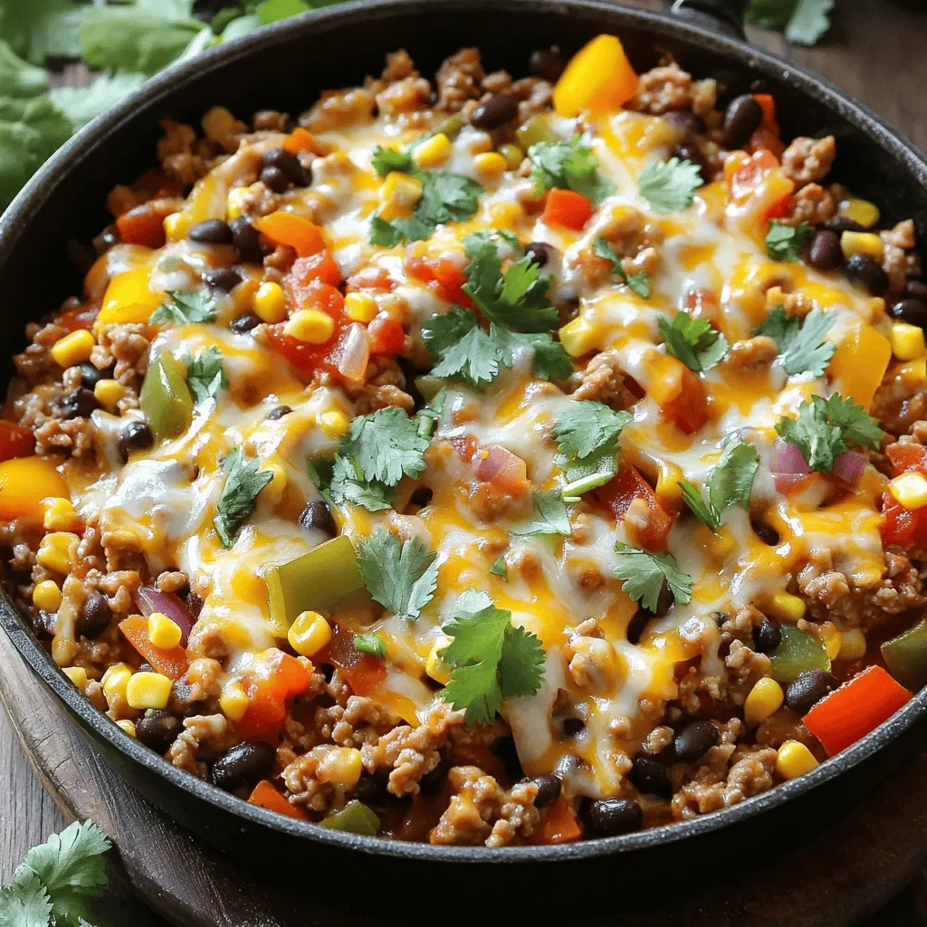 - 1 lb ground turkey or chicken - 1 medium onion, diced - 2 cloves garlic, minced - 1 bell pepper, diced - 1 can (15 oz) black beans, rinsed and drained - 1 can (15 oz) corn, drained - 1 cup uncooked rice - 2 cups chicken or vegetable broth - 1 packet taco seasoning (or homemade blend) - 1 can (14 oz) diced tomatoes with green chilies - 1 cup shredded cheese (cheddar or Mexican blend) - Fresh cilantro for garnish - Optional toppings such as sour cream and avocado When I make this dish, I always start with the main ingredients. I like to use ground turkey or chicken because they cook quickly and taste great. You can also add more flavor with fresh onions and garlic. Diced bell peppers add a nice crunch and color. Next, I add black beans and corn. They give good texture and a hint of sweetness. Using rice is essential for a hearty meal. It absorbs all the flavors from the broth and seasoning. Speaking of broth, I prefer chicken broth for a richer taste, but vegetable broth works well too. The taco seasoning adds that zesty kick. Finally, I toss in diced tomatoes with green chilies. They give a nice tang and a bit of heat. For the topping, I always use shredded cheese. It melts beautifully and makes the dish creamy. Fresh cilantro adds a burst of freshness. If you want to make it special, serve with sour cream or avocado. This dish is fun to make and even more fun to eat! Check out the Full Recipe for all the steps. Start by heating a tablespoon of olive oil in a large skillet over medium heat. Once hot, add the diced onion and bell pepper. Sauté them until they soften, which takes about 5 minutes. This step brings out the flavors in the veggies. Next, add the minced garlic to the skillet. Cook it for about one minute, stirring often to avoid burning. Now it's time to add the protein. Push the veggies to one side of the skillet. Add 1 pound of ground turkey or chicken. Cook it until it's browned, breaking it apart with a spatula. This should take about 6 to 8 minutes. Once the meat is browned, sprinkle in the taco seasoning. Cook for another 1 to 2 minutes until it smells great. Add the fun ingredients next! Pour in one can of diced tomatoes with green chilies, one can of black beans (rinsed and drained), one can of corn (drained), and one cup of uncooked rice. Mix everything well to combine. Now, pour in 2 cups of chicken or vegetable broth. Bring the mixture to a boil. Once boiling, reduce the heat to a simmer. Cover the skillet and let it cook for 20 to 25 minutes. The rice should be cooked and soak up the liquid. Once your skillet is cooked, remove it from heat. Stir in half of the shredded cheese. This will make it creamy and cheesy. Then, sprinkle the remaining cheese on top. Cover the skillet again for about 2 to 3 minutes. The cheese will melt nicely. Finally, fluff the rice with a fork, season with salt and pepper to taste, and add fresh cilantro for a pop of color. For more details, check the Full Recipe. Using a non-stick skillet makes cooking and cleanup simple. It keeps your food from sticking and helps you get a perfect sear on your meat. You can also control spice levels. If you like heat, add jalapeños or spicy taco seasoning. For a milder taste, stick with regular seasoning. Serving your One Pot Taco Skillet straight from the skillet gives it a warm, rustic feel. It looks great on the table. To make it even better, offer toppings on the side. Think sour cream, avocado, or extra cheese. This way, everyone can make their dish just how they like it. Cooking times may change based on the type of rice. White rice cooks faster than brown rice. If you use brown rice, add extra liquid and extend the cooking time by about 10 minutes. Always check for doneness. If the rice seems dry, add more broth. This keeps everything nice and moist. {{image_2}} You can easily change the meat in this dish. Use ground beef or a plant-based protein like lentils. Both options work well and taste great. If you want a healthier meal, swap rice for quinoa. Quinoa cooks fast and adds extra protein. Want more nutrition? Add diced veggies like zucchini or corn. They make the dish colorful and tasty. You can also try different types of cheese. Pepper jack or feta can give new flavors to your skillet. Make your taco skillet spicy by adding jalapeños or chili peppers. This adds heat and excitement. For a southwestern twist, include corn salsa and black olives. These ingredients add depth and fun to the dish. For the full recipe, check the main recipe section. After enjoying your One Pot Taco Skillet, let the dish cool. Once cooled, transfer it to an airtight container. This will keep your meal fresh. Store it in the refrigerator for up to 3-4 days. This way, you can savor the flavors later in the week. If you want to save some for later, divide the skillet into portions. Use freezer-safe containers for easy meals down the road. You can freeze it for up to 2-3 months. This method helps maintain the best quality. When you're ready to enjoy your leftovers, reheat them on the stovetop. Add a splash of broth to keep the dish moist. If you're in a hurry, you can also microwave individual portions. This gives you a quick meal with the same great taste. For more details, check out the Full Recipe. To add heat, use hot taco seasoning. You can also add fresh jalapeños. Slice them thinly and mix them in during cooking. This will give your dish a nice kick. Adjust the amount based on your heat level preference. Yes, you can use brown rice. However, this will change the cooking time. Brown rice takes longer to cook, so you need to increase the liquid too. Check the package for specific cooking times and adjust the broth amount as needed. You have many tasty options! Serve with crunchy tortilla chips for dipping. A side salad adds freshness and balance. Mexican-style corn complements the dish well too. You can also offer toppings like sour cream, avocado, or extra cheese for fun. For the Full Recipe, check out the main section above. This blog post covered how to make a delicious One Pot Taco Skillet. You learned about the key ingredients, cooking steps, and tips to make it perfect. Remember, you can customize this dish with different proteins or spices. Don’t forget to store leftovers properly for quick meals later. Enjoy creating your own tasty variations, and have fun serving it with your favorite toppings. This dish is simple, yet full of flavor and options for everyone! Happy cooking!