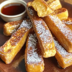 - Thick bread options: Texas toast, brioche - Liquid mixture components: eggs, milk - Flavor enhancers: vanilla extract, ground cinnamon, brown sugar, salt - Frying necessities: butter or oil - Serving suggestions: maple syrup, powdered sugar When making homemade French toast sticks, start with the right bread. Thick bread like Texas toast or brioche works best. These choices help create a soft inside and a crispy outside. Next, you need a liquid mixture. Combine eggs and milk to form the base. This mix adds richness and flavor. Now, let’s talk about flavor enhancers. I add vanilla extract for sweetness and ground cinnamon for warmth. A tablespoon of brown sugar adds extra sweetness, while a pinch of salt balances everything. For frying, you will need either butter or oil. Butter gives a rich flavor, while oil can help achieve a crispier texture. Finally, think about how you will serve these sticks. Maple syrup is a classic choice, but a dusting of powdered sugar can make them look fancy. You can find the full recipe for these delicious treats that will impress your family and friends. First, grab a mixing bowl. In it, add the eggs, milk, vanilla extract, ground cinnamon, brown sugar, and a pinch of salt. Use a whisk to mix everything together. Whisk until you see a smooth blend with no lumps. This ensures a good flavor and texture. Your batter should be slightly thick but pourable. Next, take your thick bread. I prefer Texas toast or brioche for this recipe. Cut each slice into three equal strips. You should now have twelve French toast sticks. Try to keep the size uniform. This helps them cook evenly. If the pieces are all the same size, they will brown at the same rate. Now, heat a skillet over medium heat. Add a small amount of butter or oil to coat the bottom. Wait until the butter melts or the oil shimmers. Then, dip each bread stick into the egg mixture. Make sure to coat all sides. Let any extra batter drip off before cooking. Place the coated bread sticks in the skillet. Fry them for about 2–3 minutes on each side. You want them golden brown and crispy. It’s best to cook in batches, so you don’t crowd the pan. This keeps each stick hot and crunchy. After frying, place them on paper towels to absorb excess oil. Enjoy them warm with maple syrup or a dusting of powdered sugar! For the full recipe, check the earlier section. To get that great crisp, manage your skillet's temperature. Start with medium heat. If it's too hot, your sticks might burn. If it's too low, they will soak up oil. You want that nice golden brown color. Choosing the right frying fat is also key. I like to use butter for its rich flavor. But, if you want a lighter option, use a high smoke point oil like canola. This choice can help achieve that perfect crunch. You can make your French toast even better with spices. Try adding nutmeg or a touch of cardamom for a unique twist. You can also mix in some cocoa powder for a chocolatey flavor. When it comes to sweetness, you can swap brown sugar for maple sugar or honey. Each option brings a different taste. Adjust the sweetness based on your preference. For fun serving options, make a dipping bar! Serve maple syrup, fruit compote, or chocolate sauce. Kids love to dip their sticks in a variety of sauces. It makes breakfast fun! For a family-friendly presentation, stack the sticks on a plate. Dust them with powdered sugar for a nice touch. Add some fresh berries or banana slices on the side. These simple ideas make your meal look appealing and inviting. For the full recipe, check out the complete guide above! {{image_2}} You can easily change some ingredients to fit your needs. If you need gluten-free options, try using gluten-free bread. This will keep the taste good while making it safe for those with gluten issues. Many brands offer gluten-free bread that works well for French toast sticks. For dairy-free choices, swap regular milk for almond milk or oat milk. You can also use coconut milk for a fun twist. These alternatives still give a nice flavor to the batter. It’s great to know you can adapt the recipe for everyone. You can play with flavors to make your French toast sticks unique. Sweet adaptations like adding chocolate chips or sprinkles can be fun, especially for kids. If you want something savory, try adding herbs like thyme or rosemary to the batter. This gives a tasty twist that’s different from the usual. Seasonal twists can also enhance your dish. In fall, add pumpkin spice for a cozy flavor. In summer, toss in fresh berries or peaches. These fruits add sweetness and color to your breakfast. French toast sticks can serve as breakfast or a snack. For breakfast, stack them high on a plate with syrup on the side. For a snack, serve with yogurt or fruit. This makes them easy to grab and enjoy anytime. For brunch, present them on a colorful platter. Dust with powdered sugar and add a few berries for a pop of color. This makes your dish look fancy and inviting. No matter how you serve them, these sticks are sure to impress. For the complete recipe, check the Full Recipe section. After making your crispy cinnamon French toast sticks, you want to store them right. To keep them fresh, place leftovers in an airtight container. This helps prevent them from drying out in the fridge. You can store them in the refrigerator for up to three days. If you want to save them for later, freezing is a great option. Just wrap each stick in plastic wrap and then place them in a freezer bag. They can last up to three months in the freezer. When it comes time to enjoy your French toast sticks again, reheating them correctly is key. The best way to keep them crispy is to use an oven. Preheat your oven to 350°F (175°C). Place the sticks on a baking sheet lined with parchment paper. Heat for about 10-12 minutes. Flip them halfway through for even crispiness. If you are in a hurry, you can use a microwave, but this method may make them less crispy. Heat them for about 30 seconds, then check if they are warm enough. French toast sticks can stay fresh for a good time. In the fridge, they last for about three days. If you freeze them, they can last up to three months. However, for the best taste and texture, eat them within a month. This way, you can enjoy their crispy goodness at its best. Yes, you can prepare French toast sticks ahead of time. Here are some tips for pre-preparation and storage: - Prep the batter: Mix your egg and milk mixture a day before. Store it in the fridge. - Slice the bread: Cut the bread into sticks ahead of time. Keep them in a sealed container. - Cook and store: You can cook the sticks and store them. Place them in an airtight container in the fridge. - Reheat with care: When ready to eat, reheat in a toaster or oven. This keeps them crisp. The best types of bread for French toast sticks are thick and sturdy. Here are my recommendations: - Texas toast: It’s soft and holds up well. - Brioche: This bread is rich and adds a nice flavor. - Challah: It’s slightly sweet and very fluffy. - Sourdough: This adds a tangy taste and a great texture. Yes, you can bake French toast sticks. Here’s how to do it: 1. Preheat the oven: Set your oven to 400°F (200°C). 2. Prepare a baking sheet: Line it with parchment paper for easy cleanup. 3. Arrange the sticks: Place the coated bread strips on the sheet, leaving space between each. 4. Bake: Bake for about 15-20 minutes. Flip them halfway through for even crispiness. To prevent sogginess, follow these tips during cooking: - Don’t soak too long: Quickly dip each stick in the batter. Let excess drip off. - Use medium heat: Cooking at the right temperature helps to crisp them up. - Cook in batches: Don’t overcrowd the pan. This helps them brown evenly. If you want a vegan or egg-free option, try these alternatives for the batter: - Flaxseed meal: Mix 1 tablespoon of flaxseed meal with 2.5 tablespoons of water. Let it sit for 5 minutes. - Chia seeds: Use the same method as flaxseed meal. - Silken tofu: Blend 1/4 cup of silken tofu until smooth. - Banana: Mash 1/4 cup of ripe banana for a sweet twist. For the full recipe, check out the Crispy Cinnamon French Toast Sticks. In this blog post, we explored how to make French toast sticks step by step. We covered the best ingredients, cooking tips, and creative serving ideas. Remember, choosing the right bread and enhancing flavors can make a big difference. Whether you prefer sweet or savory, there’s a version for everyone. Don't forget to store leftovers properly and reheat them for that perfect crisp. Enjoy making these treats for breakfast, snacks, or brunch. With practice, you’ll master the art of French toast sticks!