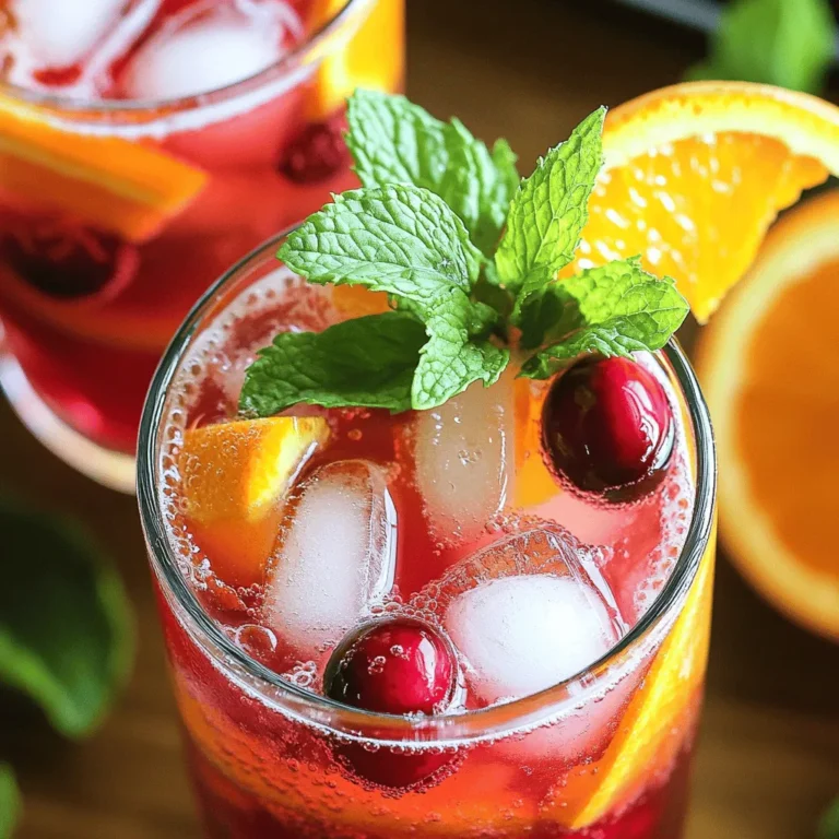 - 2 cups fresh cranberries - 1 cup orange juice (freshly squeezed) - Fresh mint leaves (for garnish) - 1/2 cup granulated sugar (adjust to taste) - 1 teaspoon grated orange zest - Ice cubes - 3 cups sparkling water or club soda When making the Cranberry Orange Refresher, you want the freshest ingredients. Start with bright, red cranberries. These little gems pack a punch of tartness and flavor. Freshly squeezed orange juice is key too. It gives this drink its zesty kick. You’ll also need some pantry staples. Granulated sugar helps balance the tartness of the cranberries. You can adjust the amount based on your taste. A bit of grated orange zest adds depth and a lovely aroma to the drink. Don't forget about the fizz! Sparkling water or club soda gives this refresher its bubbly personality. Finally, keep some ice cubes handy. They chill your drink and keep it refreshing. You can explore the full recipe for more details. Enjoy crafting this bright and simple refreshment! In a medium saucepan, you will combine 2 cups of fresh cranberries and 1/2 cup of granulated sugar. Add 1/4 cup of water to help the sugar dissolve. Cook this mixture over medium heat. You will need to stir it often. Keep cooking until the cranberries burst, which usually takes about 10-12 minutes. This step releases all the bright flavors. Once the cranberries have burst, take the pan off the heat. Let the mixture cool for a few minutes. Now, strain the mixture through a fine sieve. This will remove any solids. Press down gently to extract all the juice. You will have a vibrant cranberry syrup that shines with color. In a large pitcher, combine the cranberry syrup with 1 cup of freshly squeezed orange juice and 1 teaspoon of grated orange zest. Stir the mixture well to blend the flavors. Just before serving, gently stir in 3 cups of sparkling water or club soda. This will keep the drink bubbly and refreshing. When making your Cranberry Orange Refresher, you can adjust the sugar. Start with 1/2 cup, then taste. If it’s too tart, add more sugar a little at a time. You can also use honey or agave syrup as sweeteners. They add flavor too. Just remember, these options can change the taste a bit, so taste as you go. To show off the drink, use clear glasses. This lets the bright red color shine through. You can add a slice of orange on the rim for a nice touch. Fresh mint leaves also make a great garnish. They add color and a fresh smell. If you want, a twist of orange zest on top can make it pop even more. You can prepare the cranberry syrup ahead of time. Make it a day before and store it in the fridge. Just keep it in a sealed jar. When you’re ready to serve, mix the syrup with orange juice and sparkling water. This way, you can enjoy a fresh drink without any hassle. You can also store the mixed drink, but it’s best to drink it within a few hours. This keeps the fizz and taste just right. For the full recipe, check out the [Full Recipe]. {{image_2}} You can change the flavor of your Cranberry Orange Refresher by adding other fruits. Try using lemon or lime juice for a zesty kick. You can also mix in berries like strawberries or raspberries. These fruits pair well with cranberries and add a lovely color. If you want to switch from orange juice, consider using grapefruit juice. It gives a nice tartness that complements cranberries. If you prefer a still drink, you can make a non-sparkling version. Simply skip the sparkling water in the recipe. Instead, use cold water to mix the cranberry syrup and orange juice. For a creamy twist, try adding a splash of cream or coconut milk. This adds a rich flavor and smooth texture, making the drink extra special. Want to add some fun? You can make an alcoholic version! Adding vodka or rum gives your drink a kick. For vodka, use about 1 to 2 ounces per serving. If you like rum, try the same amount. Mix it well with the cranberry and orange juice. This twist is perfect for a party or a night out. Remember to enjoy responsibly! For more details, check out the Full Recipe for the Cranberry Orange Refresher. To store your cranberry syrup, pour it into a clean jar. Seal the jar tightly. Place it in the refrigerator. This way, it stays fresh and tasty. The syrup lasts about one week. You can use it in drinks or desserts. For the best flavor, use about two tablespoons of syrup per drink. When you mix the drink, store it in a pitcher. Keep it covered in the fridge. The drink is best enjoyed fresh. Try to drink it within two days. After that, the fizz will fade. If you want to save time, prepare the syrup ahead and mix the drink later. For the full recipe, check the detailed instructions earlier. Yes, you can use frozen cranberries. They work well in this drink. Just remember to thaw them first. Frozen cranberries may have more water than fresh ones. This can change the texture of the syrup. I suggest cooking them longer to get a good flavor. If you need a substitute for orange juice, try these options: - Lemon juice: It is tart and bright. - Grapefruit juice: This adds a unique flavor with a slight bitterness. - Pineapple juice: It gives a sweet and tropical twist. - Apple juice: It is sweet and milder in flavor. These substitutes can change the drink's taste, so choose based on what you enjoy. To reduce sweetness, try these tips: - Cut back on sugar: Start with half the amount and adjust. - Use less cranberry syrup: Add only what you need for flavor. - Choose a sugar alternative: Stevia or monk fruit can be good options. - Increase the citrus: Add more orange juice or a splash of lemon juice to balance the sweetness. These changes will keep the flavor strong while making it less sweet. For the full recipe, check the section above! This article covered how to make a refreshing Cranberry Orange drink. We discussed fresh ingredients, simple steps, and tips for the best results. You learned how to prepare the syrup, mix flavors, and even add your twist. You can adjust sweetness and explore fun variations. This drink is versatile and easy to make ahead. Enjoy crafting your own version and impressing friends with your delicious skills.