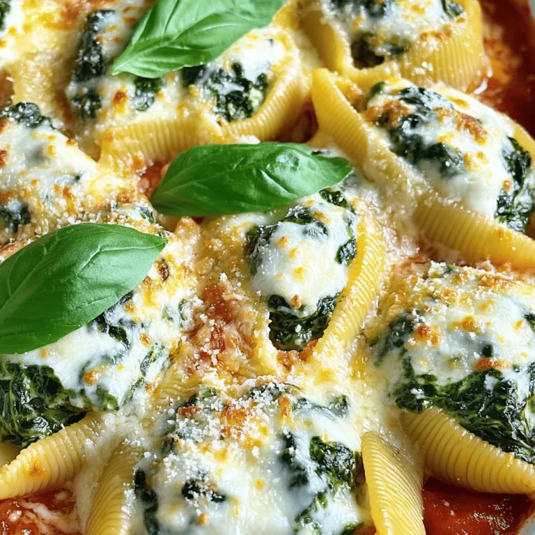- 20 jumbo pasta shells - 2 cups fresh spinach, chopped - 1 cup ricotta cheese - 1 cup mozzarella cheese, shredded - 1/2 cup Parmesan cheese, grated - 1 egg, beaten - 1 teaspoon garlic powder - 1 teaspoon onion powder - Salt and pepper to taste - 3 cups marinara sauce - Fresh basil leaves, for garnish You will need 20 jumbo pasta shells for this dish. They are the perfect size for stuffing. I love using fresh spinach, about 2 cups chopped. It adds color and nutrients. Ricotta cheese gives a creamy texture; you’ll need 1 cup. Mozzarella cheese, 1 cup, melts beautifully on top. Add 1/2 cup of grated Parmesan cheese for extra flavor. To hold everything together, you need 1 beaten egg. A teaspoon each of garlic powder and onion powder adds great taste. Don’t forget salt and pepper to taste! Finally, you will need 3 cups of marinara sauce to soak the shells. Fresh basil leaves are great for garnish and add a nice touch. - Calories per serving: Around 350 calories - Macronutrient breakdown: Approximately 15g protein, 20g fat, 30g carbs - Dietary restrictions: Contains dairy and gluten This dish packs about 350 calories per serving. It has around 15 grams of protein from the cheeses and egg. The fat content is about 20 grams, mostly from cheese. Carbohydrates come from the pasta and sauce, adding up to 30 grams. Keep in mind, this dish contains dairy and gluten. Adjust the recipe if you have any dietary needs. For the full recipe, visit the link provided. - Preheat the oven to 375°F (190°C). This step ensures your dish cooks evenly. - Cook jumbo pasta shells according to package directions until al dente. Drain them well and set aside to cool. This makes them easier to handle. - In a large bowl, combine the chopped spinach, ricotta cheese, half of the mozzarella, and half of the Parmesan. This mix will be creamy and rich. - Add the beaten egg, garlic powder, onion powder, salt, and pepper. Mix until well combined. This filling packs lots of flavor. - Generously stuff each cooked pasta shell with the spinach and ricotta mixture. Place them in a 9x13-inch baking dish, open side up. This makes for a pretty presentation. - Spread 1 cup of marinara sauce on the bottom of the dish. This keeps the shells moist. - Pour the remaining marinara sauce evenly over the stuffed shells. - Sprinkle the rest of the mozzarella and Parmesan cheeses on top. This will create a delicious, bubbly crust when baked. For complete details on cooking times and servings, refer to the Full Recipe. To keep your shells intact, cook them just right. Do not overcook them. Follow the package time closely. Al dente shells hold the filling better. Once drained, cool them in cold water. This helps them firm up. For perfect cheese melting, layer your mozzarella and Parmesan well. Spread them evenly over the shells. Cover the dish with foil for the first 25 minutes. This traps steam and helps the cheese melt. Remove the foil to brown the cheese in the last 10 minutes. These stuffed shells pair well with a fresh salad or crusty bread. A light green salad adds crunch and color. A simple olive oil and vinegar dressing works great. Serve garlic bread on the side for a cozy meal. For wine, a crisp white like Pinot Grigio is perfect. It balances the rich cheese. If you prefer red, a light Chianti won’t overpower the dish. You can freeze unbaked shells for later. After stuffing, place them in a freezer-safe dish. Cover well with plastic wrap. When you’re ready to bake, just add a bit more sauce and bake longer. Store cooked leftovers in an airtight container. They last up to three days in the fridge. Reheat in the oven for best results. Use a bit of sauce to keep them moist. [Full Recipe] {{image_2}} You can easily switch up the greens in your stuffed shells. Kale or chard work great if you want new flavors. Both are healthy and add a nice crunch. If you want a vegan version, try using tofu instead of ricotta. You can also use vegan cheese for the filling. This keeps the dish creamy without dairy. Adding meats can take your stuffed shells to the next level. Ground turkey or sausage adds a savory kick. You can also mix in more veggies. Chopped mushrooms or bell peppers blend well with the filling. This makes the dish heartier and adds more nutrients. While marinara is a classic choice, trying different sauces can change the game. A creamy white sauce gives a rich taste. You can make it with butter, flour, and milk. Pesto sauce is another tasty option. It adds a fresh, herby flavor that pairs well with spinach and ricotta. For the full recipe, refer to the Cheesy Spinach & Ricotta Shells section. To keep your stuffed shells fresh, store them in an airtight container. This method helps keep moisture in and prevents drying out. If you place them in the fridge, they will last about 3 to 5 days. Always cool the shells before sealing them away. This step prevents condensation, which can make the shells soggy. If you want to save your stuffed shells for later, freezing is a great option. Start by letting them cool completely. Then, place them in a freezer-safe container or a zip-top bag. Make sure to remove as much air as possible to avoid freezer burn. They can stay good for up to 3 months. When you're ready to eat, simply thaw them in the fridge overnight. Heat them in the oven at 350°F (175°C) until warmed through. Choosing the right storage container matters. Glass containers are sturdy and don’t hold odors. They are also great for reheating in the oven. Plastic containers are lighter and easier to store but may warp over time. Use BPA-free plastic for safety. Both options work well, so pick what suits you! Spinach and ricotta stuffed shells last about 3 to 5 days in the fridge. Store them in an airtight container. This keeps the shells fresh and safe to eat. Remember to let them cool before sealing. Yes, you can use fresh cheese. Using fresh cheese can give your dish a rich taste. Just remember to drain any excess moisture. This helps avoid watery shells. A simple, homemade marinara sauce works best for stuffed shells. Look for a sauce with fresh tomatoes and herbs. You can also use store-bought sauce if it’s high quality. Yes, you can easily make this dish gluten-free. Simply use gluten-free jumbo pasta shells. Many brands offer good options that taste great. Just check the cooking times as they may vary. You know the shells are perfect when the cheese is bubbly and golden. The edges of the shells should be slightly crisp, too. A cooking time of about 35 to 40 minutes should do the trick. You can refer to the Full Recipe for exact timings. Spinach and Ricotta Stuffed Shells are both tasty and easy to make. You learned how to prepare the shells, mix the filling, and assemble the dish with layers of sauce. I shared key tips for cooking and serving. You can even make it ahead or try different flavors. Store leftovers correctly for the best taste. This dish is versatile and can suit many diets. Whether it's a family dinner or a special occasion, enjoy your stuffed shells!
