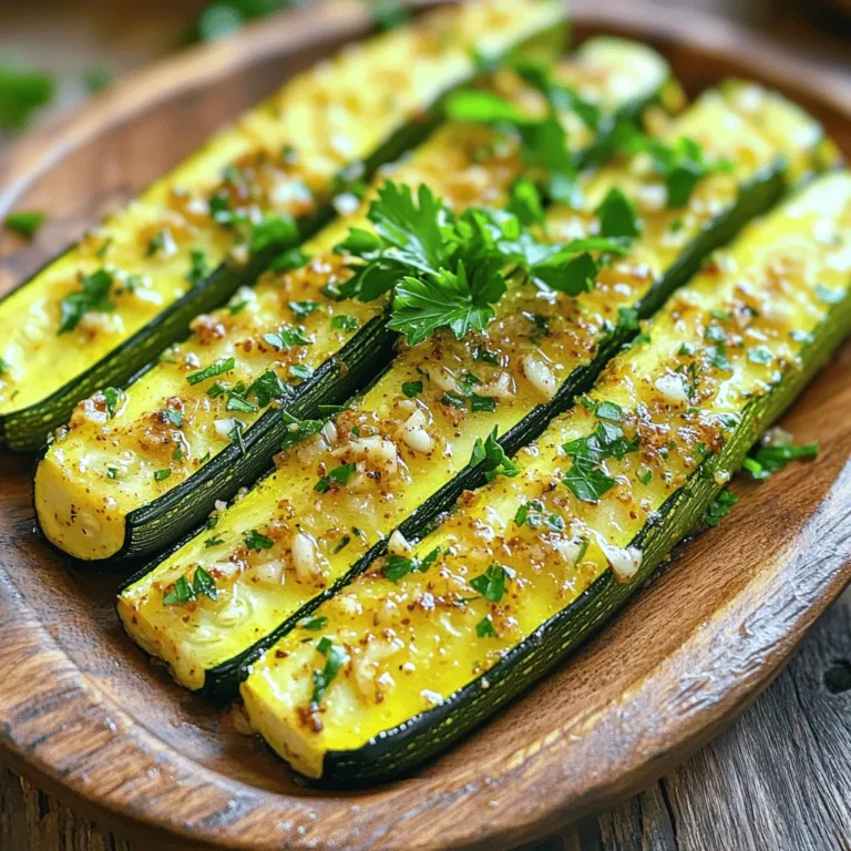 - 4 medium zucchini, cut into spears - 4 tablespoons olive oil - 4 cloves garlic, minced - 1 teaspoon dried oregano - 1 teaspoon paprika - Salt and pepper to taste - Fresh parsley, chopped (for garnish) When selecting zucchini, look for firm, smooth skin. Choose bright green zucchini without blemishes. Smaller zucchinis are often sweeter and more tender. Check for a heavy feel; this means they are fresh. If you can, smell them. Fresh zucchini has a clean, earthy scent. Avoid any that feel soft or look wrinkled. If you don’t have olive oil, you can use avocado oil or melted coconut oil. Both work well and add unique flavors. Canola oil is another choice; it’s neutral and won’t change the taste. For a richer taste, consider using butter. Just remember to keep an eye on the heat, as butter can burn easily. First, gather all your ingredients. You need fresh zucchini, garlic, olive oil, and spices. This will make your cooking process smooth and quick. Wash the zucchini well and cut them into spears. This shape helps them roast evenly. Preheat your oven to 425°F (220°C) so it’s ready when you are. 1. In a large bowl, mix the olive oil, minced garlic, oregano, paprika, salt, and pepper. 2. Whisk the mixture until it blends well. This helps the flavors to combine. 3. Add the zucchini spears to the bowl. Toss them until they are fully coated. 4. Line a baking sheet with parchment paper. This keeps the zucchini from sticking. 5. Spread the zucchini spears in a single layer on the sheet. This step is key for even roasting. 6. Roast the zucchini in the oven for 15-20 minutes. Turn them halfway through to cook evenly. 7. When finished, remove them from the oven. Let them cool for a minute before serving. 8. Garnish with fresh parsley for a nice touch. To get the best flavor, do not overcrowd the baking sheet. If the spears are too close, they will steam instead of roast. You can also try different spices to change the flavor. A little lemon juice can brighten the taste. For the full recipe, check the earlier section. Enjoy your delicious garlic roasted zucchini spears! To make the garlic shine, use fresh garlic. Fresh garlic gives a bolder taste than dried. You can also roast the garlic before mixing it with the oil. Roasted garlic adds a sweet and rich flavor. If you want more zest, try adding lemon juice or zest. Both will brighten the dish and balance the garlic. To avoid soggy zucchini, keep the spears dry. Pat them with a towel after washing. The less moisture there is, the better they roast. Also, space out the spears on the baking sheet. This helps hot air circulate around each piece. If they are too close, they will steam instead of roast. Most home ovens work well at 425°F (220°C). If you have a convection oven, reduce the temperature by about 25°F (14°C). This helps cook the zucchini evenly and quickly. For electric ovens, the time is about 15-20 minutes. If you use a gas oven, check the spears a bit earlier. They might cook faster. Always look for a golden-brown color to know they are done. {{image_2}} You can add cheese to your garlic roasted zucchini for extra flavor. Parmesan gives a nice salty taste. Just sprinkle grated Parmesan on top before roasting. Feta cheese, crumbled on the finished dish, adds creaminess. Both will melt slightly and create a great texture. If you like heat, try adding chili flakes or cayenne pepper. A pinch of these spices can make the dish exciting. You can also use hot sauce in the garlic-oil mix. This adds a zesty kick and balances the zucchini's mild flavor. For a Mediterranean flair, mix in olives and cherry tomatoes. Chop the olives and halve the tomatoes. Toss them with the zucchini before roasting. This adds color and makes the dish more vibrant. The olives provide saltiness while the tomatoes bring sweetness. Explore the Full Recipe for more tips and details on how to create this dish! To keep your garlic roasted zucchini spears fresh, let them cool first. Place them in an airtight container. Store the container in the fridge. Proper storage helps maintain flavor and texture. Use the leftovers within three days for the best taste. Reheating your zucchini spears can be easy and fun. You can use an oven or a skillet. If using the oven, preheat it to 350°F (175°C). Place the zucchini on a baking sheet and heat for about 10 minutes. If you prefer a skillet, add a splash of olive oil over medium heat. Cook for 3-5 minutes, turning occasionally. This method keeps them tasty and warm. Freezing garlic roasted zucchini spears is simple. First, let them cool completely. Then, lay them flat on a baking sheet and freeze for about an hour. Once frozen, transfer them to a freezer bag or container. Squeeze out as much air as possible before sealing. You can freeze them for up to three months. When ready to eat, reheat them from frozen or thaw in the fridge overnight. You’ll still enjoy the flavors from the Full Recipe! To boost flavor, add more garlic or spices. You can try cayenne pepper for heat. Lemon juice adds brightness. Fresh herbs like basil or thyme also enhance taste. Mix different spices to find your perfect blend. Don't be afraid to experiment! Adjust salt and pepper to suit your taste. Yes, you can use other veggies! Carrots, bell peppers, or asparagus work great. Cut them in similar sizes to ensure even cooking. Each vegetable brings its own flavor. Feel free to mix them for a colorful dish. Just adjust cooking times as needed for each type. Garlic roasted zucchini spears pair well with many main dishes. Try them with grilled chicken or fish for a healthy meal. They also complement pasta or quinoa dishes nicely. Serve with a fresh salad for balance. You can even use them in wraps or sandwiches! For the full recipe, check out the Garlic Roasted Zucchini Spears above. This post covered how to make garlic roasted zucchini spears. We explored fresh ingredient selection, cooking steps, and tips to boost flavor. You learned how to avoid sogginess and adapt the recipe with variations like cheese or spices. Storing tips ensure your dish retains flavor longer. Remember, simple ingredients can create tasty meals. Enjoy experimenting in your kitchen!