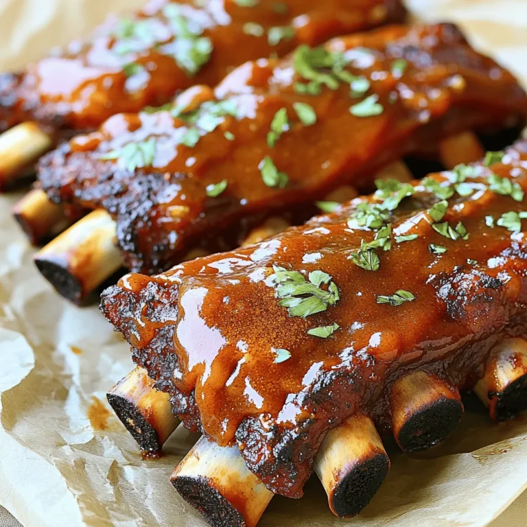 To make oven-baked BBQ ribs, gather these items: - 2 racks of baby back ribs - 1 cup brown sugar - 1 tablespoon smoked paprika - 1 tablespoon chili powder - 1 tablespoon garlic powder - 1 tablespoon onion powder - 1 teaspoon ground cumin - 1 teaspoon cayenne pepper (optional for extra heat) - Salt and pepper to taste - 1 cup barbecue sauce (your favorite brand or homemade) If you want to change the barbecue sauce, you have options. You can use: - Honey mustard for a sweet twist - Spicy ketchup for a zesty kick - Homemade sauce with ketchup, vinegar, and spices - A vinegar-based sauce for a tangy flavor Feel free to mix and match to find what you like best! I recommend using baby back ribs for this recipe. They have a good meat-to-bone ratio. If you prefer more meat, spare ribs work well too. They are larger and have a richer flavor. St. Louis-style ribs are another option, as they are trimmed and easy to cook. Each type offers a unique taste and texture, so pick what you enjoy most! Start by getting your ribs ready. First, remove the thin membrane on the back. This helps flavors soak in better. You can use a knife to lift one edge, then pull it off. Next, pat the ribs dry with paper towels. This step makes the spice rub stick well. Now, let’s make a tasty spice rub. In a bowl, mix together the brown sugar, smoked paprika, chili powder, garlic powder, onion powder, ground cumin, cayenne pepper, salt, and pepper. This mix gives the ribs a nice sweet and spicy kick. Don’t forget to adjust the cayenne to your heat level! Once your rub is ready, it's time to season the ribs. Generously apply the spice mix all over the ribs. Make sure both sides get covered. After seasoning, place the ribs on a large piece of aluminum foil, bone side down. Wrap them tightly to keep the moisture in. This helps them cook up tender. Next, preheat your oven to 300°F (150°C). Place the wrapped ribs on a baking sheet and bake for 2.5 to 3 hours. This long, slow bake makes the meat fall off the bone. When they’re done, carefully unwrap the foil. Brush your favorite barbecue sauce on top. For a great finish, broil the ribs for 5-7 minutes until the sauce bubbles and caramelizes. Keep a close eye so they don’t burn. Now, let the ribs rest for about 10 minutes. This helps the juices settle. Finally, slice between the bones and serve with extra barbecue sauce on the side. Enjoy your delicious, oven-baked BBQ ribs! For the full recipe, check out the details above. To get tender ribs, start with fresh meat. Baby back ribs are my favorite. Remove the tough membrane on the back. This helps the rub soak in. Season the ribs well with the spice mix. Wrap them tightly in foil. This keeps moisture in while baking. Bake them at 300°F for 2.5 to 3 hours. The low heat breaks down tough fibers. Your ribs will pull apart easily. After baking, it’s time for the BBQ sauce. Use a thick sauce for the best results. Brush a generous layer on the ribs. Place them under the broiler for 5-7 minutes. Keep a close watch! The sauce should bubble and caramelize. This adds flavor and a nice glaze. Just don’t let it burn. One big mistake is not removing the membrane. This makes the ribs tough. Another mistake is skipping the foil wrap. It’s vital for keeping the meat juicy. Also, don’t rush the cooking time. Low and slow is key to tenderness. Lastly, avoid using thin BBQ sauce. It won’t stick well or caramelize. Follow these tips, and you’ll have amazing ribs! For the complete process, check out the Full Recipe. {{image_2}} You can change the flavors of your ribs easily. For a sweet touch, try honey garlic. Just mix honey, garlic, and soy sauce in a bowl. Brush this mix on the ribs before baking. For a savory twist, go for teriyaki. Use store-bought teriyaki sauce or make your own with soy sauce, brown sugar, and ginger. These flavors add a fun twist to your dish. While oven-baked ribs are easy, you can also grill or slow cook them. Grilling gives ribs a smoky flavor. Just season your ribs as you would for baking. Grill them over medium heat for about 2 hours. Keep the lid closed to cook evenly. For slow cooking, place the ribs in a slow cooker with your favorite sauce. Cook on low for 6 to 8 hours. This method makes the meat super tender and falls off the bone. Side dishes can make your meal even better. Some great options are coleslaw, cornbread, or baked beans. Coleslaw adds crunch and freshness. It balances the rich flavors of the ribs. Cornbread provides a sweet, buttery bite. Baked beans add a hearty touch. You can also serve pickles or corn on the cob for extra flavor. These sides will work well with your oven-baked BBQ ribs and enhance your dining experience. For more tips and ideas, check out the Full Recipe! To store leftover ribs, let them cool first. Once cool, wrap them tightly in plastic wrap or aluminum foil. You can also place them in an airtight container. Make sure to keep them in the fridge. They will stay fresh for up to three days. If you want longer storage, consider freezing. To reheat your ribs, use the oven for the best flavor. Preheat the oven to 250°F (120°C). Place the ribs in a baking dish and cover them with foil. This keeps the moisture in. Heat for about 20-30 minutes or until they are warm. You can brush on some extra barbecue sauce before reheating for added flavor. If you want to freeze ribs, wrap them well in plastic wrap. Then, place them in a freezer bag or container. Label the bag with the date. Ribs can stay frozen for up to three months. When you are ready to eat, thaw them in the fridge overnight. After thawing, follow the reheating tips to enjoy them again. For the full recipe, check out the Sweet & Spicy Oven-Baked BBQ Ribs section! I cook oven-baked BBQ ribs for about 2.5 to 3 hours. This gives the meat time to become tender and juicy. The time may vary based on your oven and the rib size. Always check for tenderness; the meat should pull away from the bone with little effort. Yes, you can use spare ribs instead of baby back ribs. Spare ribs have more fat and meat, which can add flavor. They may require a bit more cooking time. Adjust your cooking time to ensure they become tender. I find 300°F (150°C) is the best temperature for cooking ribs. This low and slow method helps keep the meat juicy. Cooking at this temperature allows the ribs to absorb the flavors of the rub and sauce well. In this post, we covered everything you need for perfect barbecue ribs. We discussed the essential ingredients and substitutions, like sauces and rib types. I shared easy step-by-step instructions to prep, season, and cook your ribs. You learned tips for tenderness and caramelization, along with common mistakes to avoid. We explored tasty variations and how to store leftovers for later. Follow these guidelines, and you’ll create delicious ribs every time. Enjoy your cooking journey!