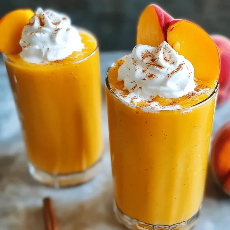 For the peach cheesecake smoothie, you need: - 2 ripe peaches, pitted and chopped - 1 cup Greek yogurt - 1/2 cup cream cheese, softened - 1/2 cup milk (dairy or non-dairy) - 2 tablespoons honey or maple syrup (adjust to taste) These main ingredients create a creamy and fruity base. Ripe peaches add natural sweetness and flavor. Greek yogurt gives a rich texture and protein. Cream cheese adds that cheesecake taste, while milk helps blend everything smoothly. The sweeteners round it all out. You can enhance your smoothie with these extras: - 1 teaspoon vanilla extract - 1/4 teaspoon ground cinnamon - 1 cup ice cubes Adding vanilla extract brings warmth and depth. Ground cinnamon adds a hint of spice that pairs well with peaches. Ice cubes give your smoothie a frosty texture, making it refreshing. You can mix and match these options based on your taste. For the complete recipe, check the Full Recipe section. - Peel and chop the peaches. - Gather all ingredients. First, start with the peaches. If you like, peel them for a smoother texture. Next, chop the peaches into small pieces. This helps them blend better. Set the chopped peaches aside. Now, gather the rest of your ingredients. You will need Greek yogurt, cream cheese, milk, honey or maple syrup, vanilla extract, ground cinnamon, and ice cubes. Having everything ready makes the next steps easy. - Combine ingredients in blender. - Blend until smooth. Place all your ingredients in a blender. Add the chopped peaches, Greek yogurt, cream cheese, and milk. Then, include the honey or maple syrup. Don’t forget the vanilla extract and ground cinnamon! Blend the mixture on high speed. You want it to be smooth and creamy. If needed, stop and scrape down the sides. This ensures everything blends well. - Adjust consistency and sweetness. - Serve in chilled glasses. Next, add the ice cubes to the blender. Blend again until thick and frosty. If your smoothie is too thick, add a splash of milk to reach your perfect consistency. Taste your smoothie and adjust the sweetness if needed. Add more honey or syrup, then blend briefly. Now, pour your smoothie into chilled glasses. For extra flair, top with whipped cream and a slice of fresh peach. Enjoy your Peach Cheesecake Smoothie! For a detailed guide, check out the Full Recipe. You can make this smoothie your own! Here are some fun ways to switch it up: - Experiment with different sweeteners: Try agave syrup or stevia for a unique twist. - Add other fruits for variation: Toss in berries or bananas for added flavor and nutrients. Blending can make or break your smoothie. Keep these tips in mind: - Use frozen peaches for a thicker texture: Frozen fruit adds creaminess without needing ice. - Scrape down sides for even blending: This ensures every bit mixes well for a smooth finish. Make your smoothie even more delightful with these serving ideas: - Garnish ideas: Top with whipped cream and a slice of peach for a pretty look. - Best time to enjoy your smoothie: Sip it as a refreshing breakfast or snack on a hot day. Check out the Full Recipe for all the tasty details and get blending! {{image_2}} You can easily make a dairy-free peach cheesecake smoothie. Just swap Greek yogurt for non-dairy yogurt. Use almond, coconut, or oat milk instead of regular milk. This change keeps the taste creamy while being kind to your tummy. To make your smoothie extra filling, add a scoop of protein powder. You can also stir in some nut butter, like almond or peanut. Both options add a nutty flavor and make this smoothie a perfect post-workout snack. Want to sneak in more nutrients? Toss in a handful of spinach or kale. These greens blend well and add vitamins without changing the sweet peach flavor. You get a health boost and still enjoy a tasty treat. For the full recipe, check out the details above. You can keep your peach cheesecake smoothie in the fridge for up to 24 hours. Store it in an airtight container to avoid any odors from other foods. The longer it sits, the more it may separate. Just give it a good shake or stir before enjoying it again. Yes, you can freeze leftovers! Pour the smoothie into ice cube trays or freezer-safe bags. It can last for up to three months. When you're ready to enjoy it again, just blend the frozen cubes with a splash of milk for a quick treat. To keep your smoothie tasting great, follow these tips: - Use fresh peaches: The riper, the better for flavor. - Store immediately: Put it in the fridge right after making. - Avoid adding toppings: Keep any toppings separate until serving. - Re-blend if needed: If it separates, blend it again for a smooth texture. These steps will help you enjoy that delicious peach cheesecake taste every time! This recipe makes two servings. Each smoothie is rich and filling. You can share it or enjoy it all yourself. If you need more, just double the ingredients. Yes, you can use frozen peaches. They blend well and give a nice texture. Frozen peaches also make the smoothie colder and thicker. If using frozen peaches, you might need less ice. Just adjust based on your taste. A Peach Cheesecake Smoothie offers many health benefits. - Peaches are low in calories and high in vitamins A and C. They boost skin health and support your immune system. - Greek yogurt is packed with protein. It helps build and repair muscles, plus it aids digestion. - Cream cheese adds flavor but also contains calcium, which is good for bones. - Honey or maple syrup provides natural sweetness and antioxidants. - Cinnamon can help lower blood sugar and has anti-inflammatory properties. This smoothie is a tasty way to enjoy healthy ingredients. It can be part of a balanced diet and is a great snack or breakfast option. For the full recipe, check out the details provided earlier. This article covered a tasty Peach Cheesecake Smoothie that you can easily make. We explored the main ingredients like ripe peaches, Greek yogurt, and sweeteners. You learned the step-by-step process to create it and also picked up tips for custom flavors. I shared variations for different diets and how to store your smoothie. Now, go ahead and try making this smoothie. It will be a fresh treat that you’ll enjoy!