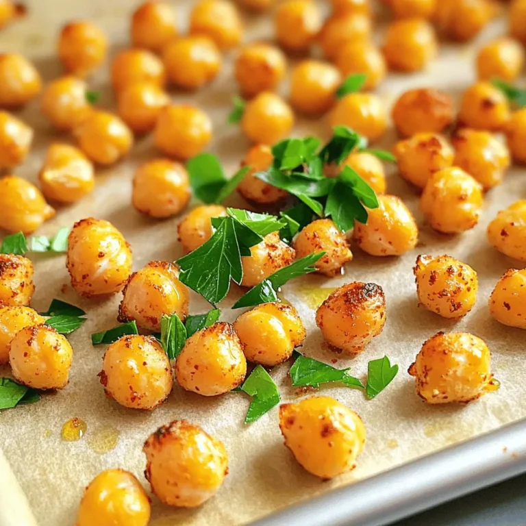 - 1 can (15 oz) chickpeas, drained and rinsed - 2 tablespoons olive oil - 4 cloves garlic, minced - 1 teaspoon smoked paprika - 1 teaspoon cumin - 1/2 teaspoon cayenne pepper (adjust to taste) - Salt and pepper to taste - Fresh parsley, chopped (for garnish) The main ingredients for crispy garlic roasted chickpeas are simple yet powerful. First, chickpeas form the base of this dish. They are packed with protein and fiber, making them a healthy choice. Using canned chickpeas saves time, but you can use dried ones if you prefer. Just make sure to soak and cook them first. Next, we have olive oil. It helps the chickpeas crisp up nicely. You can swap it with other oils, but olive oil adds a lovely flavor. The minced garlic brings a punch of taste. Fresh garlic is best for that robust flavor. When it comes to seasoning, you can get creative. Smoked paprika adds a warm, smoky taste. Cumin gives a bit of earthiness. If you like heat, cayenne pepper is your friend. Adjust it to your spice level. Don't forget salt and pepper to enhance all the flavors. Lastly, fresh parsley adds a pop of color and freshness. It makes the dish look nice and bright. You can find the full recipe for crispy garlic roasted chickpeas to make this delightful snack at home. - Preheat your oven to 400°F (200°C). - Line a baking sheet with parchment paper. - Rinse and pat dry the chickpeas. - Combine chickpeas with olive oil and seasonings. To start, you need to rinse the chickpeas well. This removes extra salt and helps with flavor. Use a clean kitchen towel to pat them dry. This step is key for getting them crispy. In a mixing bowl, add the dried chickpeas. Pour in two tablespoons of olive oil. Next, add four cloves of minced garlic. For spice, include one teaspoon of smoked paprika, one teaspoon of cumin, and half a teaspoon of cayenne pepper. Season with salt and pepper to taste. Toss everything together until the chickpeas are well-coated. - Spread chickpeas on the baking sheet. - Roast for 20-25 minutes, stirring halfway through. Now, spread the chickpeas out on the prepared baking sheet. Make sure they are in a single layer. This helps them cook evenly. Roast the chickpeas in the preheated oven for about 20 to 25 minutes. Stir them halfway through. This ensures they crisp up nicely. Keep an eye on them to prevent burning. Once they turn golden brown and crispy, take them out. Let them cool for a few minutes. They will continue to crisp as they cool. Enjoy your Crispy Garlic Roasted Chickpeas! For the full recipe, check the earlier section. To get that perfect crunch, drying the chickpeas is key. After rinsing, use a kitchen towel to pat them dry. This removes moisture, which can make them soggy. Spread the chickpeas on a towel in a single layer for best results. Avoid overcrowding your baking sheet. If you pile the chickpeas on top of each other, they will steam instead of roast. Keep them in a single layer for even cooking. This helps them turn golden brown all over. You can adjust the seasoning levels to match your taste. If you love garlic, add more minced garlic. For a smoky flavor, increase the smoked paprika. Feel free to experiment with different spices, like chili powder or curry powder. Each choice adds a unique touch to your chickpeas. For the best flavor, serve your crispy chickpeas right after baking. Let them cool for a few minutes before serving. This cooling time allows them to crisp up even more. Enjoy them as a tasty snack or add them to salads for extra crunch. For the complete guide, check out the Full Recipe. {{image_2}} You can easily change the taste of crispy garlic roasted chickpeas. For a spicy kick, add more cayenne or chili powder. This will give the chickpeas a nice heat that many love. If you prefer herbs, try mixing in rosemary or thyme. These herbs add a fresh and vibrant flavor. Both options will keep your snack exciting and new. To make your chickpeas even more special, consider adding nutritional yeast. This gives them a cheesy flavor that is delightful. You can also mix in seeds like pumpkin or sunflower. Nuts such as almonds or cashews add a crunchy texture. These ingredients will make your crispy chickpeas stand out even more. Crispy garlic roasted chickpeas are already gluten-free. This makes them a great choice for many diets. If you follow a vegan diet, rest easy. The recipe is vegan-friendly, too. You can enjoy these snacks without worry. They fit into many meal plans while being tasty and healthy. For the Full Recipe, you can refer to the main recipe section above. To keep your crispy garlic roasted chickpeas fresh, use an airtight container. Glass jars or plastic containers work well. This helps prevent air from making them soggy. You want to keep that crunch! Always store them at room temperature. Avoid using paper bags, as they let in moisture. These chickpeas do best at room temperature. They can last about 5 days in a cool, dry pantry. If you put them in the fridge, they might lose their crunch faster. So, it’s best to avoid refrigeration unless you need to keep them longer. If your chickpeas lose their crunch, don’t worry! Preheat your oven to 400°F (200°C). Spread them out on a baking sheet. Bake for about 5 to 10 minutes until they are crispy again. Keep an eye on them to avoid burning. If you notice any chickpeas that taste stale or soft, it’s best to toss them out. Enjoy your crispy garlic roasted chickpeas fresh for the best flavor and texture! You can find the full recipe above. To make crispy garlic roasted chickpeas, follow these steps: 1. Preheat your oven to 400°F (200°C). Line a baking sheet with parchment paper. 2. Drain and rinse one can of chickpeas. Pat them dry with a towel. 3. In a mixing bowl, combine the chickpeas with 2 tablespoons of olive oil, 4 minced garlic cloves, 1 teaspoon smoked paprika, 1 teaspoon cumin, and 1/2 teaspoon cayenne pepper. Add salt and pepper to taste. 4. Toss the mixture until all chickpeas are coated. 5. Spread the chickpeas on the baking sheet in a single layer. 6. Roast for 20-25 minutes, stirring halfway through until golden brown and crispy. 7. Let them cool for a few minutes. Garnish with chopped parsley before serving. This method ensures a tasty snack that you can enjoy anytime. For the complete recipe, refer to the Full Recipe section. Yes, you can use dried chickpeas, but there are pros and cons to each option. Dried Chickpeas: - Pros: They are often cheaper, have no added sodium, and offer a fresher taste. - Cons: They require soaking overnight and longer cooking times. You need to plan ahead. Canned Chickpeas: - Pros: They are quick and easy to use, with no prep time. They save you time. - Cons: They can contain added sodium, which may not be ideal for some diets. Using either option will yield delicious results, but canned chickpeas are more convenient. You can enjoy crispy garlic roasted chickpeas in many ways: - As a healthy snack on their own. - Tossed over salads for added crunch. - Used as a topping for soups to enhance flavor. - Paired with dips like hummus or tzatziki for extra taste. These chickpeas fit well with various meals and snacks, making them a versatile addition to your kitchen. Crispy Garlic Roasted Chickpeas are tasty and easy to make. We covered key ingredients, like chickpeas and seasonings, along with simple steps for roasting. I shared tips for achieving that perfect crunch and various flavor tweaks. Store these snacks wisely to keep them fresh and crispy. Experiment with flavors and enjoy the countless ways to serve them. You'll love how nutritious and fun they are!