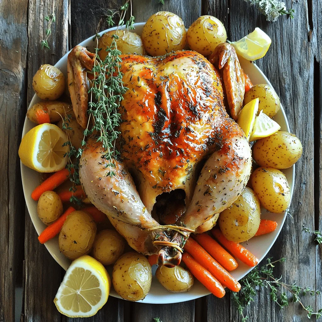 - 1 whole chicken (4-5 lbs) - 2 lemons (1 cut into wedges, 1 juiced) - 4 cloves garlic, minced - 1 bunch fresh thyme (about 10-12 sprigs) - 4 tablespoons olive oil - Salt and pepper to taste - 1 teaspoon paprika - 1 onion, quartered - 2 cups baby potatoes, halved - 1 cup carrot sticks Lemon thyme roasted chicken is a dish bursting with flavor. To make this meal, you need fresh ingredients. The whole chicken is the star. Choose one that weighs between 4 to 5 pounds for best results. Fresh lemons add brightness, while garlic gives depth. Thyme adds a lovely herbal note. Olive oil keeps the chicken moist. Salt and pepper season the dish. Paprika adds a hint of smokiness. Onions, potatoes, and carrots round out the dish and add color. - Additional herbs (rosemary, oregano) - White wine for added moisture These optional ingredients can boost flavor. Fresh herbs like rosemary or oregano can bring new notes. You might also add white wine to the roasting pan. This choice keeps the chicken juicy and adds a rich taste. For the full recipe, check out the detailed steps that follow. Enjoy cooking this delightful meal! - Preheat the oven to 425°F (220°C). - Rinse and dry the chicken. To start, preheating your oven ensures even cooking. A hot oven helps the skin get crispy while the inside stays juicy. Rinsing the chicken removes any unwanted residue. After that, pat it dry with paper towels. This step is key for a nice, crisp skin on your chicken. - Prepare the garlic and lemon marinade. - Apply marinade under chicken skin and outside. Next, mix the marinade. Combine minced garlic, juice from one lemon, olive oil, salt, pepper, and paprika. This mix will give the chicken a bright, zesty flavor. Now, gently lift the skin around the breast area. Spread some of the marinade underneath the skin for deeper flavor. Don't forget to rub the rest all over the outside. This extra step ensures every bite is flavorful. - Stuff chicken cavity with aromatics. - Arrange vegetables around the chicken in the roasting pan. - Baste and monitor cooking time for optimal results. Now it’s time for roasting. Stuff the chicken’s cavity with quartered onion, lemon wedges, and thyme. This adds even more flavor as it cooks. In a large roasting pan, toss halved baby potatoes and carrot sticks with olive oil, salt, and pepper. Lay them around the chicken in a single layer. Roast the chicken for about 1 hour and 15 minutes. Check the internal temperature; it should reach 165°F (75°C) at the thickest part of the thigh. Halfway through, baste the chicken with the pan juices. This keeps the skin crispy and adds moisture. Once it’s done, let the chicken rest for 10 minutes before carving. This allows the juices to settle, making it even juicier. For the full recipe, check the details above! Proper seasoning makes all the difference. It brings out the chicken's natural taste. Use salt and pepper generously, but don't overdo it. The marinade with garlic, lemon, and olive oil adds depth. When you rub it under the skin, it infuses the meat with flavor. Basting is key for crispy skin. Halfway through cooking, use the pan juices. Spoon the juices over the chicken. This keeps the meat moist and adds a lovely color. Repeat this every 20 minutes for the best result. Using a meat thermometer is crucial. It ensures your chicken is fully cooked. Aim for an internal temperature of 165°F (75°C) at the thickest part of the thigh. This keeps the meat juicy and safe to eat. Carving the chicken can be easy. Start by cutting the legs off. Then slice the breast meat. Use a sharp knife for clean cuts. Serve the pieces neatly on a platter for a lovely display. Serving suggestions can elevate your dish. Present the carved chicken on a large platter. Surround it with roasted vegetables for color and texture. Squeeze fresh lemon juice on top for extra brightness. Garnishing with fresh thyme adds a pop of green. It makes the dish look fresh and inviting. These little touches make your Lemon Thyme Roasted Chicken stand out. For more details, check the Full Recipe. {{image_2}} You can easily boost the taste of your Lemon Thyme Roasted Chicken. Try adding spices like rosemary or oregano. These herbs add extra depth to the dish. You might also consider a splash of white wine for moisture. Feel free to play with vegetables too! Instead of potatoes and carrots, why not use sweet potatoes or bell peppers? These swaps can change the flavor and make it fun. If you want a different cooking style, consider a slow cooker version. This method keeps the chicken tender and juicy. Just place the chicken and veggies in the slow cooker. Cook on low for 6-8 hours for a hands-off meal. Grilling is a great option in summer. Use your favorite grill and cook the chicken over medium heat. This method gives you a crispy skin and a smoky flavor. If you need gluten-free options, you’re in luck! This recipe is naturally gluten-free, so no changes are needed. For those on a low-carb diet, skip the potatoes. You can replace them with zucchini or cauliflower. Both options keep the dish light and tasty. For the complete recipe, check the [Full Recipe]. To keep your Lemon Thyme Roasted Chicken fresh, use the following tips: - Store leftovers in the fridge within two hours of cooking. - Place chicken in an airtight container to prevent drying. - Keep leftover vegetables in a separate container to maintain their quality. To enjoy your chicken again, follow these steps: - Preheat your oven to 350°F (175°C). - Place the chicken in a baking dish, cover it with foil. - Heat for about 20-25 minutes until warmed through. - For crispy skin, remove the foil for the last 5 minutes. If you have leftover chicken, try these ideas: - Shred it for chicken salad or sandwiches. - Add it to soups or stir-fries for extra flavor. - Toss it with pasta and your favorite sauce. To freeze cooked chicken properly, do this: - Allow the chicken to cool completely before freezing. - Wrap it tightly in plastic wrap, then place it in a freezer bag. - Label the bag with the date for easy tracking. When you're ready to use frozen chicken: - Thaw it in the fridge overnight for the best results. - You can also use the microwave, but be careful not to cook it. - Once thawed, use it within two to three days for best taste. For more details on making this dish, check the Full Recipe. You should check the internal temperature of the chicken. Use a meat thermometer. The safe temperature is 165°F (75°C). Measure it in the thickest part of the thigh. If it reads that temperature, your chicken is ready to eat. This ensures the chicken is juicy and safe. Yes, you can make the marinade a day before. Just mix the garlic, lemon juice, olive oil, salt, pepper, and paprika. Store it in the fridge. This helps the flavors meld together. When you're ready, take it out and coat the chicken. A head start makes cooking easier. I love serving roasted vegetables with this dish. Baby potatoes and carrots are perfect choices. You can also add a fresh salad. A light lemon vinaigrette complements the chicken well. For a hearty touch, consider rice or quinoa. Each option adds a new flavor to the meal. Absolutely! This recipe is great for meal prep. You can store leftovers in the fridge for up to four days. The chicken stays juicy, and the flavors deepen over time. Just reheat in the oven for the best results. You can also use it in salads or wraps for lunch. Yes, using chicken parts works well too. Adjust the cooking time based on the parts. Thighs and drumsticks take about 35-45 minutes at 425°F (220°C). Breasts cook faster, around 25-30 minutes. Always check the internal temperature to ensure they are fully cooked. Enjoy the same great flavors with this method. Cooking Lemon Thyme Roasted Chicken is simple and rewarding. You now have a complete guide that covers all the key steps. From the list of fresh ingredients to the roasting techniques, every part matters. Remember to adapt flavors and try different cooking methods. Store and reheat leftovers properly for best taste. Enjoy this dish at your table. It's perfect for gatherings or meal prep. Happy cooking, and may every bite bring joy!
