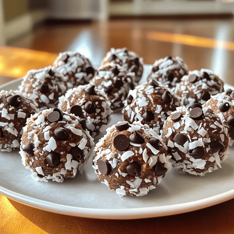 - 1 cup rolled oats - 1/2 cup creamy almond butter - 1/4 cup honey or maple syrup - 1/4 cup unsweetened cocoa powder - 1/2 cup shredded unsweetened coconut - 1/4 cup dark chocolate chips - 1 teaspoon vanilla extract - A pinch of sea salt These ingredients come together to create a delicious energy bite. Each one plays a key role in flavor and texture. The rolled oats give a hearty base, while the almond butter adds creaminess. Honey or maple syrup adds sweetness. Unsweetened cocoa powder provides that rich chocolate taste, and the coconut adds a chewy texture. Dark chocolate chips give a burst of flavor in every bite. Each energy bite has about 100 calories. They are packed with fiber from oats and healthy fats from almond butter. The cocoa powder gives antioxidants, which are good for your body. You also get vitamins and minerals like magnesium and iron from these ingredients. If you don’t have almond butter, you can use peanut butter or sunflower seed butter. For a sweetener, you can replace honey with agave syrup or brown rice syrup. These swaps keep the recipe tasty and healthy while fitting your needs. Mixing the base ingredients Start by taking a mixing bowl. Add 1 cup of rolled oats, 1/2 cup of creamy almond butter, and 1/4 cup of honey or maple syrup. Stir these items together until they blend well. This creates a sticky and thick base. Incorporating dry ingredients Next, add dry ingredients to the bowl. Use 1/4 cup of unsweetened cocoa powder, 1/2 cup of shredded unsweetened coconut, 1/4 cup of dark chocolate chips, 1 teaspoon of vanilla extract, and a pinch of sea salt. Mix everything until it's evenly combined. Your mixture should look rich and chocolatey. How to roll them into balls Once your mixture is ready, it’s time to form the energy bites. Wet your hands slightly to keep the mixture from sticking. Take a small amount of the mix and roll it into a ball about 1 inch in diameter. Repeat this until all the mixture is shaped into balls. Best practices for even sizing To ensure even sizing, use a small cookie scoop or tablespoon. This method keeps your bites uniform. Uniform bites look good and help with cooking times, so they all firm up nicely. Refrigeration time After rolling the bites, place them on a parchment-lined baking sheet or plate. Put them in the fridge for about 30 minutes. This step firms them up, making them easier to eat. Proper storage techniques After they set, store your energy bites in an airtight container. Keep them in the fridge for up to a week. If you want them to last longer, you can also freeze them. They make a great snack anytime! For the full recipe, check the section above. To make great energy bites, you need the right consistency. The mixture should stick together but not be too wet. If it feels dry, add a small amount of almond butter or honey. If it's too wet, add more oats. This balance makes the bites hold their shape. To avoid stickiness, wet your hands before rolling the mixture. This simple trick helps the mixture glide easily. You can also coat your hands in cocoa powder to reduce sticking. These energy bites make a great snack or dessert. You can serve them plain or drizzle with melted dark chocolate. They look fancy and taste delicious! Pair them with a cold glass of almond milk or herbal tea. The flavors blend well and create a tasty experience. You can prepare these energy bites in bulk. Just double the recipe and make extra to enjoy later. They store well in the fridge for about a week. For long-term storage, freeze the bites. Place them in a single layer on a baking sheet. Once frozen, transfer them to an airtight container. They can last for up to three months in the freezer. When you want some, just take out what you need! {{image_2}} You can make these energy bites even better by adding flavor. Here are two easy ways: - Nuts or seeds for crunch: Add chopped almonds, walnuts, or pumpkin seeds. They give a nice crunch and extra nutrition. - Dried fruits for sweetness: Try adding raisins, dates, or cranberries. They add natural sweetness and chewiness. Mix and match these add-ins to create your favorite flavor. You can also play with different types of cocoa: - Using dark vs. milk chocolate: Dark chocolate gives a richer taste, while milk chocolate is sweeter. Choose what you love best. - Raw cocoa vs. cocoa powder: Raw cocoa is less processed and has a strong flavor. Regular cocoa powder works well too, so use what you have. Experiment with these options to find your favorite chocolate level. These energy bites can fit many diets: - Vegan or gluten-free options: Use maple syrup instead of honey for vegan bites. You can also ensure your oats are gluten-free. - Lower-calorie variations: Use less honey or substitute with a sugar-free sweetener. This change can help reduce calories. Feel free to adjust the recipe to meet your diet needs. Enjoy your tasty, healthy snacks! For the complete recipe, check out the Full Recipe. Store your Chocolate Coconut Energy Bites in an airtight container. This keeps them fresh and tasty. I recommend using a glass or plastic container with a tight lid. You should store them in the fridge for the best flavor and texture. They can last in the pantry, but they won’t stay fresh as long. If stored in the fridge, these bites can last about a week. Look for signs of spoilage, such as a change in smell or texture. If they feel sticky or look dry, it’s time to toss them. Freezing these energy bites is easy. Here’s how: 1. After forming them, lay the bites on a baking sheet. 2. Place the sheet in the freezer for about 1-2 hours until they freeze solid. 3. Once frozen, transfer them to an airtight freezer bag or container. To thaw, take out the number you want. Let them sit at room temperature for about 15-30 minutes. Enjoy them as a quick snack! For the full recipe, check out the section above. To make chocolate coconut energy bites, follow these simple steps: 1. Mix the Base: In a bowl, combine rolled oats, creamy almond butter, and honey or maple syrup. Stir until smooth. 2. Add Dry Ingredients: Mix in unsweetened cocoa powder, shredded coconut, dark chocolate chips, vanilla extract, and a pinch of sea salt. Blend well. 3. Form the Bites: Use your hands to roll the mixture into small balls, about 1 inch wide. 4. Chill: Place the energy bites on a lined tray and chill in the fridge for 30 minutes. 5. Store: Once firm, keep the bites in an airtight container in the fridge. You can find the full recipe for this delicious treat above. These energy bites offer several health perks: - High in Fiber: Rolled oats boost digestion and keep you full. - Healthy Fats: Almond butter provides good fats for energy and heart health. - Natural Sweeteners: Honey or maple syrup adds natural sweetness without refined sugars. - Antioxidants: Cocoa powder and dark chocolate are rich in antioxidants, which may help fight free radicals. Yes, you can find ready-made chocolate coconut energy bites online and in stores. Look in health food shops or the snack aisle of your local grocery store. Many brands offer tasty options, making it easy to grab a quick snack on the go. Chocolate coconut energy bites last about a week when stored correctly. Keep them in an airtight container in the fridge. If you notice any change in smell or texture, it’s best to discard them to ensure safety. You learned how to make Chocolate Coconut Energy Bites step by step. We covered ingredients, their nutrition, and variations. Making them is fun and quick. You can even store or freeze them for later use. With these tips, you'll create tasty snacks that fit your needs. Enjoy your delicious bites knowing they are good for you!