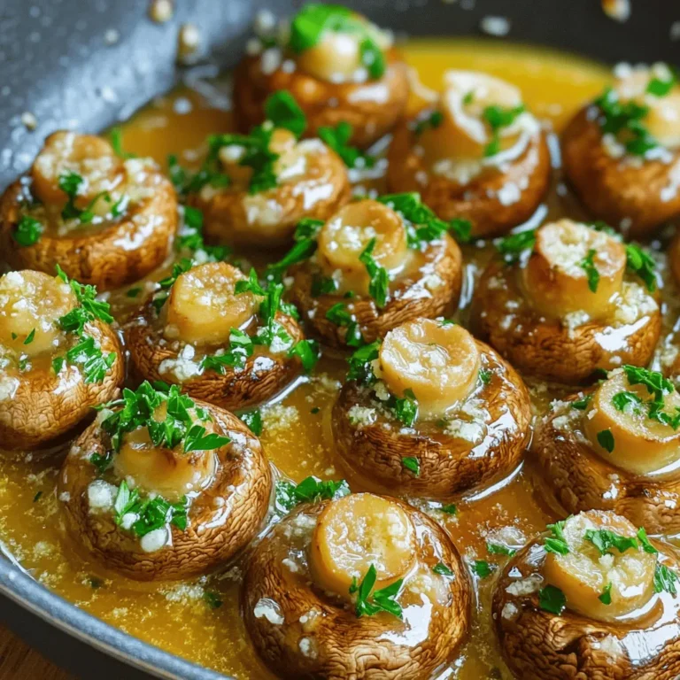 - 500g fresh button mushrooms, cleaned and stems trimmed - 4 tablespoons unsalted butter - 4 cloves garlic, minced - 1 teaspoon fresh thyme leaves (or ½ teaspoon dried thyme) - 1 tablespoon soy sauce - 1 tablespoon lemon juice - Salt and pepper to taste - Fresh parsley, chopped for garnish - Grated Parmesan cheese for serving (optional) Measuring ingredients accurately helps in cooking. For mushrooms, use a kitchen scale. This ensures you have the right amount for perfect flavor. Use tablespoons for butter and sauces. A teaspoon works well for herbs. This way, everything mixes nicely. Fresh herbs bring bright flavor to dishes. Thyme adds earthiness and depth. Dried herbs are handy when fresh isn’t available. They last longer but have less flavor. For this recipe, I prefer fresh thyme. It enhances the taste of garlic butter mushrooms. Use dried thyme if fresh is not an option. Adjust the amount since dried herbs are stronger. First, gather your ingredients. You will need fresh button mushrooms, butter, and garlic. Clean the mushrooms under cold water. Use a paper towel to dry them. Trim off any tough stems. This step helps keep the mushrooms tender. Next, heat a large skillet over medium heat. Add 4 tablespoons of unsalted butter. Watch as the butter melts and starts to foam. Once melted, add 4 cloves of minced garlic. Stir for about 1 minute. The garlic should smell great but not brown. Now, raise the heat to medium-high. Add the cleaned mushrooms to the skillet. Stir well to coat them in the garlic butter. Cook the mushrooms for about 5 to 7 minutes. Stir them occasionally. They should turn golden brown and become tender. Add 1 teaspoon of fresh thyme leaves, 1 tablespoon of soy sauce, and 1 tablespoon of lemon juice. Stir everything together and let it cook for another 2 to 3 minutes. The flavors will mix well during this time. Season with salt and pepper to your taste. When ready, remove the skillet from heat. Transfer the mushrooms to a serving dish. Garnish with chopped parsley for a pop of color. If you want, sprinkle some grated Parmesan cheese on top. This adds a nice touch to your garlic butter mushrooms. Enjoy your meal! For the complete recipe, check the Full Recipe. To boost flavor in garlic butter mushrooms, use fresh herbs. Fresh thyme adds a nice touch. You can also try adding a splash of white wine for depth. A hint of soy sauce deepens the umami taste. Lemon juice brightens the dish and balances the richness. One common mistake is overcrowding the pan. This causes mushrooms to steam instead of brown. Cook in batches if needed. Another mistake is cooking the garlic too long. Garlic should be fragrant, not burnt. Lastly, skip the salt until the end. This keeps mushrooms juicy and flavorful. Use medium heat for melting butter. It helps prevent burning. Once you add the mushrooms, increase to medium-high. This helps them brown nicely. Stir often to ensure even cooking. Cook until mushrooms are tender and golden brown. This should take about 5 to 7 minutes. For full details, check the Full Recipe. {{image_2}} You can use many types of mushrooms for garlic butter mushrooms. Each type gives a unique taste and texture. Here are some options: - Button mushrooms: These are the classic choice. They are mild and absorb flavors well. - Cremini mushrooms: These are brown button mushrooms. They have a deeper flavor and are great for a richer dish. - Portobello mushrooms: Use these for a meaty texture. They work well if you want a heartier meal. - Shiitake mushrooms: These add a nice, earthy taste. They can bring a new twist to your dish. You can change this recipe with seasonal ingredients. Here are some ideas: - Spring: Add fresh peas or asparagus for a pop of color and sweet flavor. - Summer: Toss in cherry tomatoes for a juicy burst and fresh taste. - Fall: Mix in roasted pumpkin or squash for a warm and cozy touch. - Winter: Add some cooked kale or spinach for a healthy boost. Garnishes and seasonings can change the flavor of your dish. Here are some fun options: - Herbs: Try fresh basil, rosemary, or chives for a fresh kick. - Nuts: Add toasted pine nuts or walnuts for crunch and richness. - Cheese: Use feta or goat cheese for a tangy twist instead of Parmesan. - Spices: Sprinkle some red pepper flakes for heat or smoked paprika for depth. You can find the Full Recipe to explore these variations and enjoy garlic butter mushrooms in new ways! After enjoying your garlic butter mushrooms, let them cool. Place them in an airtight container. Make sure to store them in the fridge. They will stay fresh for about 3 to 5 days. If you want to keep them longer, consider freezing them. To reheat, the best method is on the stove. Add a splash of water or broth to the pan. Heat over low until warmed through. You can also use the microwave. Place them in a microwave-safe dish and cover it. Heat in 30-second intervals until hot. To freeze, pack cooled mushrooms in a freezer bag. Remove as much air as possible before sealing. They can last up to 2 months in the freezer. When ready to eat, thaw them in the fridge overnight. Then, reheat them as mentioned above. For the full recipe, check out the [Full Recipe]. The best mushrooms for garlic butter are button mushrooms. They have a mild taste and good texture. You can also use cremini or shiitake mushrooms for more flavor. These types absorb garlic butter well and turn golden brown. If you want a stronger taste, try portobello mushrooms. They are large and meaty, making them perfect for this dish. Yes, you can make this recipe vegan. Swap the butter for vegan butter or olive oil. Use tamari instead of soy sauce for a gluten-free option. The taste will still be rich and tasty. You can also add nutritional yeast for a cheesy flavor without dairy. This way, you keep all the deliciousness without the animal products. Garlic butter mushrooms last about 3 to 5 days in the fridge. Store them in an airtight container to keep them fresh. Before serving, reheat them in a skillet. This restores their flavor and texture. For best results, eat them within a few days to enjoy their full taste. If you want to keep them longer, consider freezing them. This blog post covered key ingredients and their measurements for garlic butter mushrooms. You learned how to prepare and cook mushrooms, along with tips to enhance flavor. I shared common mistakes to avoid and variations to try. Storing methods for leftovers ensure your dish lasts longer. Overall, making garlic butter mushrooms is easy and fun. Experiment with different mushrooms and flavors to find your favorite twist. Enjoy the tasty results!